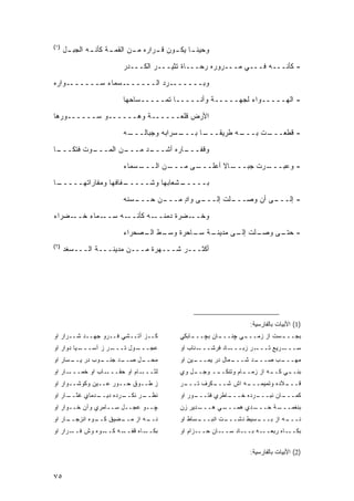 ‫)١(‬
      ‫ـل‬
       ‫ـﺔ ـﻪ ﺍﻟﺠﺒـ‬
              ‫ﻭﺤﻴﻨ ـﺎ ـﻭﻥ ـﺭﺍﺭﻩ ـﻥ ﺍﻟﻘﻤـ ﻜﺄﻨـ‬
                          ‫ﻤـ‬    ‫ﹰـ ﻴﻜـ ﻗـ‬

                       ‫- ﻜﺄﻨـــﻪ ﻓـــﻲ ﻤـــﺭﻭﺭﻩ ﺭﺤـــﺎﺓ ﺘﺜﻴـــﺭ ﺍﻟﻜـــﺩﺭ‬
‫ﻭ ‪‬ـــــــﺭﺩ ﺍﻟـــــــﺴﻤﺎﺀ ﺴـــــــﻭﺍﺭﻩ‬
                            ‫‪‬‬       ‫ﺒ‬

                       ‫- ﺍﻟﻬـــــﻭﺍﺀ ﻟﺠﻬـــــﺔ ﻭﺃﻨـــــﺎ ﺘﻤـــــﺴﺎﺤﻬﺎ‬
‫ﺍﻷﺭﺽ ﻗﻠﻌــــــﺔ ﻭﻫــــــﻭ ﺴــــــﻭﺭﻫﺎ‬
                       ‫ـﻪ‬
                        ‫ـﺴﺭﺍﺒﻪ ﻭﺠﺒﺎﻟـــ‬
                                      ‫ـﻪ ﻁﺭﻴﻘ ـﺎ ﺒـــ‬
                                            ‫ﹰـــ‬    ‫ـﺕ ﺒـــ‬
                                                          ‫- ﻗﻁﻌـــ‬

‫ـﻭﺕ ﻓﺘﻜ ـﺎ‬
 ‫ﹰـــ‬    ‫ـﻥ ﺍﻟﻤـــ‬
                 ‫ـﺩ ﻤـــ‬
                       ‫ـﺎﺭﻩ ﺃﺸـــ‬
                                ‫ﻭﻗﻔـــ‬

                       ‫ـﺴﻤﺎﺀ‬
                           ‫ـﻥ ﺍﻟـــ‬
                                  ‫ـﻰ ﻤـــ‬
                                        ‫ـﺎﻻ ﺃﻋﻠـــ‬
                                               ‫ـﺭﺕ ﺠﺒـــ ﹰ‬
                                                         ‫- ﻭﻋﺒـــ‬
‫ـﺎ‬
 ‫ـﻔﺎﻓﻬﺎ ﻭﻤﻔﺎﺭﺍﺘﻬـــــ‬
                    ‫ـﺸﻌﺎﺒﻬﺎ ﻭﺸـــــ‬
                                  ‫ﺒـــــ‬
                       ‫ـﺴﻨﻪ‬
                          ‫ـﻥ ﺤـــ‬
                                ‫ـﻰ ﻭﺍﺩ ﻤـــ‬
                                     ‫ٍ‬    ‫ـﻠﺕ ﺇﻟـــ‬
                                                  ‫ـﻰ ﺃﻥ ﻭﺼـــ‬
                                                            ‫- ﺇﻟـــ‬
‫ـﻀﺭﺍﺀ‬‫ـﻤﺎﺀ ﺨــ‬‫ـﻪ ﺴــ‬‫ـﻪ ﻜﺄﻨــ‬‫ـﻀﺭﺓ ﺩﻤﻨــ‬‫ﻭﺨــ‬
                       ‫ـﻁ ـﺼﺤﺭﺍﺀ‬
                            ‫ـﺔ ـﺎﺤﺭﺓ ﻭﺴـ ﺍﻟـ‬
                                        ‫ـﻠﺕ ـﻰ ﻤﺩﻴﻨـ ﺴـ‬
                                                  ‫- ـﻰ ﻭﺼـ ﺇﻟـ‬
                                                           ‫ﺤﺘـ‬
‫)٢(‬
      ‫ﺃﻜﺜـــﺭ ﺸـــﻬﺭﺓ ﻤـــﻥ ﻤﺩﻴﻨـــﺔ ﺍﻟـــ ‪‬ﻐﺩ‬
        ‫ﺴ‬




                                                              ‫)1( ﺍﻷﺒﻴﺎﺕ ﺒﺎﻟﻔﺎﺭﺴﻴﺔ:‬
‫ﻜــﺯ ﺁﺘــﺸﻲ ﻓــﺭﻭ ﺠﻬــﺩ ﺸــﺭﺍﺭ ﺍﻭ‬     ‫ـﺎﺒﻜﻲ‬
                                          ‫ـﺎﻥ ﺒﭽـــ‬
                                                  ‫ـﻲ ﭽﻨـــ‬
                                                         ‫ﺒﺠــ ـﺴﺕ ﺍﺯ ﺯﻤـــ‬
                                                                    ‫ـ‬
‫ـﻴﺎ ﺩﻭﺍﺭ ﺍﻭ‬
          ‫ـﺭ ﺯ ﺁﺴـــ‬
                   ‫ـﻭل ﺘـــ‬
                          ‫ﻋﺠـــ‬       ‫ـﻨﺎﺏ ﺍﻭ‬‫ـﺎﺩ ﻓﺭﺸـــ‬‫ـﺭ ﺯﺒـــ‬‫ـﺭﻴﻊ ﺘـــ‬‫ﺴـــ‬
‫ـﻭﺏ ﺩﺭ ـﺴﺎﺭ ﺍﻭ‬
      ‫ﻴــ‬    ‫ـﺩ ﺠﻨــ‬
                   ‫ـل ﺼــ‬
                        ‫ﻤﺤــ‬          ‫ـﻴﻥ ﺍﻭ‬
                                           ‫ـﻤﺎل ﺩﺭ ﻴﻤـــ‬
                                                       ‫ـﺩ ﺸـــ‬
                                                             ‫ـﺏ ﺼـــ‬
                                                                   ‫ﻤﻬـــ‬
‫ـﺎﺭ ﺍﻭ‬‫ـﺎﺏ ﺍﻭ ﺨﻤـــ‬‫ـﺎﻡ ﺍﻭ ﺤﻘـــ‬‫ﻟﺜـــ‬   ‫ﺒﻨـ ـﻲ ﻜـ ـﻪ ﺍﺯ ﺯﻤـ ـﺎﻡ ﻭﺘﻨﻜـ ــ ﻭﺠـ ـل ﻭﻱ‬
                                                 ‫ـ‬         ‫ـ‬         ‫ـ‬     ‫ـ‬
‫ﺯ ﻁــﻭﻕ ﺤــﻭﺭ ﻋــﻴﻥ ﻭﻜﻭﺸــﻭﺍﺭ ﺍﻭ‬      ‫ـﺭ‬
                                       ‫ـﻜﺭﻑ ﺘـــ‬
                                               ‫ـﻪ ﺍﺵ ﺸـــ‬
                                                        ‫ـﻼﺩﻩ ﻭﺘﻤﻴﻤـــ‬
                                                                    ‫ﻗـــ‬
‫ـﺎﺭ ﺍﻭ‬
     ‫ـﺩﻤﺎﻱ ﻏﺜــ‬
              ‫ـﺭ ﻨ ـﺭﺩﻩ ﺩﻴــ‬
                      ‫ﻨﻅــ ﻜــ‬        ‫ـﻭﺭ ﺍﻭ‬
                                           ‫ـﺎﻁﺭﻱ ﻓﺘـــ‬
                                                     ‫ـﺭﺩﻩ ﺨـــ‬
                                                             ‫ـﺎﻥ ﻨﺒـــ‬
                                                                     ‫ﻜﻤـــ‬
‫ﭽــﻭ ﻋﺠــل ﺴــﺎﻤﺭﻱ ﻭﺁﻥ ﺨــﻭﺍﺭ ﺍﻭ‬      ‫ـﺩﻴﺭ ﺯﻥ‬
                                            ‫ـﻲ ﻫـــ‬
                                                  ‫ـﺩﻱ ﻫﻤـــ‬
                                                          ‫ـﺔ ﺤـــ‬
                                                                ‫ﺒﻨﻐﻤـــ‬
‫ـﺎﺭ ﺍﻭ‬
     ‫ـﻀﻴﻕ ـﻭﻩ ﺍﻨﺯﺠــ‬
              ‫ﻜــ‬  ‫ـﻪ ﺍﺯ ﻤــ‬
                           ‫ﻨــ‬        ‫ـﺴﺎﻁ ﺍﻭ‬
                                            ‫ـﺕ ﺍﻨﺒـــ‬
                                                    ‫ـﺴﻴﻁ ﺩﺸـــ‬
                                                             ‫ـﻪ ﺍﺯ ﺒـــ‬
                                                                      ‫ﻨـــ‬
‫ـﺭﺍﺭ ﺍﻭ‬‫ـﻭﻩ ﻭﺵ ﻓــ‬‫ـﻪ ﻜــ‬‫ـﺎﻩ ﻗﻔــ‬‫ﺒﻜــ‬   ‫ﺒﻜـــﺎﻩ ﺭﺒﻌـــﻪ ﺒـــﺎﺩ ﺴـــﺎﻥ ﺤـــﺯﺍﻡ ﺍﻭ‬

                                                              ‫)2( ﺍﻷﺒﻴﺎﺕ ﺒﺎﻟﻔﺎﺭﺴﻴﺔ:‬


‫٥٧‬
 