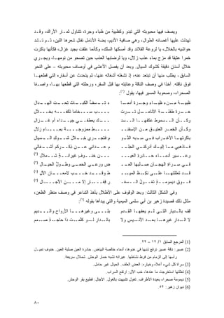 ‫ﻭﻴﺼﻑ ﻓﻴﻬﺎ ﻤﺤﺒﻭﺒﺘﻪ ﺍﻟﺘﻲ ﺘﺒﺩﻭ ﻭﻜﻅﺒﻴﺔ ﻤﻥ ﻅﺒﺎﺀ ﻭﺠﺭﺓ، ﺘﺘﻨﺎﻭل ﺜﻤـﺎﺭ ﺍﻷﺭﺍﻙ، ﻭﻗـﺩ‬
‫ﺘﻬ ‪‬ﻟﺕ ﻋﻠﻴﻬﺎ ﺃﻏﺼﺎﻨﻪ ﺍﻟﻁﻭﺍل، ﻭﻫﻲ ﺼﺎﻓﻴﺔ ﺍﻷﺩﻴﻡ، ﺒﻀﺔ ﺍﻷﻨﺎﻤل ﺘﻔﺘل ﺸﻌﺭﻫﺎ ﺍﻟﻠﻴﻥ، ﺜـﻡ ﺘـﺸﺩ‬
                                                                              ‫ﺩ‬
‫ﺤﻭﺍﺸﻴﻪ ﺒﺎﻟﺨﻼل، ﻴﺎ ﻟﺭﻭﻋﺔ ﺍﻟﻘﻼﺌﺩ ﻭﻗﺩ ﺃﻤﺴﻜﻬﺎ ﺍﻟﺴﻠﻙ، ﻭﻜﺄﻨﻤﺎ ﻋﻠﻘﺕ ﺒﺠﻴﺩ ﻏﺯﺍل، ﻓﻜﺄﻨﻬﺎ ﺒﺎﻜﺭﺕ‬
‫ﺨﻤ ‪‬ﺍ ﻋﺘﻴ ﹰﺎ ﻗﺩ ﻤﺯﺝ ﺒﻤﺎﺀ ﻋﺫﺏ ﺯﻻل، ﻭﻴﺎ ﻟﺭﻀﺎﺒﻬﺎ ﺍﻟﻌﺫﺏ ﺤﻴﻥ ﺘﺼﺤﻭ ﻤﻥ ﻨﻭﻤﻬـﺎ، ﻭﻴﺠـﺭﻱ‬
                                                                   ‫ﻘ‬      ‫ﺭ‬
‫ﺨﻼل ﺃﺴﻨﺎﻥ ﺩﻗﻴﻘﺔ ﻜﺸﻭﻙ ﺍﻟﺴ ‪‬ﺎل. ﻭﺒﻌﺩ ﺃﻥ ﻴﻔﺼل ﺍﻷﻋﺸﻰ ﻓﻲ ﺃﻭﺼﺎﻑ ﻤﺤﺒﻭﺒﺘﻪ – ﻋﻠﻰ ﺍﻟﻨﺤﻭ‬
                                                 ‫‪‬ﻴ ِ‬
‫ﺍﻟﺴﺎﺒﻕ- ﻴﻁﻠﺏ ﻤﻨﻬﺎ ﺃﻥ ﺘﺒﺘﻌﺩ ﻋﻨﻪ، ﺇﺫ ﺘﺸﻐﻠﻪ ﺃﺸﻐﺎﻟﻪ ﻋﻨﻬﺎ، ﺜﻡ ﻴﺘﺤﺩﺙ ﻋﻥ ﺃﺴﻔﺎﺭﻩ ﺍﻟﺘﻲ ﻗﻁﻌﻬـﺎ‬
‫ﻓﻭﻕ ﻨﺎﻗﺘﻪ. ﺁﺨ ﹰﺍ ﻓﻲ ﻭﺼﻑ ﺍﻟﻨﺎﻗﺔ ﻭﻋﻨﺎﻴﺘﻪ ﺒﻬﺎ ﻗﺒل ﺍﻟﺴﻔﺭ، ﻭﺭﺤﻠﺘﻪ ﺍﻟﺘﻲ ﻗﻁﻌﻬﺎ ﺒﻬـﺎ، ﻭﺍﺼـ ﹰﺎ‬
 ‫ﻔ‬                                                                    ‫ﺫ‬
                                                   ‫ﺍﻟﺼﺤﺭﺍﺀ، ﻭﺼﻌﻭﺒﺔ ﺍﻟﻤﺴﻴﺭ ﻓﻴﻬﺎ، ﻴﻘﻭل )١(:‬
‫ـﺕ ﺍﻟﻬ ـ ‪‬ﺍل‬
  ‫ﺀ ـﺴﻑ ﺍﻟﻜﺒ ـﺎﺙ ﺘﺤــ ﹶ ‪‬ــ ﺩ‬
               ‫‪ ‬ﺘــ ‪ ‬ﱡ ‪‬ــ ﹶ‬                      ‫ﻅﺒ ـﺔ ﻤ ـﻥﺀ ﻅ ـﺎﺀ ﻭﺠ ـﺭﺓ ﺃﺩ ـﺎ‬
                                                     ‫ِﺒـ ِ ‪ ‬ـ ﹶ ‪‬ﻤـ‬    ‫ﹶ ‪‬ﻴـ ﹲ ِـ‬
‫ــــﺏ ‪‬ـــ ﹶﺎ ‪‬ﺎ ﹸﻜ ﹶـــﻪ ﺒﺨـــﻼل‬
‫ِ‬       ‫‪‬‬   ‫ﺨﻤ ﺘ ﻔ‬        ‫‪‬ﺴ‬                        ‫ـل ﺘ ـﺭﺕ‬
                                                      ‫ﺤ ـﺭﺓ ﻁﻔ ـﺔ ﺍﻷﻨﺎﻤــ ِ ﹸــ‬
                                                                    ‫‪‬ــ ‪ ‬ﹲ ﹶ ﹾﻠــ ﹸ‬
‫ـﺯﺍل‬
‫ـﻲ ﺠﻴ ـﺩﺍﺀ ﺃﻡ ﻏــ ِ‬
      ‫ـﻙ ِﻌﻁﻔــ ‪  ‬ــ ‪ ‬‬
                       ‫ـــ ‪ ‬ﺒ‬                      ‫ﻭﻜــﺄﻥ ﺍﻟــﺴﻤﻭﻁ ﻋﻜ ﹶﻬــﺎ ﺍﻟــﺴﺩ‬
                                                    ‫‪‬‬         ‫ﹶ ﻔ‬
‫ـــــﻁ ﻤﻤ ‪‬ﻭﺠــــﺔ ﺒﻤــــﺎﺀ ‪‬ﻻل‬
‫ٍﺯ ِ‬         ‫ﹰ‬      ‫ِ ﺯ‬                             ‫ﻭﻜـﺄﻥ ﺍﻟﺨﻤـﺭ ﺍﻟﻌﺘﻴـﻕ ﻤـﻥ ﺍﻹﺴﻔﻨــ‬
                                                     ‫ـ‬       ‫ـ ـ‬        ‫ـ ‪ ‬ﹶ‪ ‬‬
‫ـﺴ ‪‬ﺎل‬
‫ـﻭﻙ ﺍﻟــ ‪‬ﻴ ِ‬
          ‫ـﺭﻱ ﺨ ـﻼل ﺸــ ‪ِ ‬‬
                  ‫ِــ َ‬   ‫ﻡ ﻓﺘﺠــ‬
                                ‫ِ‬                   ‫ـﺭﺍﺏ ـﻲ ﺴ ـﺒﻪ ﺍﻟﻨ ـﻭ‬
                                                    ‫ﱠـ ‪‬‬     ‫ـﺎ ﺍﻷﻏـ ‪ ‬ﻓـ ِـ‬
                                                                           ‫ﺒﺎﻜﺭﺘﻬـ‬
‫ـﻐﺎﻟﻲ‬
    ‫ـﻥ ﺫ ـﺭ ﹸﻡ ﺃﺸــ‬
          ‫ﻡ ﻋ ـﺩﺍﻨﻲ ﻋــ ‪ِ ‬ﻜــ ﻜ‬
                           ‫‪ ‬ــ‬                    ‫ـﺎﺫﻫﺒﻲ ـﺎ ـﻙ ﺃﺩﺭ ـﻲ ﺍﻟﺤ ــ‬
                                                     ‫ِﻠـ‬    ‫ﻤـ ﺇﻟﻴـ ‪ ‬ﻜﻨـ‬   ‫ﻓـ‬
‫)٢(‬
      ‫ــ ـﻥ ﺨ ﹸـ ـﻭﻑ ﻏﻴ‪‬ﺭﺍﻨـ ـﺔ ﺸـ ـﻤﻼل‬
         ‫ـ‬    ‫ٍ‬        ‫ـ ﹶﻨ ـ ٍ ﹶ‬                   ‫ﻭﻋــﺴﻴﺭ ﺃﺩ ‪‬ــﺎﺀ ﺤــﺎ ِﺭﺓ ﺍﻟﻌﻴـــ‬
                                                            ‫ﺩ ِ‬      ‫‪‬‬   ‫‪‬ﻤ‬
‫)٣(‬
      ‫ـﻰ ـﻭل ﺍﻟﺤ ـﺎل‬
      ‫ﺽ ﻭﺭﻋ ـﻲ ﺍﻟﺤﻤـ ﻭﻁـ ُ ‪‬ﻴـ ِ‬
                        ‫‪  ‬ـ ‪‬‬                    ‫ـﺎﻥ ـﻠﺒﻬﺎ ﺍﻟﻌ ــ‬
                                                     ‫‪‬ـ‬        ‫ـﻲ ـ ‪‬ﺍﺓ ﺍﻟﻬﺠـ ِ ﺼـ‬
                                                                          ‫ﻓـ ﺴـ ﺭ ِ‬
‫)٤(‬
      ‫ـﺎﻥ ﺍﻵل‬
      ‫ـﺏ ﻻﻤﻌـــ ‪ِ ‬‬
                 ‫ـﺩ ﺨـــ ‪‬‬
                        ‫ﻁ ﻭﻗـــ ‪‬‬                   ‫ــ‬‫ـﺎ ـﻰ ﻨﻜ ـﻅ ﺍﻟﻤﻴـ‬
                                                            ‫ِـ ﹸ‬    ‫ـﺩ ﺘﻌﻠﻠﺘﻬـ ﻋﻠـ‬‫ﻗـ‬
‫)٥(‬
      ‫ـﺎل‬‫ـﻥ ﺍﻵﺠـــ‬‫ـﺎﺭ ﺇﻻ ﻤـــ‬
                          ‫ﺭ ِﻔـــ ٍ‬
                                ‫ِﻗ‬                  ‫ﻓـ ـﻭﻕ ﺩﻴﻤﻭﻤـ ـﺔ ﺘﻐـ ـ ‪‬ل ﺍﻟـ ـ ‪‬ﻔـ‬
                                                      ‫ﺴ‬       ‫ﻭُ‬       ‫ٍ‬           ‫ـ‬

‫ﻭﻓﻲ ﺍﻟﺸﻜل ﺍﻟﺜﺎﻟﺙ: ﻭﺒﻌﺩ ﺍﻟﻭﻗﻭﻑ ﻋﻠﻰ ﺍﻷﻁﻼل ﻴﺄﺨﺫ ﺍﻟﺸﺎﻋﺭ ﻓﻲ ﻭﺼﻑ ﻤﻨﻅﺭ ﺍﻟﻅﻌﻥ،‬
                           ‫ﻤﺜﺎل ﺫﻟﻙ ﻗﺼﻴﺩﺓ ﺯﻫﻴﺭ ﺒﻥ ﺃﺒﻲ ﺴﻠﻤﻰ ﺍﻟﻤﻴﻤﻴﺔ ﻭﺍﻟﺘﻲ ﻴﺒﺩﺃﻫﺎ ﺒﻘﻭﻟﻪ )٦(:‬
‫ﺒ ﹶــ ـﻰ ﻭﻏ ‪‬ﺭﻫــ ـﺎ ﺍﻷﺭﻭﺍﺡ ﻭﺍﻟــ ـ ‪‬ﻴﻡ‬
‫ﺩ‪ ‬‬        ‫‪‬‬       ‫ـ‬     ‫ﻴ‬     ‫‪‬ﻠ ـ‬                ‫ﻗﻑ ﺒﺎﻟـﺩﻴﺎﺭ ﺍﻟﺘـﻲ ﹶـﻡ ﻴﻌ ﹸﻬـﺎ ﺍﻟ ِـﺩﻡ‬
                                                    ‫ﻘ ‪‬‬        ‫ﻟ ‪ ‬ﻔ‬                  ‫ِ ﹾ‬
‫ـﺔ ﺼ ـﻤﻡ‬
‫ـ ‪‬ﺍﺭ ـﻭ ﻜﻠ ـﺕ ﺫﺍ ﺤﺎﺠـ ِ ‪‬ـ ‪ ‬‬
                 ‫ﺒﺎﻟـ ﺩ ﻟـ ﹶﱠﻤـ ﹸ‬                   ‫ـﻴﺱ ﻭﻻ‬
                                                       ‫ﻻ ـ ‪‬ﺍﺭ ﻏﻴ ـﺎ ﺒﻌ ـﺩ ﺍﻷﻨـ ِ‬
                                                              ‫ﺍﻟـ ﺩ ‪ ‬ﺭﻫـ ‪ ‬ـ ‪‬‬



                                                                ‫)1( ﺍﻟﻤﺭﺠﻊ ﺍﻟﺴﺎﺒﻕ ١/ ٢١ – ٢٢.‬
‫)2( ﻋﺴﻴﺭ: ﻨﺎﻗﺔ ﻋﺴﻴﺭ ﺘﺭﻓﻊ ﺫﻨﺒﻬﺎ ﻓﻲ ﻋﺩﻭﻫﺎ، ﺃﺩﻤﺎﺀ ﺨﺎﻟﺼﺔ ﺍﻟﺒﻴﺎﺽ. ﺤﺎﺩﺭﺓ ﺍﻟﻌﻴﻥ ﺼﻠﺒﺔ ﺍﻟﻌﻴﻥ. ﺨﻨﻭﻑ ﺘﻤﻴـل‬
                  ‫ﺭﺃﺴﻬﺎ ﺇﻟﻰ ﺍﻟﺯﻤﺎﻡ ﻤﻥ ﻓﺭﻁ ﻨﺸﺎﻁﻬﺎ. ﻋﻴﺭﺍﻨﻪ ﹸﺸﺒﻪ ﺤﻤﺎﺭ ﺍﻟﻭﺤﺵ. ﺸﻤﻼل ﺴﺭﻴﻌﺔ.‬
                                             ‫ﺘ‬
                                   ‫)3( ﺴﺭﺍﺓ ﻜل ﺸﻲﺀ ﺃﻋﻼﻩ ﻭﺨﻴﺎﺭﻩ: ﺍﻟﻌﺽ ﺍﻟﻌﻠﻑ. ﺍﻟﺤﻴﺎل ﻏﻴﺭ ﺤﺎﻤل.‬
                                                           ‫‪‬‬
                                           ‫)4( ﺘﻌﻠﻠﺘﻬﺎ ﺍﺴﺘﺨﺭﺠﺕ ﻤﺎ ﻋﻨﺩﻫﺎ، ﺨﺏ ﺍﻵل: ﺍﺭﺘﻔﻊ ﺍﻟﺴﺭﺍﺏ.‬
                   ‫)5( ﺩﻴﻤﻭﻤﺔ ﺼﺤﺭﺍﺀ ﺒﻌﻴﺩﺓ ﺍﻷﻁﺭﺍﻑ. ﺘﻐﻭل ﺘﺸﺒﻬﺕ ﺒﺎﻟﻐﻭل. ﺍﻵﺠﺎل: ﻗﻁﻴﻊ ﺒﻘﺭ ﺍﻟﻭﺤﺵ.‬
                                                                           ‫)6( ﺩﻴﻭﺍﻥ ﺯﻫﻴﺭ: ٢٥.‬


‫٠٨‬
 