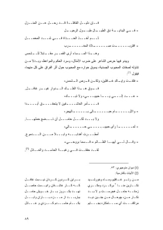 ‫ﻓــﺈﻥ ﺩﻟﻴــل ﺍﻟﻘﺎﻓﻠــﺔ ﻗــﺩ ﺭﺤــل ﻋــﻥ ﺍﻟﻤﻨــﺯل‬

                           ‫ـل‬
                            ‫ـﻭل ﺍﻟﺭﺤﻴــ‬
                                      ‫ـﺎل ﻁﺒــ‬
                                             ‫ـﺔ ﺩﻕ ﺍﻟﻁﺒــ‬
                                                        ‫- ـﻲ ﺍﻟﺒﺩﺍﻴــ‬
                                                                  ‫ﻓــ‬
‫ﺜـــﻡ ﺃﺨـــﺫ ﺍﻟﺤـــﺩﺍﺓ ﻓـــﻲ ﺸـــﺩ ﺍﻟﻤﺤﻤـــل‬

                           ‫ـﺭﺏ‬
                             ‫ـﻼﺓ ﺍﻟﻤﻐــــــ‬
                                          ‫ـﺕ ﺼــــــ‬
                                                   ‫- ﺍﻗﺘﺭﺒــــــ‬
‫ـﺸﻤﺱ‬
   ‫ـﺎﺒﻼ ﻟﻠــ‬
        ‫ـﺭ ﻤﻘــ ﹰ‬
                ‫ـﺴﺎﺀ ﺃﺭﻯ ﺍﻟﻘﻤــ‬
                              ‫ـﺫﺍ ﺍﻟﻤــ‬
                                      ‫ﻭﻫــ‬

‫ﻭﻴﺒﺩﻭ ﻓﻴﻬﺎ ﺤﺭﺹ ﺍﻟﺸﺎﻋﺭ ﻋﻠﻰ ﻀﺭﺏ ﺍﻷﻤﺜﺎل، ﻭﺴﺭﺩ ﺍﻟﺤﻜﻡ ﻭﺍﻟﻤﻭﺍﻋﻅ، ﻭﺒـﺩﻻ ﻤـﻥ‬
    ‫ﹰ‬
‫ﺘﻨﺎﻭﻟﻪ ﻟﺼﻔﺎﺕ ﺍﻟﻤﺤﺒﻭﺏ ﺍﻟﺠﺴﺩﻴﺔ، ﻴﺴﻭﻕ ﺤﻭﺍﺭﻩ ﻤﻊ ﺍﻟﻤﺤﺒﻭﺏ ﺤﻭل ﺃﺜﺭ ﺍﻟﻔﺭﺍﻕ ﻋﻠﻰ ﻜل ﻤﻨﻬﻤﺎ،‬
                                                                         ‫ﻓﻴﻘﻭل )١(:‬
                           ‫ـﻥ ـﺭﺹ ـﺸﻤﺱ،‬
                               ‫ﺍﻟـ‬ ‫- ـﺕ ـﺎﻙ ـﺎﻓﻠﻴﻥ، ﻭﻟﻜـ ﻗـ‬
                                                 ‫ﻓﻜﻨـ ﹸ ﻭﺇﻴـ ِ ﻏـ‬
‫ـل.‬
  ‫ـﺭ ﻏﺎﻓــ‬
         ‫ـﺩﻭﺍﺭ ﻏﻴــ‬
                  ‫ـﻙ ﺍﻟــ‬
                        ‫ـﺫﺍ ﺍﻟﻔﻠــ‬
                                 ‫ـﻭﻕ ﻫــ‬
                                       ‫ﻓــ‬
                           ‫ـﻙ،‬
                             ‫ـﻲ، ﻭﻻ ﺘﺒـــ‬
                                        ‫ـﺎ ﺤﺒﻴﺒـــ‬
                                                 ‫ـﻲ ﻴـــ‬
                                                      ‫ـﺩ ﺇﻟـــ ‪‬‬
                                                               ‫- ﻋـــ‬

‫ـ ‪‬ﺍ‬
 ‫ـﻕ ﺃﺒــــ ﺩ‬
           ‫ـﻘﻴﻥ ﻻ ﻴﺘﺤﻘــــ‬
                         ‫ـﺄﻤﺭ ﺍﻟﻌﺎﺸــــ‬
                                      ‫ﻓــــ‬
                           ‫ـﺎﻟﻬﺠﺭ،‬
                                 ‫ـﺎﻟﻰ ﺒــــــ‬
                                            ‫ـﺎﻡ ‪‬ﺒــــــ‬
                                                   ‫- ﻭﺍﻷﻴــــــ ﺤ‬
‫ﻭﻻ ﺒـــﺩ ﻟﻜـــل ﺤﺎﻤـــل ﺃﻥ ﺘـــﻀﻊ ﺤﻤﻠﻬـــﺎ.‬
                           ‫ـﺎﻟﻲ،‬
                               ‫ـﻲ ﺤــــــ‬
                                        ‫ـﺎ ﺭﺃﻯ ﺤﺒﻴﺒــــــ‬
                                                        ‫- ﻟﻤــــــ‬
‫ﺃﻤﻁـــﺭﺕ ﺃﻫﺩﺍﺒـــﻪ ﻭﺍﺒـــﻼ ﻤـــﻥ ﺍﻟـــﺩﻤﻭﻉ.‬
                 ‫ﹰ‬

                           ‫- ﻭﻗــﺎل ﻟــﻲ ﺃﻴﻬــﺎ ﺍﻟﻅــﺎﻟﻡ – ﻗــﺴ ‪‬ﺎ ﺒﺭﻭﺤــﻲ-‬
                                     ‫ﻤ‬

‫ﻟﻘــﺩ ﺤﻘﻘــﺕ ﻓــﻲ ﺭﻏﺒــﺔ ﺍﻟﺤﺎﺴــﺩ ﻭﺍﻟﻌــﺎﺫل )٢(.‬
                               ‫‪‬‬



                                                            ‫)1( ﺩﻴﻭﺍﻥ ﻤﻨﻭﺠﻬﺭﻱ: ٣٥.‬
                                                               ‫)2( ﺍﻷﺒﻴﺎﺕ ﺒﺎﻟﻔﺎﺭﺴﻴﺔ:‬

‫ـل‬‫ـﺭﺍﻴﻥ ـﺭﺩﻭﻥ ـﺭﺩﺍﻥ ـﺴﺕ ﻏﺎﻓـ‬
          ‫ﻨﻴـ‬   ‫ﻜـ‬    ‫ﻜـ‬    ‫ﺒـ‬              ‫ـﻴﺩ‬
                                              ‫ـﻥ ـﻭ ـﺎﻓﻠﻴﻡ ـﺎﻩ ﻭﺨﻭﺭﺸـ‬
                                                       ‫ﻭﻤـ‬    ‫ﻤـ ﺭﺘـ ﻏـ‬
‫ﻜــﻪ ﻜــﺎﺭ ﻋﺎﺸــﻘﺎﻥ ﺭﺍﻨﻴــﺴﺕ ﺤﺎﺼــل‬         ‫ﻨﻜـ ـﺎﺭﻴﻥ ﻤﻨـ ـﺎ ٣ ﺒﺭﻜـ ـﺭﺩ ﻭﻤﻜـ ـﺭﻱ‬
                                              ‫ـ‬        ‫ـ‬         ‫ـ‬         ‫ـ‬
‫ﻨﻬـ ـﺩ ﺒﻜـ ـﺭﻭﺯ ﺒـ ـﺎﺭ ﺨــﻭﻴﺵ ﺤﺎﻤـ ـل‬
 ‫ـ‬         ‫ـ‬     ‫ـ‬       ‫ـ‬      ‫ـ‬           ‫ﺯﻤﺎﻨــﻪ ﺤﺎﻤــل ﻫﺠﺭﺴــﺕ ﻭ ﻻ ﺒــﺩ‬
‫ﺒﺒﺎﺭﺒـــﺩ ﺍﺯ ﻤـــﺯﻩ ﺒـــﺎﺭﺍﻥ ﻭﺍﺒـــل‬        ‫ﻨﻜ ـﺎﺭ ﻤ ـﻥ، ﭽﻭﺤ ـﺎل ﻤ ـﻥ ﺠﻨ ـﻴﻥ ـﺩ‬
                                             ‫ـ ﺩﻴـ‬     ‫ـ‬     ‫ـ‬       ‫ـ‬     ‫ـ‬
‫ﺒﻜـــﺎﻡ ﺤﺎﺴـــﺩﻡ ﻜـــﺭﺩﻱ ﻭ ﻋـــﺎﺫل‬          ‫ﻤﺭﺍﻜﻔـــﺕ ﺃﻱ ﺴـــﺘﻤﻜﺎﺭﻩ ﺒﺠـــﺎﻴﻡ‬
                                               ‫ـ‬           ‫ـ‬        ‫ـ‬



‫٩٨‬
 