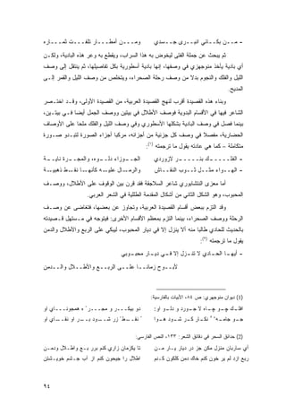 ‫ﻭﻤـــﻥ ﺃﻤﻁـــﺎﺭ ﺘﻠﻔـــﺕ ﺜﻤـــﺎﺭﻩ‬              ‫- ﻤــﻥ ﺒﻜــﺎﺌﻲ ﺍﻨﺒــﺭﻯ ﺠــﺴﺩﻱ‬

‫ﺜﻡ ﻴﺒﺤﺙ ﻋﻥ ﺠﻤﻠﺔ ﺍﻟﻔﺘﻰ ﻟﻴﺨﻭﺽ ﺒﻪ ﻫﺫﺍ ﺍﻟﺴﺭﺍﺏ، ﻭﻴﻘﻁﻊ ﺒﻪ ﻭﻋﺭ ﻫﺫﻩ ﺍﻟﺒﺎﺩﻴﺔ، ﻭﻟﻜـﻥ‬
‫ﺃﻱ ﺒﺎﺩﻴﺔ ﻴﺄﺨﺫ ﻤﻨﻭﺠﻬﺯﻱ ﻓﻲ ﻭﺼﻔﻬﺎ، ﺇﻨﻬﺎ ﺒﺎﺩﻴﺔ ﺃﺴﻁﻭﺭﻴﺔ ﺒﻜل ﺘﻔﺎﺼﻴﻠﻬﺎ، ﺜﻡ ﻴﻨﺘﻘل ﺇﻟﻰ ﻭﺼﻑ‬
‫ﺍﻟﻠﻴل ﻭﺍﻟﻔﻠﻙ ﻭﺍﻟﻨﺠﻭﻡ ﺒﺩﻻ ﻤﻥ ﻭﺼﻑ ﺭﺤﻠﺔ ﺍﻟﺼﺤﺭﺍﺀ، ﻭﻴﺘﺨﻠﺹ ﻤﻥ ﻭﺼﻑ ﺍﻟﻠﻴل ﻭﺍﻟﻘﻤﺭ ﺇﻟـﻰ‬
                                                     ‫ﹰ‬
                                                                                 ‫ﺍﻟﻤﺩﻴﺢ.‬
‫ﻭﺒﻨﺎﺀ ﻫﺫﻩ ﺍﻟﻘﺼﻴﺩﺓ ﺃﻗﺭﺏ ﻟﻨﻬﺞ ﺍﻟﻘﺼﻴﺩﺓ ﺍﻟﻌﺭﺒﻴﺔ، ﻤﻥ ﺍﻟﻘﺼﻴﺩﺓ ﺍﻷﻭﻟﻰ، ﻭﻗـﺩ ﺍﺨﺘـﺼﺭ‬
‫ﺍﻟﺸﺎﻋﺭ ﻓﻴﻬﺎ ﻓﻲ ﺍﻷﻗﺴﺎﻡ ﺍﻟﺒﺩﻭﻴﺔ ﻓﻭﺼﻑ ﺍﻷﻁﻼل ﻓﻲ ﺒﻴﺘﻴﻥ ﻭﻭﺼﻑ ﺍﻟﺠﻤل ﺃﻴ ‪‬ﺎ ﻓـﻲ ﺒﻴﺘـﻴﻥ،‬
             ‫ﻀ‬
‫ﺒﻴﻨﻤﺎ ﻓﺼل ﻓﻲ ﻭﺼﻑ ﺍﻟﺒﺎﺩﻴﺔ ﺒﺸﻜﻠﻬﺎ ﺍﻷﺴﻁﻭﺭﻱ ﻭﻓﻲ ﻭﺼﻑ ﺍﻟﻠﻴل ﻭﺍﻟﻔﻠﻙ ﻤﻠ ‪‬ﺎ ﻋﻠﻰ ﺍﻷﻭﺼﺎﻑ‬
            ‫ﺤ‬
‫ﺍﻟﺤﻀﺎﺭﻴﺔ، ﻤﻔﺼﻼ ﻓﻲ ﻭﺼﻑ ﻜل ﺠﺯﺌﻴﺔ ﻤﻥ ﺃﺠﺯﺍﺌﻪ، ﻤﺭﻜ ‪‬ﺎ ﺃﺠﺯﺍﺀ ﺍﻟﺼﻭﺭﺓ ﻟﺘﺒـﺩﻭ ﺼـﻭﺭﺓ‬
                           ‫ﺒ‬                                ‫ﹰ‬
                                           ‫ﻤﺘﻜﺎﻤﻠﺔ – ﻜﻤﺎ ﻫﻲ ﻋﺎﺩﺘﻪ ﻴﻘﻭل ﻤﺎ ﺘﺭﺠﻤﺘﻪ )١(:‬
‫ـﺔ‬
 ‫ـﺭﺓ ﻨﺎﻴــ‬
         ‫ـﻭﻩ، ﻭﺍﻟﻤﺠــ‬
                    ‫ـﻭﺯﺍﺀ ﺩﻟــ‬
                             ‫ﺍﻟﺠــ‬            ‫ـﺭ ﻻﺯﻭﺭﺩﻱ‬
                                                      ‫ـﻙ ﺒﺌـــــ‬
                                                               ‫- ﺍﻟﻔﻠـــــ‬
‫ـﺔ‬‫ـﺎ ـﻁ ﺫﻫﺒﻴـ‬
          ‫ـﻪ ﻜﺄﻨﻬـ ﻨﻘـ‬‫ـﺎل ﻋﻠﻴـ‬‫ﻭﺍﻟﺭﻤـ‬          ‫- ﺍﻟﻬــﻭﺍﺀ ﻤﺜــل ﺜــﻭﺏ ﺍﻟﻨﻘــﺎﺵ‬

‫ﺃﻤﺎ ﻤﻌﺯﻯ ﺍﻟﻨﺘﺸﺎﺒﻭﺭﻱ ﺸﺎﻋﺭ ﺍﻟﺴﻼﺠﻘﺔ ﻓﻘﺩ ﻗﺭﻥ ﺒﻴﻥ ﺍﻟﻭﻗﻭﻑ ﻋﻠﻰ ﺍﻷﻁﻼل، ﻭﻭﺼـﻑ‬
                  ‫ﺍﻟﻤﺤﺒﻭﺏ، ﻭﻫﻭ ﺍﻟﺸﻜل ﺍﻟﺜﺎﻨﻲ ﻤﻥ ﺃﺸﻜﺎل ﺍﻟﻤﻘﺩﻤﺔ ﺍﻟﻁﻠﻠﻴﺔ ﻓﻲ ﺍﻟﺸﻌﺭ ﺍﻟﻌﺭﺒﻲ.‬
‫ﻭﻗﺩ ﺍﻟﺘﺯﻡ ﺒﺒﻌﺽ ﺃﻗﺴﺎﻡ ﺍﻟﻘﺼﻴﺩﺓ ﺍﻟﻌﺭﺒﻴﺔ، ﻭﺘﺠﺎﻭﺯ ﻋﻥ ﺒﻌﻀﻬﺎ، ﻓﺘﻐﺎﻀﻰ ﻋﻥ ﻭﺼـﻑ‬
‫ﺍﻟﺭﺤﻠﺔ ﻭﻭﺼﻑ ﺍﻟﺼﺤﺭﺍﺀ، ﺒﻴﻨﻤﺎ ﺍﻟﺘﺯﻡ ﺒﻤﻌﻅﻡ ﺍﻷﻗﺴﺎﻡ ﺍﻷﺨﺭﻯ: ﻓﻴﺘﻭﺠﻪ ﻓﻲ ﻤـﺴﺘﻬل ﻗـﺼﻴﺩﺘﻪ‬
‫ﺒﺎﻟﺤﺩﻴﺙ ﻟﻠﺤﺎﺩﻱ ﻁﺎﻟ ‪‬ﺎ ﻤﻨﻪ ﺃﻻ ﻴﻨﺯل ﺇﻻ ﻓﻲ ﺩﻴﺎﺭ ﺍﻟﻤﺤﺒﻭﺏ، ﻟﻴﺒﻜﻲ ﻋﻠﻰ ﺍﻟﺭﺒﻊ ﻭﺍﻷﻁﻼل ﻭﺍﻟﺩﻤﻥ‬
                                               ‫ﹼ‬               ‫ﺒ‬
                                                                    ‫ﻴﻘﻭل ﻤﺎ ﺘﺭﺠﻤﺘﻪ )٢(:‬
                                ‫ـﻭﺒﻲ‬
                                   ‫- ـﺎ ـﺎﺩﻱ ﻻ ـﺯل ﺇﻻ ـﻲ ـﺎﺭ ﻤﺤﺒـ‬
                                          ‫ﻓـ ﺩﻴـ‬    ‫ﺘﻨـ‬    ‫ﺃﻴﻬـ ﺍﻟﺤـ‬

‫ﻷﺒــﻭﺡ ﺯﻤﺎ ﹰــﺎ ﻋﻠــﻰ ﺍﻟﺭﺒــﻊ ﻭﺍﻷﻁــﻼل ﻭﺍﻟــﺩﻤﻥ‬
                                   ‫ﻨ‬



                                             ‫)1( ﺩﻴﻭﺍﻥ ﻤﻨﻭﺠﻬﺭﻱ: ﺹ ٤٨، ﺍﻷﺒﻴﺎﺕ ﺒﺎﻟﻔﺎﺭﺴﻴﺔ:‬

‫ﺩﻭ ﺒﻴﻜـــﺭ ﻭ ﻤﺠـــﺭ ْ ﻩ ﻫﻤﺠﻭﻨـــﺎﻱ ﺍﻭ‬         ‫ـﻙ ـﻭ ـﺎﻩ ﻻ ـﻭﺭﺩ ﻭ ـﻭ ﺍﻭ:‬
                                                   ‫ﺩﻟـ‬    ‫ﺠـ‬    ‫ﺍﻓﻠـ ﭽـ ﭽـ‬
                                                                        ‫ﺀ٥‬
‫ـﺎﻱ ﺍﻭ‬
     ‫ـﻭﺩ ـﺭ ﺍﻭ ﻨﻘــ‬
              ‫ـﻁ ّ ﺯﺭ ﺸــ ﺒــ‬
                            ‫ُ ﻨﻘــ‬            ‫ـﺎﺭ ـﺭ ـﻭﺩ ـﻭﺍ‬
                                                ‫ﻨﻜـ ﻜـ ﺸـ ﻫـ‬                 ‫ـﻪ‬
                                                                              ‫ـﻭ ﺠﺎﻤـ‬
                                                                                    ‫ﺠـ‬

                                      ‫)2( ﺤﺩﺍﺌﻕ ﺍﻟﺴﺤﺭ ﻓﻲ ﺩﻗﺎﺌﻕ ﺍﻟﺸﻌﺭ: ٣٣١، ﺍﻟﻨﺹ ﺍﻟﻔﺎﺭﺴﻲ:‬

‫ﺘﺎ ﻴﻜﺯﻤﺎﻥ ﺯﺍﺭﻱ ﻜﻨﻡ ﺒﺭﺭ ‪‬ـﻊ ﻭﺍﻁـﻼل ﻭﺩﻤـﻥ‬
               ‫ﺒ‬                              ‫ﺃﻱ ﺴﺎﺭﺒﺎﻥ ﻤﻨﺯل ﻤﻜﻥ ﺠﺯ ﺩﺭ ﺩﻴﺎﺭ ﻴـﺎﺭ ﻤـﻥ‬
‫ﺍﻁﻼل ﺭﺍ ﺠﻴﺤﻭﻥ ﻜﻨﻡ ﺍﺯ ﺁﺏ ﺠـﺸﻡ ﺨﻭﻴـﺸﺘﻥ‬          ‫ﺭ ‪‬ﻊ ﺍﺯﺩ ﻟﻡ ﻴﺭ ﺨﻭﻥ ﻜﻨﻡ ﺨﺎﻙ ﺩﻤﻥ ﻜﻠﻜﻭﻥ ﻜـﻨﻡ‬
                                                                                    ‫ﺒ‬



‫٤٩‬
 