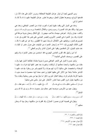 ‫ﻭﻤﻥ ﺍﻟﺒﺩﻴﻬﻲ ﺃﻴ ‪‬ﺎ ﺃﻥ ﺘﺅﺜﺭ ﻋﻭﺍﻤل ﺍﻟﻁﺒﻴﻌﺔ ﺍﻟﻤﺨﺘﻠﻔﺔ، ﻭﻤﺭﻭﺭ ﺍﻷﻴﺎﻡ ﻋﻠﻰ ﻫﺫﻩ ﺍﻵﺜـﺎﺭ،‬
                                                             ‫ﻀ‬
‫ﻓﺘﻨﺴﻔﻬﺎ ﺍﻟﺭﻴﺎﺡ، ﻭﻴﻤﺤﻭﻫﺎ ﻫﻁﻭل ﺍﻟﻤﻁﺭ، ﻭﻴﻐﻴﺭﻫﺎ ﺘﻌﺎﻭﺭ ﻋﻭﺍﻤل ﺍﻟﻁﺒﻴﻌﺔ ﻋﻠﻴﻬـﺎ، ﻓـﻼ ﺘﻜـﺎﺩ‬
                                                                           ‫ﺘﺴﺘﺒﻴﻥ ﻟﺭﺍﺌﻲ.‬
‫ﻭﻫﺫﻩ ﻫﻲ ﺍﻟﺩﻴﺎﺭ ﺍﻟﺘﻲ ﻭﻗﻑ ﻋﻠﻴﻬﺎ ﺸﻌﺭﺍﺀ ﺍﻟﻌﺭﺏ ﺍﺒﺘﺩﺍﺀ ﻤﻥ ﺍﻟﻌﺼﺭ ﺍﻟﺠﺎﻫﻠﻲ، ﻭﻫﺫﻩ ﻫﻲ‬
                          ‫‪‬‬
‫ﺼﻭﺭﺘﻬﺎ، ﻭﺘﻠﻙ ﻤﻔﺭﺩﺍﺕ ﺍﻟﺼﻭﺭﺓ: ﺭﺴﻭﻡ ﻭﺩﻤﻥ، ﻭﺃﻁﻼل ﺸﺎﺨﺼﺔ ﻭﺭﺴـﻭﻡ ﺩﺍﺭﺴـﺔ، ﻨـﺅﻯ‬
‫ﻭﺃﺜﺎﻑ، ﻋﻴﺩﺍﻥ ﻭﺃﻭﺘﺎﺩ. ﺃﺤﻭﺍﺽ ﻤﻬﺩﻤﺔ، ﻤﻼﻋﺏ ﻤﻬﺠﻭﺭﺓ.. ﺇﻟﺦ ﺃﺸﻜﺎل ﻭﻤﻌﺎﻥ ﺒﺩﻭﻴﺔ ﻤﻭﻏﻠﺔ ﻓﻲ‬
               ‫ٍ‬
‫ﺍﻟﺒﺩﺍﻭﺓ، ﻭﻗﺩ ﺴﺎﺭ ﺍﻟﺸﻌﺭﺍﺀ ﻓﻲ ﺍﻟﻌﺼﺭ ﺍﻷﻤﻭﻱ ﻭﺍﻟﻌﺼﺭ ﺍﻟﻌﺒﺎﺴﻲ ﻋﻠﻰ ﻨﻔﺱ ﻫﺫﺍ ﺍﻟﻁﺭﻴـﻕ ﻋﻨـﺩ‬
‫ﺘﺼﻭﻴﺭﻫﻡ ﻟﻠﺩﻴﺎﺭ، ﻭﻭﻗﻭﻓﻬﻡ ﻋﻠﻰ ﺍﻷﻁﻼل، ﻟﻡ ﻴﺸﺫ ﻤﻨﻬﻡ ﺇﻻ ﺍﻟﻘﻠﻴﻠﻭﻥ. ﻭﻫﺎ ﻫﻭ ﺍﺒﻥ ﻗﺘﻴﺒـﺔ ﻨﺎﻗـﺩ‬
‫ﺍﻟﻘﺭﻥ ﺍﻟﺜﺎﻟﺙ ﺍﻟﻬﺠﺭﻱ )ﺕ ٦٧٢ ﻫـ( ﻴﺤﺫﺭ ﺍﻟﺸﻌﺭﺍﺀ ﻤﻥ ﺍﻟﻭﻗﻭﻑ ﻋﻠﻰ ﻤﻨﺯل ﻋﺎﻤﺭ ﺃﻭ ﺍﻟﺒﻜـﺎﺀ‬
                ‫ﻋﻨﺩ ﻤﺸﻴﺩ ﺍﻟﺒﻨﻴﺎﻥ، ﻷﻥ ﺍﻟﻤﺘﻘﺩﻤﻴﻥ ﻭﻗﻔﻭﺍ ﻋﻠﻰ ﺍﻟﻤﻨﺯل ﺍﻟﺩﺍﺌﺭ ﻭﺍﻟﺭﺴﻡ ﺍﻟﻌﺎﻓﻲ )١(.‬
‫ﺃﻤﺎ ﺍﺒﻥ ﺭﺸﻴﻕ ﻨﺎﻗﺩ ﺍﻟﻘﺭﻥ ﺍﻟﺨﺎﻤﺱ ﺍﻟﻬﺠﺭﻱ، ﻓﻘﺩ ﺍﺴﺘﺤﺴﻥ ﻤﻥ ﺒﻌﺽ ﺍﻟﺸﻌﺭﺍﺀ ﻭﻗـﻭﻓﻬﻡ‬
                                               ‫ﻋﻠﻰ ﺍﻟﻘﺼﻭﺭ، ﻭﻭﺼﻑ ﺍﻟﻤﺒﺎﻨﻲ ﺍﻟﻤﺸﻴﺩﺓ )٢(.‬
‫ﻭﺘﺒﺩﻭ ﺼﻭﺭﺓ ﺍﻟﺩﻴﺎﺭ ﻓﻲ ﺍﻟﺸﻌﺭ ﺍﻟﺠﺎﻫﻠﻲ ﺼﻭﺭﺓ ﺒﺩﻭﻴﺔ ﺨﺸﻨﺔ، ﺘﻁﺎﻟﻌﻨﺎ ﺍﻟﺩﻴﺎﺭ ﻓﻴﻬﺎ ﻭﻗـﺩ‬
‫ﺨﻠﺕ ﻤﻥ ﺴﺎﻜﻨﻴﻬﺎ، ﻭﺃﻤﺤﺕ ﻤﻌﺎﻟﻤﻬﺎ ﺃﻭ ﺃﻭﺸﻜﺕ، ﻭﺘﻐﻴﺭﺕ ﺒﻌﺩ ﻫﺠﺭ ﺃﻫﻠﻬﺎ ﻟﻬﺎ، ﻓﺭﺍﻨـﺕ ﻋﻠﻴﻬـﺎ‬
‫ﺍﻟﻭﺤﺸﺔ، ﻭﺍﺴﺘﻌﺠﻤﺕ ﻋﻠﻰ ﺴﺎﺌﻠﻬﺎ ﻻ ﺘﺭﺩ ﻟﻬﻡ ﺠﻭﺍ ‪‬ﺎ، ﻭﻻ ﺘﻨﺒﺌﻬﻡ ﺒﺄﻤﺭ ﻤﻥ ﺭﺤﻠﻭﺍ، ﻴﻘـﻑ ﻋﻠﻴﻬـﺎ‬
                                       ‫ﺒ‬
‫ﺍﻟﺸﺎﻋﺭ ﻤﺘﺄﻤﻼ ﺒﺎﺤ ﹰﺎ ﻋﻥ ﺍﻵﺜﺎﺭ ﺍﻟﺘﻲ ﺨﻠﻔﻬﺎ ﺃﻫﻠﻬﺎ ﻭﺭﺍﺀﻫﻡ، ﻤﻌﺩ ‪‬ﺍ ﻟﻬﺎ، ﻤﺤﺼ ‪‬ﺎ ﻤﺎ ﺼﻤﺩ ﻤﻨﻬـﺎ،‬
               ‫ﻴ‬           ‫ﺩ‬                                        ‫ﹰ ﺜ‬
‫ﻤﺸﺒﻬﺎ ﺁﺜﺎﺭﻫﺎ ﺒﺎﻟﻭﺸﻡ ﺘﺎﺭﺓ، ﻭﺒﺒﻘﺎﻴﺎ ﺍﻟﺨﺎل ﺃﺨﺭﻯ، ﺫﺍﻜ ‪‬ﺍ ﻤﺎ ﺤل ﺒﻬﺎ ﻤﻥ ﺤﻤﺭ ﻭﺤﺸﻴﺔ ﻭﻅﺒﺎﺀ ﺒﺩﻻ‬
‫ﹰ‬               ‫ٍ‬          ‫ّ‬      ‫ﺭ‬
            ‫ﻤﻥ ﺴﺎﻜﻨﻴﻬﺎ، ﻴﻘﻭل ﺍﻤﺭﺅ ﺍﻟﻘﻴﺱ ﻤﺒﻴ ﹰﺎ ﺘﻌﺎﻭﺭ ﺍﻷﻤﻁﺎﺭ ﻋﻠﻰ ﺩﻴﺎﺭ ﺴﻠﻤﻰ ﺤﺘﻰ ﻤﺤﺘﻬﺎ:‬
                                                   ‫ﻨ‬
‫ﺃﻟــﺢ ﻋﻠﻴﻬــﺎ ﻜــل ﺇﺴــﺤﻡ ﻫ ﹼــﺎل‬
‫ـ ٍ ﻁ ـ ِ‬      ‫ﱡ‬
               ‫ّ‬     ‫ـ‬      ‫‪‬‬                   ‫ـﺎﺕ ـﺫﻱ ـﺎل‬
                                                  ‫ـﺎﺭ ـﺴﻠﻤﻰ ﻋﺎﻓﻴـ ﺒـ ﺨـ‬
                                                                  ‫ﺩﻴـ ﻟـ‬

‫ﻭﻴﻘﻭل ﻋﺒﻴﺩ ﺒﻥ ﺍﻷﺒﺭﺹ، ﻤﻭﻀ ‪‬ﺎ ﺘﻐﻴﺭ ﻤﻌﺎﻟﻡ ﺩﻴﺎﺭ ﻤﺤﺒﻭﺒﺘـﻪ، ﻓﻠـﻡ ﻴﺒـﻕ ﺇﻻ ﺍﻟﻨـﺅﻯ‬
                                               ‫ﺤ‬
                                                                               ‫ﺍﻟﻨﺎﺤل)٣(:‬
‫ﻭﻤـــﻥ ﺩﻴـــﺎﺭ ﺩﻤ ‪‬ـــﻙ ﺍﻟﻬﺎﻤـــل‬
‫ُ‬             ‫ِ ﻌ‬                               ‫ـﻭﻡ ﻨﺄﺌ ـﺎ ﻨﺎﺤ ـل‬
                                                ‫ِــ ُ‬    ‫ـﻥ ﺭﺴــ ٍ ِﻬــ‬‫ﺃﻤــ‬

‫ﻭﻴﻘﻭل ﻓﻲ ﻗﺼﻴﺩﺓ ﺃﺨﺭﻯ ﻤﺼﻭ ‪‬ﺍ ﺍﻟﻤﻨﺎﺯل ﻭﻗﺩ ﺍﻗﻔﺭﺕ ﻤﻥ ﺴﺎﻜﻨﻴﻬﺎ، ﻭﺤل ﺒﻬﺎ ﺍﻟـﻭﺤﺵ‬
                                              ‫ﺭ‬
                                                                               ‫ﻤﺤﻠﻬﻡ )٤(:‬



                                                                ‫)1( ﺍﻟﺸﻌﺭ ﻭﺍﻟﺸﻌﺭﺍﺀ ١: ٢٢.‬
                                                                       ‫)2( ﺍﻟﻌﻤﺩﺓ ١: ٦٢٢.‬
                                                           ‫)3( ﺩﻴﻭﺍﻥ ﻋﺒﻴﺩ ﺒﻥ ﺍﻷﺒﺭﺹ: ٨١١.‬
                                                                     ‫)4( ﺩﻴﻭﺍﻥ ﻋﺒﻴﺩ: ٧١١.‬


‫٩٩‬
 