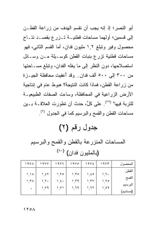 ‫ﺃﺒﻭ ﺍﻟﻨﺼﺭ؛ ﺇﺫ ﺇﻨﻪ ﻴﺠﺏ ﺃﻥ ﻨﻘﺴﻡ ﺍﻟﻬﺩﻑ ﻤﻥ ﺯﺭﺍﻋﺔ ﺍﻟﻘﻁـﻥ‬
‫ﺇﻟﻰ ﻗﺴﻤﻴﻥ؛ ﺃﻭﻟﻬﻤﺎ ﻤﺴﺎﺤﺎﺕ ﹸﻁﻨﻴـﺔ ﹸـﺯﺭﻉ ﺒﻘﺼـﺩ ﻨﺘـﺎﺝ‬
                ‫ﺘ‬      ‫ﻗ‬
‫ﻤﺤﺼﻭل ﻭﻓﻴﺭ ﻭﺘﺒﻠﻎ ٢,١ ﻤﻠﻴﻭﻥ ﻓﺩﺍﻥ، ﺃ ‪‬ﺎ ﺍﻟﻘﺴﻡ ﺍﻟﺜﺎﻨﻲ، ﻓﻬﻭ‬
                   ‫ﻤ‬
‫ﻤﺴﺎﺤﺎﺕ ﻗﻁﻨﻴﺔ ﹸﺯﺭﻉ ﺒﻨﺒﺎﺕ ﺍﻟﻘﻁﻥ ﻜﻭﺴـﻴﻠﺔ ﻤـﻥ ﻭﺴـﺎﺌل‬
                                  ‫ﺘ‬
‫ﺍﺴﺘﺼﻼﺤﻬﺎ، ﺩﻭﻥ ﺍﻟﻨﻅﺭ ﺇﻟﻰ ﻤﺎ ﻴﻐﻠﻪ ﺍﻟﻔﺩﺍﻥ، ﻭﺘﺒﻠﻎ ﻤﺴـﺎﺤﺘﻬﺎ‬
‫ﻤﻥ ٠٠٣ ﺇﻟﻰ ٠٠٥ ﺃﻟﻑ ﻓﺩﺍﻥ.. ﻭﻗﺩ ُﻋﻔﻴﺕ ﻤﺤﺎﻓﻅﺔ ﺍﻟﺠﻴـﺯﺓ‬
                   ‫ﺃ‬
‫ﻤﻥ ﺯﺭﺍﻋﺔ ﺍﻟﻘﻁﻥ، ﻓﻤﺎﺫﺍ ﻜﺎﻨﺕ ﺍﻟﻨﺘﻴﺠﺔ؟ ﻫﺒﻭﻁ ﻋﺎﻡ ﻓﻲ ﺇﻨﺘﺎﺠﻴﺔ‬
‫ﺍﻷﺭﺽ ﺍﻟﺯﺭﺍﻋﻴﺔ ﻓﻲ ﺍﻟﻤﺤﺎﻓﻅﺔ، ﻭﺴﺎﺀﺕ ﺍﻟﺼﻔﺎﺕ ﺍﻟﻁﺒﻴﻌﻴـﺔ‬
‫ﻟﻠﺘﺭﺒﺔ ﻓﻴﻬﺎ" )٩٧(. ﻋﻠﻰ ﻜ ﱟ، ﺤﺩﺙ ﺃﻥ ﺘﻁﻭﺭﺕ ﺍﻟﻌﻼﻗـﺔ ﺒـﻴﻥ‬
                           ‫ل‬
        ‫ﻤﺴﺎﺤﺎﺕ ﺍﻟﻘﻁﻥ ﻭﺍﻟﻘﻤﺢ ﻭﺍﻟﺒﺭﺴﻴﻡ ﻜﻤﺎ ﻓﻲ ﺍﻟﺠﺩﻭل )٢(.‬

                  ‫ﺠﺩﻭل ﺭﻗﻡ )٢(‬
   ‫ﺍﻟﻤﺴﺎﺤﺎﺕ ﺍﻟ ‪‬ﻨ ‪‬ﺭﻋﺔ ﺒﺎﻟﻘﻁﻥ ﻭﺍﻟﻘﻤﺢ ﻭﺍﻟﺒﺭﺴﻴﻡ‬
                             ‫ﻤﺯ‬
                 ‫)٠٨(‬
                        ‫)ﺒﺎﻟﻤﻠﻴﻭﻥ ﻓﺩﺍﻥ(‬
‫٨٧٩١‬    ‫٧٧٩١‬    ‫٦٧٩١‬     ‫٥٧٩١‬    ‫٤٧٩١‬     ‫٣٧٩١‬   ‫ﺍﻟﻤﺤﺼﻭل‬
                                                   ‫ﺍﻟﻘﻁﻥ‬
 ‫٨١,١‬    ‫٢٤,١‬   ‫٥٢,١‬      ‫٥٣,١‬   ‫٥٤,١‬     ‫٠٦,١‬
                                                    ‫ﺍﻟﻘﻤﺢ‬
 ‫٨٣,١‬    ‫٠٢,١‬   ‫٠٤,١‬      ‫٩٣,١‬   ‫٧٣,١‬     ‫٥٢,١‬
                                                  ‫ﺍﻟﺒﺭﺴﻴﻡ‬
   ‫ـ‬     ‫٩٧,١‬   ‫١٧,١‬      ‫٩٦,١‬   ‫٢٦,١‬     ‫٩٥,١‬
                                                 ‫)ﻤﺴﺘﺩﻴﻡ(‬



‫٨٥٢١‬
 
