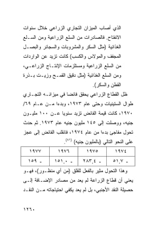 ‫ﺍﻟﺫﻱ ﺃﺼﺎﺏ ﺍﻟﻤﻴﺯﺍﻥ ﺍﻟﺘﺠﺎﺭﻱ ﺍﻟﺯﺭﺍﻋﻲ ﺨﻼل ﺴﻨﻭﺍﺕ‬
‫ﺍﻻﻨﻔﺘﺎﺡ. ﻓﺎﻟﺼﺎﺩﺭﺍﺕ ﻤﻥ ﺍﻟﺴﻠﻊ ﺍﻟﺯﺭﺍﻋﻴﺔ ﻭﻤﻥ ﺍﻟﺴـﻠﻊ‬
‫ﺍﻟﻐﺫﺍﺌﻴﺔ )ﻤﺜل ﺍﻟﺴﻜﺭ ﻭﺍﻟﻤﺸﺭﻭﺒﺎﺕ ﻭﺍﻟﺴﺠﺎﺌﺭ ﻭﺍﻟﺒﺼـل‬
‫ﺍﻟﻤﺠﻔﻑ ﻭﺍﻟﻤﻭﻻﺱ ﻭﺍﻟﻜﺴ‪‬ﺏ( ﻜﺎﻨﺕ ﺘﺯﻴﺩ ﻋﻥ ﺍﻟﻭﺍﺭﺩﺍﺕ‬
                          ‫ﹸ‬
‫ﻤﻥ ﺍﻟﺴﻠﻊ ﺍﻟﺯﺭﺍﻋﻴﺔ ﻭﻤﺴﺘﻠﺯﻤﺎﺕ ﺍﻹﻨﺘـﺎﺝ ﺍﻟﺯﺭﺍﻋـﻲ،‬
‫ﻭﻤﻥ ﺍﻟﺴﻠﻊ ﺍﻟﻐﺫﺍﺌﻴﺔ )ﻤﺜل ﺩﻗﻴﻕ ﺍﻟﻘﻤـﺢ ﻭﺯﻴـﺕ ﺒـﺫﺭﺓ‬
                                   ‫ﺍﻟﻘﻁﻥ ﻭﺍﻟﺴﻜﺭ(.‬
‫ﻅل ﺍﻟﻘﻁﺎﻉ ﺍﻟﺯﺭﺍﻋﻲ ﻴﺤﻘﻕ ﻓﺎﺌ ‪‬ﺎ ﻓﻲ ﻤﻴﺯﺍﻨـﻪ ﺍﻟﺘﺠـﺎﺭﻱ‬
                     ‫ﻀ‬
‫ﻁﻭﺍل ﺍﻟﺴﺘﻴﻨﻴﺎﺕ ﻭﺤﺘﻰ ﻋﺎﻡ ٣٧٩١، ﻭﺒﺩ ‪‬ﺍ ﻤـﻥ ﻋـﺎﻡ ٩٦/‬
              ‫ﺀ‬
‫٠٧٩١، ﻜﺎﻨﺕ ﻗﻴﻤﺔ ﺍﻟﻔﺎﺌﺽ ﺘﺯﻴﺩ ﺴﻨﻭ ‪‬ﺎ ﻋـﻥ ٠٠١ ﻤﻠﻴـﻭﻥ‬
                ‫ﻴ‬
‫ﺠﻨﻴﻪ، ﻭﻭﺼﻠﺕ ﺇﻟﻰ ٥٤١ ﻤﻠﻴﻭﻥ ﺠﻨﻴﻪ ﻋﺎﻡ ٣٧٩١. ﺜﻡ ﺤﺩﺙ‬
‫ﺘﺤﻭل ﻤﻔﺎﺠﺊ ﺒﺩ ‪‬ﺍ ﻤﻥ ﻋﺎﻡ ٤٧٩١، ﻓﺎﻨﻘﻠﺏ ﺍﻟﻔﺎﺌﺽ ﺇﻟﻰ ﻋﺠﺯ‬
                                    ‫ﺀ‬
                    ‫ﻋﻠﻰ ﺍﻟﻨﺤﻭ ﺍﻟﺘﺎﻟﻲ )ﺒﺎﻟﻤﻠﻴﻭﻥ ﺠﻨﻴﻪ( )١٨(.‬
   ‫٧٧٩١‬          ‫٦٧٩١‬           ‫٥٧٩١‬            ‫٤٧٩١‬
  ‫ـ ٩٥١‬        ‫ـ ٠,١٥١‬        ‫ـ ٤,٣٨٢‬          ‫ـ ٧,١٥‬
‫ﻭﻫﺫﺍ ﺍﻟﺘﺤﻭل ﻤﺜﻴﺭ ﺒﺎﻟﻔﻌل ﻟﻠﻘﻠﻕ )ﻤﻥ ﺃﻱ ﻤﻨﻅـﻭﺭ(، ﻓﻬـﻭ‬
‫ﻴﻌﻨﻲ ﺃﻥ ﻗﻁﺎﻉ ﺍﻟﺯﺭﺍﻋﺔ ﻟﻡ ﻴ ‪‬ﺩ ﻤﻥ ﻤﺼﺎﺩﺭ ﺍﻹﻀـﺎﻓﺔ ﺇﻟـﻰ‬
                       ‫ﻌ‬
‫ﺤﺼﻴﻠﺔ ﺍﻟﻨﻘﺩ ﺍﻷﺠﻨﺒﻲ، ﺒل ﻟﻡ ﻴﻌﺩ ﻴﻜﻔﻲ ﺍﺤﺘﻴﺎﺠﺎﺘﻪ ﻤـﻥ ﺍﻟﻨﻘـﺩ‬


‫٠٦٢١‬
 