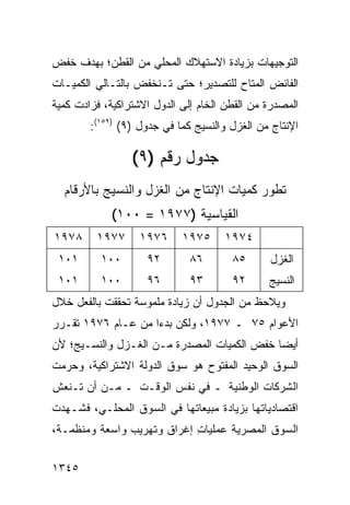 ‫ﺍﻟﺘﻭﺠﻴﻬﺎﺕ ﺒﺯﻴﺎﺩﺓ ﺍﻻﺴﺘﻬﻼﻙ ﺍﻟﻤﺤﻠﻲ ﻤﻥ ﺍﻟﻘﻁﻥ؛ ﺒﻬﺩﻑ ﺨﻔﺽ‬
‫ﺍﻟﻔﺎﺌﺽ ﺍﻟﻤﺘﺎﺡ ﻟﻠﺘﺼﺩﻴﺭ؛ ﺤﺘﻰ ﺘـﻨﺨﻔﺽ ﺒﺎﻟﺘـﺎﻟﻲ ﺍﻟﻜﻤﻴـﺎﺕ‬
‫ﺍﻟﻤﺼﺩﺭﺓ ﻤﻥ ﺍﻟﻘﻁﻥ ﺍﻟﺨﺎﻡ ﺇﻟﻰ ﺍﻟﺩﻭل ﺍﻻﺸﺘﺭﺍﻜﻴﺔ، ﻓﺯﺍﺩﺕ ﻜﻤﻴﺔ‬
        ‫ﺍﻹﻨﺘﺎﺝ ﻤﻥ ﺍﻟﻐﺯل ﻭﺍﻟﻨﺴﻴﺞ ﻜﻤﺎ ﻓﻲ ﺠﺩﻭل )٩( )٢٥١(:‬

                 ‫ﺠﺩﻭل ﺭﻗﻡ )٩(‬
  ‫ﺘﻁﻭﺭ ﻜﻤﻴﺎﺕ ﺍﻹﻨﺘﺎﺝ ﻤﻥ ﺍﻟﻐﺯل ﻭﺍﻟﻨﺴﻴﺞ ﺒﺎﻷﺭﻗﺎﻡ‬
             ‫ﺍﻟﻘﻴﺎﺴﻴﺔ )٧٧٩١ = ٠٠١(‬
‫٨٧٩١‬     ‫٧٧٩١‬      ‫٦٧٩١‬     ‫٥٧٩١‬     ‫٤٧٩١‬
 ‫١٠١‬      ‫٠٠١‬       ‫٢٩‬        ‫٦٨‬       ‫٥٨‬      ‫ﺍﻟﻐﺯل‬
 ‫١٠١‬      ‫٠٠١‬       ‫٦٩‬        ‫٣٩‬       ‫٢٩‬      ‫ﺍﻟﻨﺴﻴﺞ‬
‫ﻭﻴﻼﺤﻅ ﻤﻥ ﺍﻟﺠﺩﻭل ﺃﻥ ﺯﻴﺎﺩﺓ ﻤﻠﻤﻭﺴﺔ ﺘﺤﻘﻘﺕ ﺒﺎﻟﻔﻌل ﺨﻼل‬
‫ﺍﻷﻋﻭﺍﻡ ٥٧ ـ ٧٧٩١، ﻭﻟﻜﻥ ﺒﺩ ‪‬ﺍ ﻤﻥ ﻋـﺎﻡ ٦٧٩١ ﺘﻘـﺭﺭ‬
                    ‫ﺀ‬
‫ﺃﻴ ‪‬ﺎ ﺨﻔﺽ ﺍﻟﻜﻤﻴﺎﺕ ﺍﻟﻤﺼﺩﺭﺓ ﻤـﻥ ﺍﻟﻐـﺯل ﻭﺍﻟﻨﺴـﻴﺞ؛ ﻷﻥ‬
                                             ‫ﻀ‬
‫ﺍﻟﺴﻭﻕ ﺍﻟﻭﺤﻴﺩ ﺍﻟﻤﻔﺘﻭﺡ ﻫﻭ ﺴﻭﻕ ﺍﻟﺩﻭﻟﺔ ﺍﻻﺸﺘﺭﺍﻜﻴﺔ، ﻭﺤﺭﻤﺕ‬
   ‫‪‬‬
‫ﺍﻟﺸﺭﻜﺎﺕ ﺍﻟﻭﻁﻨﻴﺔ ـ ﻓﻲ ﻨﻔﺱ ﺍﻟﻭﻗـﺕ ـ ﻤـﻥ ﺃﻥ ﺘـﻨﻌﺵ‬
‫ﺍﻗﺘﺼﺎﺩﻴﺎﺘﻬﺎ ﺒﺯﻴﺎﺩﺓ ﻤﺒﻴﻌﺎﺘﻬﺎ ﻓﻲ ﺍﻟﺴﻭﻕ ﺍﻟﻤﺤﻠـﻲ، ﻓﺸـﻬﺩﺕ‬
‫ﺍﻟﺴﻭﻕ ﺍﻟﻤﺼﺭﻴﺔ ﻋﻤﻠﻴﺎﺕ ﺇﻏﺭﺍﻕ ﻭﺘﻬﺭﻴﺏ ﻭﺍﺴﻌﺔ ﻭﻤﻨﻅﻤـﺔ،‬
                            ‫ِ‬


‫٥٤٣١‬
 