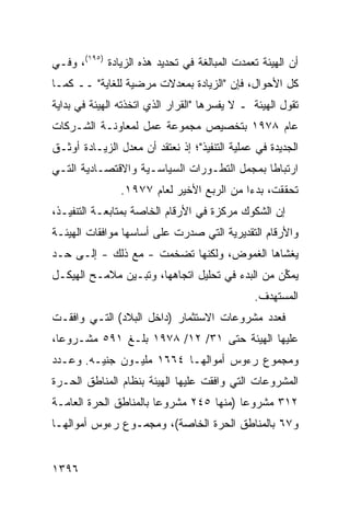 ‫ﺃﻥ ﺍﻟﻬﻴﺌﺔ ﺘﻌﻤ ‪‬ﺕ ﺍﻟﻤﺒﺎﻟﻐﺔ ﻓﻲ ﺘﺤﺩﻴﺩ ﻫﺫﻩ ﺍﻟﺯﻴﺎﺩﺓ )٥٩١(، ﻭﻓـﻲ‬
                                           ‫ﺩ‬
‫ﻜل ﺍﻷﺤﻭﺍل، ﻓﺈﻥ "ﺍﻟﺯﻴﺎﺩﺓ ﺒﻤﻌﺩﻻﺕ ﻤﺭﻀﻴﺔ ﻟﻠﻐﺎﻴﺔ" ــ ﻜﻤـﺎ‬
‫ﺘﻘﻭل ﺍﻟﻬﻴﺌﺔ ـ ﻻ ﻴﻔﺴﺭﻫﺎ "ﺍﻟﻘﺭﺍﺭ ﺍﻟﺫﻱ ﺍﺘﺨﺫﺘﻪ ﺍﻟﻬﻴﺌﺔ ﻓﻲ ﺒﺩﺍﻴﺔ‬
‫ﻋﺎﻡ ٨٧٩١ ﺒﺘﺨﺼﻴﺹ ﻤﺠﻤﻭﻋﺔ ﻋﻤل ﻟﻤﻌﺎﻭﻨـﺔ ﺍﻟﺸـﺭﻜﺎﺕ‬
‫ﺍﻟﺠﺩﻴﺩﺓ ﻓﻲ ﻋﻤﻠﻴﺔ ﺍﻟﺘﻨﻔﻴﺫ"؛ ﺇﺫ ﻨﻌﺘﻘﺩ ﺃﻥ ﻤﻌﺩل ﺍﻟﺯﻴـﺎﺩﺓ ﺃﻭﺜـﻕ‬
‫ﺍﺭﺘﺒﺎ ﹰﺎ ﺒﻤﺠﻤل ﺍﻟﺘﻁـﻭﺭﺍﺕ ﺍﻟﺴﻴﺎﺴـﻴﺔ ﻭﺍﻻﻗﺘﺼـﺎﺩﻴﺔ ﺍﻟﺘـﻲ‬
                                             ‫ﻁ‬
                ‫ﺘﺤﻘﻘﺕ، ﺒﺩ ‪‬ﺍ ﻤﻥ ﺍﻟﺭﺒﻊ ﺍﻷﺨﻴﺭ ﻟﻌﺎﻡ ٧٧٩١.‬
                                           ‫ﺀ‬
‫ﺇﻥ ﺍﻟﺸﻜﻭﻙ ﻤﺭﻜﺯﺓ ﻓﻲ ﺍﻷﺭﻗﺎﻡ ﺍﻟﺨﺎﺼﺔ ﺒﻤﺘﺎﺒﻌـﺔ ﺍﻟﺘﻨﻔﻴـﺫ،‬
‫ﻭﺍﻷﺭﻗﺎﻡ ﺍﻟﺘﻘﺩﻴﺭﻴﺔ ﺍﻟﺘﻲ ﺼﺩﺭﺕ ﻋﻠﻰ ﺃﺴﺎﺴﻬﺎ ﻤﻭﺍﻓﻘﺎﺕ ﺍﻟﻬﻴﺌـﺔ‬
‫ﻴﻐﺸﺎﻫﺎ ﺍﻟﻐﻤﻭﺽ، ﻭﻟﻜﻨﻬﺎ ﺘﻀﺨﻤﺕ - ﻤﻊ ﺫﻟﻙ - ﺇﻟـﻰ ﺤـﺩ‬
‫ﻴﻤ ﱢﻥ ﻤﻥ ﺍﻟﺒﺩﺀ ﻓﻲ ﺘﺤﻠﻴل ﺍﺘﺠﺎﻫﻬﺎ، ﻭﺘﺒـ ‪‬ﻥ ﻤﻼﻤـﺢ ﺍﻟﻬﻴﻜـل‬
               ‫ﻴ‬                                  ‫ﻜ‬
                                               ‫ﺍﻟﻤﺴﺘﻬ ‪‬ﻑ.‬
                                                 ‫ﺩ‬
‫ﻓﻌﺩﺩ ﻤﺸﺭﻭﻋﺎﺕ ﺍﻻﺴﺘﺜﻤﺎﺭ )ﺩﺍﺨل ﺍﻟﺒﻼﺩ( ﺍﻟﺘـﻲ ﻭﺍﻓﻘـﺕ‬
‫ﻋﻠﻴﻬﺎ ﺍﻟﻬﻴﺌﺔ ﺤﺘﻰ ١٣/ ٢١/ ٨٧٩١ ﺒﻠـﻎ ١٩٥ ﻤﺸـﺭﻭ ‪‬ﺎ،‬
  ‫ﻋ‬
‫ﻭﻤﺠﻤﻭﻉ ﺭﺀﻭﺱ ﺃﻤﻭﺍﻟﻬـﺎ ٤٦٦١ ﻤﻠﻴـﻭﻥ ﺠﻨﻴـﻪ. ﻭﻋـﺩﺩ‬
‫ﺍﻟﻤﺸﺭﻭﻋﺎﺕ ﺍﻟﺘﻲ ﻭﺍﻓﻘﺕ ﻋﻠﻴﻬﺎ ﺍﻟﻬﻴﺌﺔ ﺒﻨﻅﺎﻡ ﺍﻟﻤﻨﺎﻁﻕ ﺍﻟﺤـﺭﺓ‬
                     ‫ﹸ‬
‫٢١٣ ﻤﺸﺭﻭ ‪‬ﺎ )ﻤﻨﻬﺎ ٥٤٢ ﻤﺸﺭﻭ ‪‬ﺎ ﺒﺎﻟﻤﻨﺎﻁﻕ ﺍﻟﺤﺭﺓ ﺍﻟﻌﺎﻤـﺔ‬
                        ‫ﻋ‬                 ‫ﻋ‬
‫ﻭ٧٦ ﺒﺎﻟﻤﻨﺎﻁﻕ ﺍﻟﺤﺭﺓ ﺍﻟﺨﺎﺼﺔ(، ﻭﻤﺠﻤـﻭﻉ ﺭﺀﻭﺱ ﺃﻤﻭﺍﻟﻬـﺎ‬


‫٦٩٣١‬
 