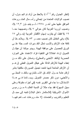 ‫)ﺍﻨﻅﺭ ﺍﻟﺠﺩﻭل ﺭﻗﻡ )٠١(؛ ﺇﺫ ﻴﻼﺤﻅ ﻤﻥ ﺃﺭﻗـﺎﻡ ﺍﻟﺠـﺩﻭل، ﺃﻥ‬
‫‪‬‬
‫ﻨﺼﻴﺏ ﺍﻟﻭﻻﻴﺎﺕ ﺍﻟﻤﺘﺤﺩﺓ ﻤﻥ ﺇﺠﻤﺎﻟﻲ ﺭﺃﺴـﻤﺎل ﺍﻟﻤﺸـﺭﻭﻋﺎﺕ‬
                                             ‫‪‬‬
‫ﺍﻟﻤﻭﺍ ﹶﻕ ﻋﻠﻴﻬﺎ ﺤﺘﻰ ﺁﺨـﺭ ٨٧٩١، ﻟـﻡ ﻴﺘﺠـﺎﻭﺯ ٣,٢١ %،‬
                                          ‫ﻓ‬
‫ﻭﻨﺼﻴﺏ ﺃﻭﺭﻭﺒﺎ ﺍﻟﻐﺭﺒﻴﺔ ﻜﺎﻥ ﺤﻭﺍﻟﻲ ٧ %، ﻭﻨﺼﻴﺒﻬﻤﺎ ﻤ ‪‬ـﺎ‬
  ‫ﻌ‬
‫٩١ % ﻓﻘﻁ، ﺃﻱ ﻴﻘﺎﺭﺏ ﺇﺴﻬﺎﻡ ﺍﻷﻗﻁﺎﺭ ﺍﻟﻌﺭﺒﻴﺔ )ﺤـﻭﺍﻟﻲ ٧١‬
‫%(، ﻭﻓﻲ ﺍﻟﻤﻘﺎﺒل ﻜﺎﻥ ﻨﺼﻴﺏ ﻤﺼـﺭ ٣٥ %. ﻭﻴﻼﺤـﻅ ﺃﻥ‬
‫ﻜﺎﻓﺔ ﻫﺫﻩ ﺍﻷﺭﻗﺎﻡ ﻭﺍﻟﻨ ‪‬ﺏ ﹸﻤﺜل ﺍﻟﺘﻘـﺩﻴﺭﺍﺕ ﺍﻟﻤﺴـﺠﻠﺔ ﻋﻠـﻰ‬
                            ‫ﱢﺴ ﺘ‬
‫ﺍﻟﻭﺭﻕ ﻟﻠﺤﺼﻭل ﻋﻠﻰ ﻤﻭﺍﻓﻘﺔ ﺍﻟﻬﻴﺌﺔ. ﻭﻴﺒﺩﻭ ﻤﺅﻜ ‪‬ﺍ ﺃﻥ ﻫﻴﻜـل‬
          ‫ﺩ‬
‫ﺍﻟﺘﻤﻭﻴل ﺍﺯﺩﺍﺩ ﺍﺨﺘﻼﻻ ﻓﻲ ﺍﻟﺘﻨﻔﻴﺫ؛ ﻓﺯﺍﺩ ﺍﻻﻋﺘﻤﺎﺩ ﻋﻠﻰ ﺍﻟﻤﻭﺍﺭﺩ‬
                                     ‫ﹰ‬
‫ﺍﻟﻤﺼﺭﻴﺔ )ﺒﺎﻟﻨﻘﺩ ﺍﻷﺠﻨﺒﻲ ﻭﺍﻟﻤﺤﻠﻲ(، ﻭﻨﺴﺘﺩل ﻋﻠﻰ ﺫﻟﻙ ﻤـﻥ‬
‫ﺇﺨﻔﺎﺀ ﺍﻟﻬﻴﺌﺔ ﻟﻸﺭﻗﺎﻡ ﺍﻟﺩﺍﻟﺔ ﻋﻠﻰ ﻫﻴﻜل ﺍﻟﺘﻤﻭﻴل ﺍﻟﻔﻌﻠﻲ )ﺭﻏـﻡ‬
‫ﺃﻥ ﺍﻷﺭﻗﺎﻡ ﺍﻟﻤﺘﺎﺤﺔ ﻟﺩﻴﻬﺎ ﺘﺘﻌﻤﺩ ﺘﺠﻤﻴل ﺍﻟﺼﻭﺭﺓ(، ﻤﻜﺘﻔﻴﺔ ﺒﻨﺸﺭ‬
                                           ‫‪‬‬
‫ﺃﺭﻗﺎﻡ ﻋﺎﻤﺔ ﺤـﻭل ﺍﻹﻨﻔـﺎﻕ ﺍﻻﺴـﺘﺜﻤﺎﺭﻱ، ﺒﺎﻟﻨﻘـﺩ ﺍﻟﻤﺤﻠـﻲ‬
‫ﻭﺍﻷﺠﻨﺒﻲ، ﺩﻭﻥ ﺫﻜﺭ ﻤﺼﺩﺭ ﺍﻟﺘﻤﻭﻴل. ﻭﻴﺴـﺎﻨﺩﻨﺎ ﻓـﻲ ﻫـﺫﺍ‬
‫ﺍﻻﺴﺘﺩﻻ ِ، ﻤﺎ ﺠﺎﺀ ﻓﻲ ﺍﻟﺘﻘﺭﻴﺭ ﻨﻔﺴﻪ )ﻓﻲ ﺃﺠﺯﺍﺀ ﻤﺘﻔﺭﻗﺔ ﻭﻋﻠﻰ‬
                                              ‫ل‬
‫ﺴﺒﻴل ﺍﻟﺴﻬﻭ(؛ ﻓﻘﺩ ﺠﺎﺀ ﻤﺜﻼ ﺃﻥ ﺍﻟﻨﺴﺒﺔ ﺍﻟﻐﺎﻟﺒـﺔ ﻤـﻥ ﺭﺀﻭﺱ‬
                         ‫ﹰ ‪‬‬
‫ﺍﻷﻤﻭﺍل ﺍﻷﻤﺭﻴﻜﻴﺔ )ﻟﻼﺴﺘﺜﻤﺎﺭ ﺩﺍﺨل ﺍﻟﺒﻼﺩ( ﺘﺘﺠﻪ ﺇﻟﻰ ﻤﺠـﺎل‬
‫ﺍﻟﺘﻌﻠﻴﻡ ﻭﺍﻟﺘﺩﺭﻴﺏ ﻭﺍﻟﺨﺩﻤﺎﺕ )٥ ﻤﺸـﺭﻭﻋﺎﺕ ﺘﺴـﺎﻫﻡ ﻓﻴﻬـﺎ‬


‫٥٠٤١‬
 