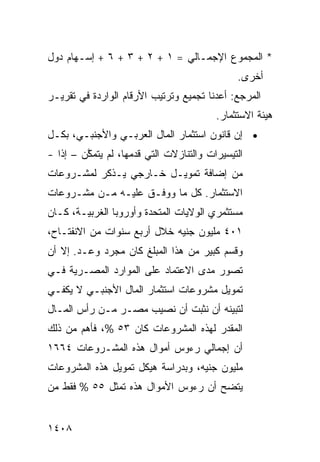 ‫* ﺍﻟﻤﺠﻤﻭﻉ ﺍﻹﺠﻤـﺎﻟﻲ = ١ + ٢ + ٣ + ٦ + ﺇﺴـﻬﺎﻡ ﺩﻭل‬
                                                ‫ﺃﺨ ‪‬ﻯ.‬
                                                  ‫ﺭ‬
‫ﺍﻟﻤﺭﺠﻊ: ﺃﻋﺩﻨﺎ ﺘﺠﻤﻴﻊ ﻭﺘﺭﺘﻴﺏ ﺍﻷﺭﻗﺎﻡ ﺍﻟﻭﺍﺭﺩﺓ ﻓﻲ ﺘﻘﺭﻴـﺭ‬
                                           ‫ﻫﻴﺌﺔ ﺍﻻﺴﺘﺜﻤﺎﺭ.‬
‫• ﺇﻥ ﻗﺎﻨﻭﻥ ﺍﺴﺘﺜﻤﺎﺭ ﺍﻟﻤﺎل ﺍﻟﻌﺭﺒـﻲ ﻭﺍﻷﺠﻨﺒـﻲ، ﺒﻜـل‬
                                           ‫‪‬‬
‫ﺍﻟﺘﻴﺴﻴﺭﺍﺕ ﻭﺍﻟﺘﻨﺎﺯﻻﺕ ﺍﻟﺘﻲ ﻗﺩﻤﻬﺎ، ﻟﻡ ﻴﺘﻤ ﱠﻥ – ﺇ ﹰﺍ -‬
   ‫ﺫ‬      ‫ﻜ‬
‫ﻤﻥ ﺇﻀﺎﻓﺔ ﺘﻤﻭﻴـل ﺨـﺎﺭﺠﻲ ﻴـﺫﻜﺭ ﻟﻤﺸـﺭﻭﻋﺎﺕ‬
‫ﺍﻻﺴﺘﺜﻤﺎﺭ. ﻜل ﻤﺎ ‪‬ﻭﻓـﻕ ﻋﻠﻴـﻪ ﻤـﻥ ﻤﺸـﺭﻭﻋﺎﺕ‬
                       ‫ﻭ‬
‫ﻤﺴﺘﺜﻤﺭﻱ ﺍﻟﻭﻻﻴﺎﺕ ﺍﻟﻤﺘﺤﺩﺓ ﻭﺃﻭﺭﻭﺒﺎ ﺍﻟﻐﺭﺒﻴـﺔ، ﻜـﺎﻥ‬
‫١٠٤ ﻤﻠﻴﻭﻥ ﺠﻨﻴﻪ ﺨﻼل ﺃﺭﺒﻊ ﺴﻨﻭﺍﺕ ﻤﻥ ﺍﻻﻨﻔﺘـﺎﺡ،‬
‫ﻭﻗﺴﻡ ﻜﺒﻴﺭ ﻤﻥ ﻫﺫﺍ ﺍﻟﻤﺒﻠﻎ ﻜﺎﻥ ﻤﺠﺭﺩ ﻭﻋـﺩ. ﺇﻻ ﺃﻥ‬
‫‪‬‬
‫ﺘﺼﻭﺭ ﻤﺩﻯ ﺍﻻﻋﺘﻤﺎﺩ ﻋﻠﻰ ﺍﻟﻤﻭﺍﺭﺩ ﺍﻟﻤﺼـﺭﻴﺔ ﻓـﻲ‬
‫ﺘﻤﻭﻴل ﻤﺸﺭﻭﻋﺎﺕ ﺍﺴﺘﺜﻤﺎﺭ ﺍﻟﻤﺎل ﺍﻷﺠﻨﺒـﻲ ﻻ ﻴﻜﻔـﻲ‬
‫ﻟﺘﺒﻴﻨﻪ ﺃﻥ ﻨﺜﺒﺕ ﺃﻥ ﻨﺼﻴﺏ ﻤﺼـﺭ ﻤـﻥ ﺭﺃﺱ ﺍﻟﻤـﺎل‬
‫ﺍﻟﻤﻘﺩﺭ ﻟﻬﺫﻩ ﺍﻟﻤﺸﺭﻭﻋﺎﺕ ﻜﺎﻥ ٣٥ %، ﻓﺄﻫﻡ ﻤﻥ ﺫﻟﻙ‬
‫ﺃﻥ ﺇﺠﻤﺎﻟﻲ ﺭﺀﻭﺱ ﺃﻤﻭﺍل ﻫﺫﻩ ﺍﻟﻤﺸـﺭﻭﻋﺎﺕ ٤٦٦١‬
‫ﻤﻠﻴﻭﻥ ﺠﻨﻴﻪ، ﻭﺒﺩﺭﺍ ‪‬ﺔ ﻫﻴﻜل ﺘﻤﻭﻴل ﻫﺫﻩ ﺍﻟﻤﺸﺭﻭﻋﺎﺕ‬
                          ‫ﺴ‬
‫ﻴﺘﻀﺢ ﺃﻥ ﺭﺀﻭﺱ ﺍﻷﻤﻭﺍل ﻫﺫﻩ ﹸﻤﺜل ٥٥ % ﻓﻘﻁ ﻤﻥ‬
               ‫ﺘ‬


‫٨٠٤١‬
 