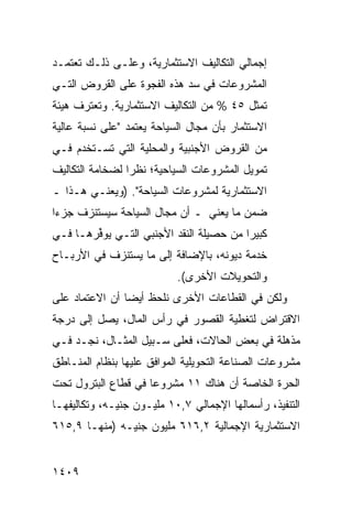 ‫ﺇﺠﻤﺎﻟﻲ ﺍﻟﺘﻜﺎﻟﻴﻑ ﺍﻻﺴﺘﺜﻤﺎﺭﻴﺔ، ﻭﻋﻠـﻰ ﺫﻟـﻙ ﺘﻌﺘﻤـﺩ‬
‫ﺍﻟﻤﺸﺭﻭﻋﺎﺕ ﻓﻲ ﺴﺩ ﻫﺫﻩ ﺍﻟﻔﺠﻭﺓ ﻋﻠﻰ ﺍﻟﻘﺭﻭﺽ ﺍﻟﺘـﻲ‬
‫ﺘﻤﺜل ٥٤ % ﻤﻥ ﺍﻟﺘﻜﺎﻟﻴﻑ ﺍﻻﺴﺘﺜﻤﺎﺭﻴﺔ. ﻭﺘﻌﺘﺭﻑ ﻫﻴﺌﺔ‬
‫ﹸ‬
‫ﺍﻻﺴﺘﺜﻤﺎﺭ ﺒﺄﻥ ﻤﺠﺎل ﺍﻟﺴﻴﺎﺤﺔ ﻴﻌﺘﻤﺩ "ﻋﻠﻰ ﻨﺴﺒﺔ ﻋﺎﻟﻴﺔ‬
‫ﻤﻥ ﺍﻟﻘﺭﻭﺽ ﺍﻷﺠﻨﺒﻴﺔ ﻭﺍﻟﻤﺤﻠﻴﺔ ﺍﻟﺘﻲ ﺘﺴـﺘﺨﺩﻡ ﻓـﻲ‬
‫ﺘﻤﻭﻴل ﺍﻟﻤﺸﺭﻭﻋﺎﺕ ﺍﻟﺴﻴﺎﺤﻴﺔ؛ ﻨﻅ ‪‬ﺍ ﻟﻀﺨﺎﻤﺔ ﺍﻟﺘﻜﺎﻟﻴﻑ‬
                 ‫ﺭ‬
‫ﺍﻻﺴﺘﺜﻤﺎﺭﻴﺔ ﻟﻤﺸﺭﻭﻋﺎﺕ ﺍﻟﺴﻴﺎﺤﺔ". )ﻭﻴﻌﻨـﻲ ﻫـﺫﺍ ـ‬
‫ﻀﻤﻥ ﻤﺎ ﻴﻌﻨﻲ ـ ﺃﻥ ﻤﺠﺎل ﺍﻟﺴﻴﺎﺤﺔ ﺴﻴﺴﺘﻨﺯﻑ ﺠﺯ ‪‬ﺍ‬
 ‫ﺀ‬
‫ﻜﺒﻴ ‪‬ﺍ ﻤﻥ ﺤﺼﻴﻠﺔ ﺍﻟﻨﻘﺩ ﺍﻷﺠﻨﺒﻲ ﺍﻟﺘـﻲ ﻴﻭ ﱢﺭﻫـﺎ ﻓـﻲ‬
        ‫ﻓ‬                                 ‫ﺭ‬
‫ﺨﺩﻤﺔ ﺩﻴﻭﻨﻪ، ﺒﺎﻹﻀﺎﻓﺔ ﺇﻟﻰ ﻤﺎ ﻴﺴﺘﻨﺯﻑ ﻓﻲ ﺍﻷﺭﺒـﺎﺡ‬
                           ‫ﻭﺍﻟﺘﺤﻭﻴﻼﺕ ﺍﻷﺨﺭﻯ(.‬
‫ﻭﻟﻜﻥ ﻓﻲ ﺍﻟﻘﻁﺎﻋﺎﺕ ﺍﻷﺨﺭﻯ ﻨﻠﺤﻅ ﺃﻴ ‪‬ﺎ ﺃﻥ ﺍﻻﻋﺘﻤﺎﺩ ﻋﻠﻰ‬
                ‫ﻀ‬
‫ﺍﻻﻗﺘﺭﺍﺽ ﻟﺘﻐﻁﻴﺔ ﺍﻟﻘﺼﻭﺭ ﻓﻲ ﺭﺃﺱ ﺍﻟﻤﺎل، ﻴﺼل ﺇﻟﻰ ﺩﺭﺠﺔ‬
‫ﻤﺫﻫﻠﺔ ﻓﻲ ﺒﻌﺽ ﺍﻟﺤﺎﻻﺕ، ﻓﻌﻠﻰ ﺴـﺒﻴل ﺍﻟﻤﺜـﺎل، ﻨﺠـﺩ ﻓـﻲ‬
‫ﻤﺸﺭﻭﻋﺎﺕ ﺍﻟﺼﻨﺎﻋﺔ ﺍﻟﺘﺤﻭﻴﻠﻴﺔ ﺍﻟﻤﻭﺍﻓﻕ ﻋﻠﻴﻬﺎ ﺒﻨﻅﺎﻡ ﺍﻟﻤﻨـﺎﻁﻕ‬
‫ﺍﻟﺤﺭﺓ ﺍﻟﺨﺎﺼﺔ ﺃﻥ ﻫﻨﺎﻙ ١١ ﻤﺸﺭﻭ ‪‬ﺎ ﻓﻲ ﻗﻁﺎﻉ ﺍﻟﺒﺘﺭﻭل ﺘﺤﺕ‬
                     ‫ﻋ‬
‫ﺍﻟﺘﻨﻔﻴﺫ، ﺭﺃﺴﻤﺎﻟﻬﺎ ﺍﻹﺠﻤﺎﻟﻲ ٧,٠١ ﻤﻠﻴـﻭﻥ ﺠﻨﻴـﻪ، ﻭﺘﻜﺎﻟﻴﻔﻬـﺎ‬
‫ﺍﻻﺴﺘﺜﻤﺎﺭﻴﺔ ﺍﻹﺠﻤﺎﻟﻴﺔ ٢,٦١٦ ﻤﻠﻴﻭﻥ ﺠﻨﻴـﻪ )ﻤﻨﻬـﺎ ٩,٥١٦‬


‫٩٠٤١‬
 