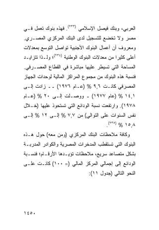 ‫ﺍﻟﻌﺭﺒﻲ، ﻭﺒﻨﻙ ﻓﻴﺼل ﺍﻹﺴﻼﻤﻲ )٣٣٢(. ﻓﻬﺫﻩ ﺒﻨﻭﻙ ﺘﻌﻤل ﻓـﻲ‬
         ‫‪‬‬
‫ﻤﺼﺭ ﻭﻻ ﺘﺨﻀﻊ ﻟﻠﺘﺴﺠﻴل ﻟﺩﻯ ﺍﻟﺒﻨﻙ ﺍﻟﻤﺭﻜﺯﻱ ﺍﻟﻤﺼـﺭﻱ.‬
‫ﻭﻤﻌﺭﻭﻑ ﺃﻥ ﺃﻋﻤﺎل ﺍﻟﺒﻨﻭﻙ ﺍﻷﺠﻨﺒﻴﺔ ﺘﻭﺍﺼل ﺍﻟﺘﻭﺴﻊ ﺒﻤﻌﺩﻻﺕ‬
‫ﺃﻋﻠﻰ ﻜﺜﻴ ‪‬ﺍ ﻤﻥ ﻤﻌﺩﻻﺕ ﺍﻟﺒﻨﻭﻙ ﺍﻟﻭﻁﻨﻴﺔ )٤٣٢(؛ ﻭﻟـﺫﺍ ﺘﺘﺯﺍﻴـﺩ‬
                                              ‫ﺭ‬
‫ﺍﻟﻤﺴﺎﺤﺔ ﺍﻟﺘﻲ ﺘﺴﻴﻁﺭ ﻋﻠﻴﻬﺎ ﻤﺒﺎﺸﺭﺓ ﻓﻲ ﺍﻟﻘﻁﺎﻉ ﺍﻟﻤﺼـﺭﻓﻲ.‬
‫ﻓﻨﺴﺒﺔ ﻫﺫﻩ ﺍﻟﺒﻨﻭﻙ ﻤﻥ ﻤﺠﻤﻭﻉ ﺍﻟﻤﺭﺍﻜﺯ ﺍﻟﻤﺎﻟﻴﺔ ﻟﻭﺤﺩﺍﺕ ﺍﻟﺠﻬﺎﺯ‬
‫ﺍﻟﻤﺼﺭﻓﻲ ﻜﺎﻨـﺕ ٦,٩ % )ﻋـﺎﻡ ٦٧٩١( ــ ﺯﺍﺩﺕ ﺇﻟـﻰ‬
‫١,٤١ % )ﻋﺎﻡ ٧٧٩١( ـ ﻭﻭﺼـﻠﺕ ﺇﻟـﻰ ٠٢ % )ﻋـﺎﻡ‬
‫٨٧٩١(. ﻭﺍﺭﺘﻔﻌﺕ ﻨﺴﺒﺔ ﺍﻟﻭﺩﺍﺌﻊ ﺍﻟﺘﻲ ﺘﺴﺘﺤﻭﺫ ﻋﻠﻴﻬﺎ )ﺨـﻼل‬
‫ﻨﻔﺱ ﺍﻟﺴﻨﻭﺍﺕ ﻋﻠﻰ ﺍﻟﺘﻭﺍﻟﻲ( ﻤﻥ ٧,٧ % ﺇﻟـﻰ ٢١ % ﺇﻟـﻰ‬
                                         ‫٨,٥١ % )٥٣٢(.‬
‫ﻭﻜﺎﻓﺔ ﻤﻼﺤﻅﺎﺕ ﺍﻟﺒﻨﻙ ﺍﻟﻤﺭﻜﺯﻱ )ﻭﻤﻥ ﻤﻌﻪ( ﺤﻭل ﻫـﺫﻩ‬
                                        ‫ﹸ‬
‫ﺍﻟﺒﻨﻭﻙ ﺍﻟﺘﻲ ﺘﺴﺘﻘﻁﺏ ﺍﻟﻤﺩﺨﺭﺍﺕ ﺍﻟﻤﺼﺭﻴﺔ ﻭﺍﻟﻜﻭﺍﺩﺭ ﺍﻟﻤﺩﺭﺒـﺔ‬
‫ﺒﺸﻜل ﻤﺘﺼﺎﻋﺩ ﺴﺭﻴﻊ، ﻤﻼﺤﻅﺎﺕ ﺘﺅﻴـﺩﻫﺎ ﺍﻷﺭﻗـﺎﻡ؛ ﻓﻨﺴـﺒﺔ‬
‫ﹸ‬
‫ﺍﻟﻭﺩﺍﺌﻊ ﺇﻟﻰ ﺇﺠﻤﺎﻟﻲ ﺍﻟﻤﺭﻜﺯ ﺍﻟﻤﺎﻟﻲ )= ٠٠١( ﻜﺎﻨـﺕ ﻋﻠـﻰ‬
                                ‫ﺍﻟﻨﺤﻭ ﺍﻟﺘﺎﻟﻲ )ﺠﺩﻭل ١١(:‬




‫٠٥٤١‬
 