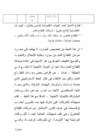 ‫٥,٨٥ +‬           ‫١,٦ + ٣,٧‬
              ‫٥١‬
‫* ﻗﻁﺎﻉ ﺍﻷﻋﻤﺎل ﺍﻟﻌﺎﻡ: ﺍﻟﻬﻴﺌﺎﺕ ﺍﻻﻗﺘﺼﺎﺩﻴﺔ )ﺨﺩﻤﻲ ﺒﻤﻘﺎﺒل( + ﺍﻟﻬﻴﺌـﺎﺕ‬
                ‫ﺍﻻﻗﺘﺼﺎﺩﻴﺔ )ﺇﻨﺘﺎﺝ ﺴﻠﻌﻲ( + ﺸﺭﻜﺎﺕ ﺍﻟﻘﻁﺎﻉ ﺍﻟﻌﺎﻡ.‬
‫* * ﺍﻟﻘﻁﺎﻉ ﺍﻟﺨﺎﺹ: ﺸـﺭﻜﺎﺕ ﺍﻷﻤـﻭﺍل + ﺸـﺭﻜﺎﺕ ﺍﻷﺸـﺨﺎﺹ +‬
                              ‫ﺠﻤﻌﻴﺎﺕ ﺘﻌﺎﻭﻨﻴﺔ + ‪‬ﻨﺸﺂﺕ ﻓﺭﺩﻴﺔ.‬
                                         ‫ﻤ‬

‫* ﺇﻥ ﻫﺫﺍ ﺍﻟﻨﻤﻁ ﻤﻥ ﺘﺨﺼﻴﺹ ﺍﻟﻤﻭﺍﺭﺩ، ﻻ ﻴﻬ ِﻑ ﺇﻟﻰ ﻤﺠـﺭﺩ‬
           ‫ﺩ‬
‫ﺤﺭﻤﺎﻥ ﺍﻟﻘﻁﺎﻉ ﺍﻟﻌﺎﻡ ﻤﻥ ﻤﻭﺍﺭﺩ ﻭﻁﻨﻴﺔ ﻟﻺﺤﻼل ﻭﺍﻟﺘﺠﺩﻴـﺩ‬
                      ‫‪‬‬
‫ﻭﺍﻟﺘﻭﺴﻊ؛ ﻓﺎﻟﻬﺩﻑ ﺍﻟﺠﻭﻫﺭﻱ، ﻫﻭ ﺍﻹﺴﻬﺎﻡ ﻓﻲ ﺇﻋﺎﺩﺓ ﺼﻴﺎﻏﺔ‬
‫ﺍﻟﻘﻁﺎﻉ ﺍﻟﻌﺎﻡ؛ ﻭﻟﺫﺍ ﻨﺠﺩ ﺃﻥ ﺍﻟﺒﻨﻭﻙ ﺍﻷﺠﻨﺒﻴﺔ ﻻ ﺘﻤﺘﻨـﻊ ﻓـﻲ‬
‫ﺍﻟﺤﻘﻴﻘﺔ ـ ﺘﻤﺎ ‪‬ﺎ ـ ﻋﻥ ﺇﻗﺭﺍﺽ ﺒﻌﺽ ﻭﺤـﺩﺍﺕ ﺍﻟﻘﻁـﺎﻉ‬
                               ‫ﻤ‬
‫ﺍﻟﻌﺎﻡ، ﻭﻟﻜﻥ ﻴﺘﻡ ﺍﻻﻨﺘﻘﺎﺀ ﻓﻲ ﺇﻁﺎﺭ ﺍﻟﺨﻁ ﺍﻻﺴﺘﺭﺍﺘﻴﺠﻲ ﺍﻟﺫﻱ‬
‫ﺤﺩﺩﺘﻪ ﺩﺭﺍﺴﺎﺕ ﻭﺃﻭﻟﻭﻴﺎﺕ ﺍﻟﻬﻴﺌﺎﺕ ﺍﻟﺩﻭﻟﻴﺔ، ﻭﺍﻟﺫﻱ ﻭﺠـﻪ‬
‫ﺍﺘﺠﺎﻩ ﺍﻟﻤﺴﺘﺜﻤﺭﻴﻥ ﺍﻷﺠﺎﻨـﺏ ﻨﺤـﻭ ﺒﻌـﺽ ﻤﺸـﺭﻭﻋﺎﺕ‬
‫ﺍﻟﻤﺸﺎﺭﻜﺔ، ﻓﺎﻟﺒﻨﻭﻙ ﺍﻷﺠﻨﺒﻴﺔ ـ ﺍﺘﺴﺎ ﹰﺎ ﻤﻊ ﻫﺫﺍ ﺍﻟﺨﻁ ـ ﺘﻘﺩﻡ‬
                    ‫ﻗ‬
‫ﺘﺴﻬﻴﻼﺕ ﻟﻠﺸﺭﻜﺎﺕ ﺍﻟﺘﻲ ﺸﺎﺭﻙ ﻓﻴﻬﺎ ﻤﺴـﺘﺜﻤﺭﻭﻥ ﺃﺠﺎﻨـﺏ‬
‫‪‬‬
‫)ﻭﺃﺼﺒﺤﺕ ﻓﻲ ﻋﺭﻑ ﻗﺎﻨﻭﻥ ﺍﻻﺴﺘﺜﻤﺎﺭ ﻤﻥ ﺸﺭﻜﺎﺕ ﺍﻟﻘﻁﺎﻉ‬
‫ﺍﻟﺨﺎﺹ(. ﻭﻫﻲ ﺘﻘﺩﻡ ﺘﺴﻬﻴﻼﺕ ﺍﺌﺘﻤﺎﻨﻴﺔ ﺃﻴ ‪‬ـﺎ ﻟﻠﺸـﺭﻜﺎﺕ‬
           ‫ﻀ‬
‫ﺍﻟﻤﺭﺸﺤﺔ ﻟﻬﺫﺍ "ﺍﻟﺸﺭﻑ"، ﺃﻱ ﻟﻠﺸﺭﻜﺎﺕ ﺍﻟﺭﺍﺒﺤـﺔ، ﻭﺍﻟﺘـﻲ‬

‫٨٥٤١‬
 