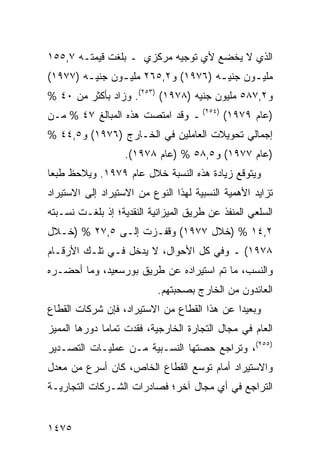 ‫ﺍﻟﺫﻱ ﻻ ﻴﺨﻀﻊ ﻷﻱ ﺘﻭﺠﻴﻪ ﻤﺭﻜﺯﻱ ـ ﺒﻠﻐﺕ ﻗﻴﻤﺘـﻪ ٧,٥٥١‬
‫ﻤﻠﻴ ـﻭﻥ ﺠﻨﻴ ـﻪ )٦٧٩١( ﻭ٢,٥٦٢ ﻤﻠﻴ ـﻭﻥ ﺠﻨﻴ ـﻪ )٧٧٩١(‬
        ‫ـ‬       ‫ـ‬                    ‫ـ‬       ‫ـ‬
‫ﻭ٢,٧٨٥ ﻤﻠﻴﻭﻥ ﺠﻨﻴﻪ )٨٧٩١( )٣٥٢(. ﻭﺯﺍﺩ ﺒﺄﻜﺜﺭ ﻤﻥ ٠٤ %‬
        ‫‪‬‬
‫)ﻋﺎﻡ ٩٧٩١( )٤٥٢( ـ ﻭﻗﺩ ﺍﻤﺘﺼﺕ ﻫﺫﻩ ﺍﻟﻤﺒﺎﻟﻎ ٧٤ % ﻤـﻥ‬
‫ﺇﺠﻤﺎﻟﻲ ﺘﺤﻭﻴﻼﺕ ﺍﻟﻌﺎﻤﻠﻴﻥ ﻓﻲ ﺍﻟﺨـﺎﺭﺝ )٦٧٩١( ﻭ٥,٤٤ %‬
                   ‫)ﻋﺎﻡ ٧٧٩١( ﻭ٥,٨٥ % )ﻋﺎﻡ ٨٧٩١(.‬
‫ﻭﻴﺘﻭﻗﻊ ﺯﻴﺎﺩﺓ ﻫﺫﻩ ﺍﻟﻨﺴﺒﺔ ﺨﻼل ﻋﺎﻡ ٩٧٩١. ﻭﻴﻼﺤﻅ ﻁﺒ ‪‬ﺎ‬
 ‫ﻌ‬                                   ‫ﹸ‬
‫ﺘﺯﺍﻴﺩ ﺍﻷﻫﻤﻴﺔ ﺍﻟﻨﺴﺒﻴﺔ ﻟﻬﺫﺍ ﺍﻟﻨﻭﻉ ﻤﻥ ﺍﻻﺴﺘﻴﺭﺍﺩ ﺇﻟﻰ ﺍﻻﺴﺘﻴﺭﺍﺩ‬
‫ﺍﻟﺴﻠﻌﻲ ﺍﻟﻤﻨﻔﺫ ﻋﻥ ﻁﺭﻴﻕ ﺍﻟﻤﻴﺯﺍﻨﻴﺔ ﺍﻟﻨﻘﺩﻴﺔ؛ ﺇﺫ ﺒﻠﻐـﺕ ﻨﺴـﺒﺘﻪ‬
‫٢,٤١ % )ﺨﻼل ٧٧٩١( ﻭﻗﻔـﺯﺕ ﺇﻟـﻰ ٥,٧٢ % )ﺨـﻼل‬
‫٨٧٩١( ـ ﻭﻓﻲ ﻜل ﺍﻷﺤﻭﺍل، ﻻ ﻴﺩﺨل ﻓـﻲ ﺘﻠـﻙ ﺍﻷﺭﻗـﺎﻡ‬
‫ﻭﺍﻟﻨﺴﺏ، ﻤﺎ ﺘﻡ ﺍﺴﺘﻴﺭﺍ ‪‬ﻩ ﻋﻥ ﻁﺭﻴﻕ ﺒﻭﺭﺴﻌﻴﺩ، ﻭﻤﺎ ﺃﺤﻀـﺭﻩ‬
                             ‫ﺩ‬
                           ‫ﺍﻟﻌﺎﺌﺩﻭﻥ ﻤﻥ ﺍﻟﺨﺎﺭﺝ ﺒ ‪‬ﺤﺒﺘﻬﻡ.‬
                                 ‫ﺼ‬
‫ﻭﺒﻌﻴ ‪‬ﺍ ﻋﻥ ﻫﺫﺍ ﺍﻟﻘﻁﺎﻉ ﻤﻥ ﺍﻻﺴﺘﻴﺭﺍﺩ، ﻓﺈﻥ ﺸﺭﻜﺎﺕ ﺍﻟﻘﻁﺎﻉ‬
                                             ‫ﺩ‬
‫ﺍﻟﻌﺎﻡ ﻓﻲ ﻤﺠﺎل ﺍﻟﺘﺠﺎﺭﺓ ﺍﻟﺨﺎﺭﺠﻴﺔ، ﻓﻘﺩﺕ ﺘﻤﺎ ‪‬ﺎ ﺩﻭﺭﻫﺎ ﺍﻟﻤﻤﻴﺯ‬
              ‫ﻤ‬
‫)٥٥٢(، ﻭﺘﺭﺍﺠﻊ ﺤﺼﺘﻬﺎ ﺍﻟﻨﺴـﺒﻴﺔ ﻤـﻥ ﻋﻤﻠﻴـﺎﺕ ﺍﻟﺘﺼـﺩﻴﺭ‬
                                    ‫‪‬‬
‫ﻭﺍﻻﺴﺘﻴﺭﺍﺩ ﺃﻤﺎﻡ ﺘﻭﺴﻊ ﺍﻟﻘﻁﺎﻉ ﺍﻟﺨﺎﺹ، ﻜﺎﻥ ﺃﺴﺭﻉ ﻤﻥ ﻤﻌﺩل‬
‫ﺍﻟﺘﺭﺍﺠﻊ ﻓﻲ ﺃﻱ ﻤﺠﺎل ﺁﺨﺭ؛ ﻓﺼﺎﺩﺭﺍﺕ ﺍﻟﺸـﺭﻜﺎﺕ ﺍﻟﺘﺠﺎﺭﻴـﺔ‬


‫٥٧٤١‬
 