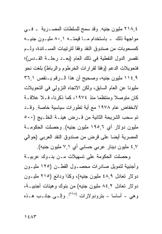 ‫٤,٨١٢ ﻤﻠﻴﻭﻥ ﺠﻨﻴﻪ. ﻭﻗﺩ ﺴﻤﺢ ﻟﻠﺴﻠﻁﺎﺕ ﺍﻟﻤﺼـﺭﻴﺔ ـ ﻓـﻲ‬
‫ﻤﻭﺍﺠﻬﺔ ﺫﻟﻙ ـ ﺒﺎﺴﺘﺨﺩﺍﻡ ﻤـﺎ ﻗﻴﻤﺘـﻪ ١,٠٨ ﻤﻠﻴـﻭﻥ ﺠﻨﻴـﻪ‬
‫ﻜﻤﺴﺤﻭﺒﺎﺕ ﻤﻥ ﺼﻨﺩﻭﻕ ﺍﻟﻨﻘﺩ ﻭﻓ ﹰﺎ ﻟﺘﺭﺘﻴﺒﺎﺕ ﺍﻟﻤﺴـﺎﻨﺩﺓ، ﻭﻟـﻡ‬
                          ‫ﻘ‬
‫ﺘﻘﺼﺭ ﺍﻟﺩﻭل ﺍﻟﻨﻔﻁﻴﺔ ﻓﻲ ﺫﻟﻙ ﺍﻟﻌﺎﻡ )ﺒﻌـﺩ ﺭﺤﻠـﺔ ﺍﻟﻘـﺩﺱ(؛‬
‫ﻓﺘﺤﻭﻴﻼﺕ ﺍﻟﺩﻋﻡ )ﻭﻓ ﹰﺎ ﻟﻘﺭﺍﺭﺍﺕ ﺍﻟﺨﺭﻁﻭﻡ ﻭﺍﻟﺭﺒﺎﻁ( ﺒﻠﻐﺕ ﻨﺤﻭ‬
                                   ‫ﻘ‬
‫٩,٤١١ ﻤﻠﻴﻭﻥ ﺠﻨﻴﻪ، ﻭﺼﺤﻴﺢ ﺃﻥ ﻫﺫﺍ ﺍﻟـﺭﻗﻡ ﻴـﻨﻘﺹ ١,٦٣‬
‫ﻤﻠﻴﻭ ﹰﺎ ﻋﻥ ﺍﻟﻌﺎﻡ ﺍﻟﺴﺎﺒﻕ، ﻭﻟﻜﻥ ﺍﻻﺘﺠﺎﻩ ﺍﻟﻨﺯﻭﻟﻲ ﻓﻲ ﺍﻟﺘﺤﻭﻴﻼﺕ‬
                                                  ‫ﻨ‬
‫ﻜﺎﻥ ﻤﺘﻭﺼﻼ ﻭﻤﻨﺘﻅ ‪‬ﺎ ﻤﻨﺫ ٤٧٩١، ﻜﻤﺎ ﺫﻜﺭﻨﺎ، ﻓـﻼ ﻋﻼﻗـﺔ‬
                                ‫ﻤ‬       ‫ﹰ‬
‫ﻻﻨﺨﻔﺎﺽ ﻋﺎﻡ ٨٧٩١ ﻤﻊ ﺃﻴﺔ ﺘﻁﻭﺭﺍﺕ ﺴﻴﺎﺴﻴﺔ ﺨﺎﺼﺔ. ﻭﻗـﺩ‬
‫ﺘﻡ ﺴﺤﺏ ﺍﻟﺸﺭﻴﺤﺔ ﺍﻟﺜﺎﻨﻴﺔ ﻤﻥ ﻗـﺭﺽ ﻫﻴﺌـﺔ ﺍﻟﺨﻠـﻴﺞ )٠٠٥‬
‫ﻤﻠﻴﻭﻥ ﺩﻭﻻﺭ ﺃﻱ ٦,٥٩١ ﻤﻠﻴﻭﻥ ﺠﻨﻴﻪ(. ﻭﺤﺼﻠﺕ ﺍﻟﺤﻜﻭﻤـﺔ‬
‫ﺍﻟﻤﺼﺭﻴﺔ ﺃﻴ ‪‬ﺎ ﻋﻠﻰ ﻗﺭﺽ ﻤﻥ ﺼﻨﺩﻭﻕ ﺍﻟﻨﻘﺩ ﺍﻟﻌﺭﺒﻲ )ﺤﻭﺍﻟﻲ‬
                                      ‫ﻀ‬
       ‫٧,٤ ﻤﻠﻴﻭﻥ ﺩﻴﻨﺎﺭ ﻋﺭﺒﻲ ﺤﺴﺎﺒﻲ ﺃﻱ ١,٧ ﻤﻠﻴﻭﻥ ﺠﻨﻴﻪ(.‬
‫ﻭﺤﺼﻠﺕ ﺍﻟﺤﻜﻭﻤﺔ ﻋﻠﻰ ﺘﺴﻬﻴﻼﺕ ﻤـﻥ ﺒﻨـﻭﻙ ﻋﺭﺒﻴـﺔ‬
                            ‫ﹸ‬
‫ﻭﺃﺠﻨﺒﻴﺔ ﻟﺘﻤﻭﻴل ﺼﺎﺩﺭﺍﺕ ﻤﺤﺼـﻭل ﺍﻟﻘﻁـﻥ )٥٢١ ﻤﻠﻴـﻭﻥ‬
‫ﺩﻭﻻﺭ ﺘﻌﺎﺩل ٩,٨٤ ﻤﻠﻴﻭﻥ ﺠﻨﻴﻪ(، ﻭﻜﺫﺍ ﻭﺩﺍﺌﻊ )٥١٢ ﻤﻠﻴـﻭﻥ‬
‫ﺩﻭﻻﺭ ﺘﻌﺎﺩل ٢,٤٨ ﻤﻠﻴﻭﻥ ﺠﻨﻴﻪ( ﻤﻥ ﺒﻨﻭﻙ ﻭﻫﻴﺌﺎﺕ ﺃﺠﻨﺒﻴـﺔ،‬
‫ﻭﻫﻲ - ﺃﺴﺎ ‪‬ﺎ - ﺒﺘﺭﻭﺩﻭﻻﺭﺍﺕ )٨٦٢(. ﻭﺇﻟـﻰ ﺠﺎﻨـﺏ ﻫـﺫﻩ‬
                                      ‫ﺴ‬


‫٣٨٤١‬
 