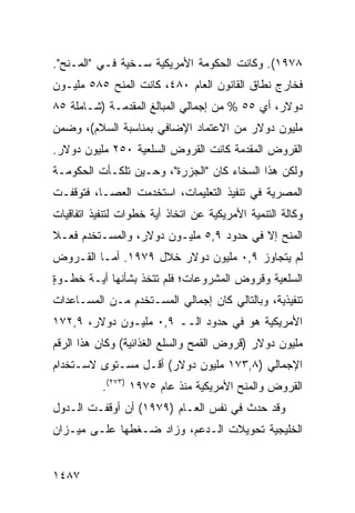 ‫٨٧٩١(. ﻭﻜﺎﻨﺕ ﺍﻟﺤﻜﻭﻤﺔ ﺍﻷﻤﺭﻴﻜﻴﺔ ﺴـﺨﻴﺔ ﻓـﻲ "ﺍﻟﻤـﻨﺢ".‬
‫ﻓﺨﺎﺭﺝ ﻨﻁﺎﻕ ﺍﻟﻘﺎﻨﻭﻥ ﺍﻟﻌﺎﻡ ٠٨٤، ﻜﺎﻨﺕ ﺍﻟﻤﻨﺢ ٥٨٥ ﻤﻠﻴـﻭﻥ‬
‫ﺩﻭﻻﺭ، ﺃﻱ ٥٥ % ﻤﻥ ﺇﺠﻤﺎﻟﻲ ﺍﻟﻤﺒﺎﻟﻎ ﺍﻟﻤﻘﺩﻤـﺔ )ﺸـﺎﻤﻠﺔ ٥٨‬
‫ﻤﻠﻴﻭﻥ ﺩﻭﻻﺭ ﻤﻥ ﺍﻻﻋﺘﻤﺎﺩ ﺍﻹﻀﺎﻓﻲ ﺒﻤﻨﺎﺴﺒﺔ ﺍﻟﺴﻼﻡ(، ﻭﻀﻤﻥ‬
‫ﺍﻟﻘﺭﻭﺽ ﺍﻟﻤﻘﺩﻤﺔ ﻜﺎﻨﺕ ﺍﻟﻘﺭﻭﺽ ﺍﻟﺴﻠﻌﻴﺔ ٠٥٢ ﻤﻠﻴﻭﻥ ﺩﻭﻻﺭ.‬
‫ﻭﻟﻜﻥ ﻫﺫﺍ ﺍﻟﺴﺨﺎﺀ ﻜﺎﻥ "ﺍﻟﺠﺯﺭﺓ"، ﻭﺤـﻴﻥ ﺘﻠﻜـﺄﺕ ﺍﻟﺤﻜﻭﻤـﺔ‬
‫ﺍﻟﻤﺼﺭﻴﺔ ﻓﻲ ﺘﻨﻔﻴﺫ ﺍﻟﺘﻌﻠﻴﻤﺎﺕ، ﺍﺴﺘﺨﺩﻤﺕ ﺍﻟﻌﺼـﺎ، ﻓﺘﻭﻗﻔـﺕ‬
‫ﻭﻜﺎﻟﺔ ﺍﻟﺘﻨﻤﻴﺔ ﺍﻷﻤﺭﻴﻜﻴﺔ ﻋﻥ ﺍﺘﺨﺎﺫ ﺃ ‪‬ﺔ ﺨﻁﻭﺍﺕ ﻟﺘﻨﻔﻴﺫ ﺍﺘﻔﺎﻗﻴﺎﺕ‬
                       ‫ﻴ‬
‫ﺍﻟﻤﻨﺢ ﺇﻻ ﻓﻲ ﺤﺩﻭﺩ ٩,٥ ﻤﻠﻴـﻭﻥ ﺩﻭﻻﺭ، ﻭﺍﻟﻤﺴـﺘﺨﺩﻡ ﻓﻌـﻼ‬
‫ﹰ‬
‫ﻟﻡ ﻴﺘﺠﺎﻭﺯ ٩,٠ ﻤﻠﻴﻭﻥ ﺩﻭﻻﺭ ﺨﻼل ٩٧٩١. ﺃﻤـﺎ ﺍﻟﻘـﺭﻭﺽ‬
‫ﺍﻟﺴﻠﻌﻴﺔ ﻭﻗﺭﻭﺽ ﺍﻟﻤﺸﺭﻭﻋﺎﺕ؛ ﻓﻠﻡ ﹸﺘﺨﺫ ﺒﺸﺄﻨﻬﺎ ﺃ ‪‬ـﺔ ﺨﻁـﻭﺓ‬
‫ٍ‬     ‫ﻴ ﹸ‬             ‫ﺘ‬
‫ﺘﻨﻔﻴﺫﻴﺔ، ﻭﺒﺎﻟﺘﺎﻟﻲ ﻜﺎﻥ ﺇﺠﻤﺎﻟﻲ ﺍﻟﻤﺴـﺘﺨﺩﻡ ﻤـﻥ ﺍﻟﻤﺴـﺎﻋﺩﺍﺕ‬
‫ﺍﻷﻤﺭﻴﻜﻴﺔ ﻫﻭ ﻓﻲ ﺤﺩﻭﺩ ﺍﻟــ ٩,٠ ﻤﻠﻴـﻭﻥ ﺩﻭﻻﺭ، ٩,٢٧١‬
‫ﻤﻠﻴﻭﻥ ﺩﻭﻻﺭ )ﻗﺭﻭﺽ ﺍﻟﻘﻤﺢ ﻭﺍﻟﺴﻠﻊ ﺍﻟﻐﺫﺍﺌﻴﺔ( ﻭﻜﺎﻥ ﻫﺫﺍ ﺍﻟﺭﻗﻡ‬
‫ﺍﻹﺠﻤﺎﻟﻲ )٨,٣٧١ ﻤﻠﻴﻭﻥ ﺩﻭﻻﺭ( ﺃﻗـل ﻤﺴـﺘﻭﻯ ﻻﺴـﺘﺨﺩﺍﻡ‬
           ‫ﺍﻟﻘﺭﻭﺽ ﻭﺍﻟﻤﻨﺢ ﺍﻷﻤﺭﻴﻜﻴﺔ ﻤﻨﺫ ﻋﺎﻡ ٥٧٩١ )٣٧٢(.‬
‫ﻭﻗﺩ ﺤﺩﺙ ﻓﻲ ﻨﻔﺱ ﺍﻟﻌـﺎﻡ )٩٧٩١( ﺃﻥ ﺃﻭﻗﻔـﺕ ﺍﻟـﺩﻭل‬
‫ﺍﻟﺨﻠﻴﺠﻴﺔ ﺘﺤﻭﻴﻼﺕ ﺍﻟـﺩﻋﻡ، ﻭﺯﺍﺩ ﻀـﻐﻁﻬﺎ ﻋﻠـﻰ ﻤﻴـﺯﺍﻥ‬


‫٧٨٤١‬
 