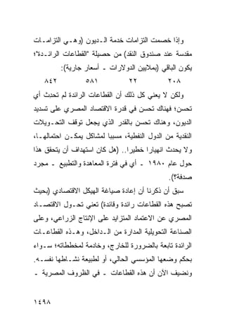 ‫ﻭﺇﺫﺍ ﺨﺼﻤﺕ ﺍﻟﺘﺯﺍﻤﺎﺕ ﺨﺩﻤﺔ ﺍﻟـﺩﻴﻭﻥ )ﻭﻫـﻲ ﺍﻟﺘﺯﺍﻤـﺎﺕ‬
‫ﻤﻘﺩﺴﺔ ﻋﻨﺩ ﺼﻨﺩﻭﻕ ﺍﻟﻨﻘﺩ( ﻤﻥ ﺤﺼﻴﻠﺔ "ﺍﻟﻘﻁﺎﻋﺎﺕ ﺍﻟﺭﺍﺌـﺩﺓ"؛‬
         ‫ﻴﻜﻭﻥ ﺍﻟﺒﺎﻗﻲ )ﺒﻤﻼﻴﻴﻥ ﺍﻟﺩﻭﻻﺭﺍﺕ ـ ﺃﺴﻌﺎﺭ ﺠﺎﺭﻴﺔ(:‬
   ‫٢٤٨‬            ‫١٨٥‬            ‫٢٢‬            ‫٨٠٢‬
‫ﻭﻟﻜﻥ ﻻ ﻴﻌﻨﻲ ﻜل ﺫﻟﻙ ﺃﻥ ﺍﻟﻘﻁﺎﻋﺎﺕ ﺍﻟﺭﺍﺌﺩﺓ ﻟﻡ ﹸﺤ ِﺙ ﺃﻱ‬
    ‫ﺘ ﺩ‬
‫ﺘﺤﺴﻥ؛ ﻓﻬﻨﺎﻙ ﺘﺤﺴﻥ ﻓﻲ ﻗﺩﺭﺓ ﺍﻻﻗﺘﺼﺎﺩ ﺍﻟﻤﺼﺭﻱ ﻋﻠﻰ ﺘﺴﺩﻴﺩ‬
‫ﺍﻟﺩﻴﻭﻥ، ﻭﻫﻨﺎﻙ ﺘﺤﺴﻥ ﺒﺎﻟﻘﺩﺭ ﺍﻟﺫﻱ ﻴﺠﻌل ﺘﻭﻗﻑ ﺍﻟﺘﺤـﻭﻴﻼﺕ‬
‫ﺍﻟﻨﻘﺩﻴﺔ ﻤﻥ ﺍﻟﺩﻭل ﺍﻟﻨﻔﻁﻴﺔ، ﻤﺴﺒ ‪‬ﺎ ﻟﻤﺸﺎﻜل ﻴﻤﻜـﻥ ﺍﺤﺘﻤﺎﻟﻬـﺎ،‬
                         ‫ﺒ‬
‫ﻭﻻ ‪‬ﺤﺩﺙ ﺍﻨﻬﻴﺎ ‪‬ﺍ ﺨﻁﻴ ‪‬ﺍ.. )ﻫل ﻜﺎﻥ ﺍﺴﺘﻬﺩﺍﻑ ﺃﻥ ﻴﺘﺤﻘﻕ ﻫﺫﺍ‬
                                ‫ﺭ‬      ‫ﺭ‬          ‫ﻴ‬
‫ﺤﻭل ﻋﺎﻡ ٠٨٩١ ـ ﺃﻱ ﻓﻲ ﻓﺘﺭﺓ ﺍﻟﻤﻌﺎﻫﺩﺓ ﻭﺍﻟﺘﻁﺒﻴﻊ ـ ﻤﺠﺭﺩ‬
                                               ‫ﺼﺩﻓﺔ؟(.‬
‫ﺴﺒﻕ ﺃﻥ ﺫﻜﺭﻨﺎ ﺃﻥ ﺇﻋﺎﺩﺓ ﺼﻴﺎﻏﺔ ﺍﻟﻬﻴﻜل ﺍﻻﻗﺘﺼﺎﺩﻱ )ﺒﺤﻴﺙ‬
‫ﺘﺼﺒﺢ ﻫﺫﻩ ﺍﻟﻘﻁﺎﻋﺎﺕ ﺭﺍﺌﺩﺓ ﻭﻗﺎﺌﺩﺓ( ﺘﻌﻨﻲ ﺘﺤـﻭل ﺍﻻﻗﺘﺼـﺎﺩ‬
‫ﺍﻟﻤﺼﺭﻱ ﻋﻥ ﺍﻻﻋﺘﻤﺎﺩ ﺍﻟﻤﺘﺯﺍﻴﺩ ﻋﻠﻰ ﺍﻹﻨﺘﺎﺝ ﺍﻟﺯﺭﺍﻋﻲ، ﻭﻋﻠﻰ‬
‫ﺍﻟﺼﻨﺎﻋﺔ ﺍﻟﺘﺤﻭﻴﻠﻴﺔ ﺍﻟﻤﺩﺍﺭﺓ ﻤﻥ ﺍﻟـﺩﺍﺨل، ﻭﻫـﺫﻩ ﺍﻟﻘﻁﺎﻋـﺎﺕ‬
                                ‫‪‬‬
‫ﺍﻟﺭﺍﺌﺩﺓ ﺘﺎﺒﻌﺔ ﺒﺎﻟﻀﺭﻭﺭﺓ ﻟﻠﺨﺎﺭﺝ، ﻭﺨﺎﺩﻤﺔ ﻟﻤﺨﻁﻁﺎﺘﻪ؛ ﺴـﻭﺍﺀ‬
‫ﺒﺤﻜﻡ ﻭﻀﻌﻬﺎ ﺍﻟﻤﺅﺴﺴﻲ ﺍﻟﺤﺎﻟﻲ، ﺃﻭ ﻟﻁﺒﻴﻌﺔ ﻨﺸـﺎﻁﻬﺎ ﻨﻔﺴـﻪ.‬
‫ﻭﻨﻀﻴﻑ ﺍﻵﻥ ﺃﻥ ﻫﺫﻩ ﺍﻟﻘﻁﺎﻋﺎﺕ ـ ﻓﻲ ﺍﻟﻅﺭﻭﻑ ﺍﻟﻤﺼﺭﻴﺔ ـ‬


‫٨٩٤١‬
 