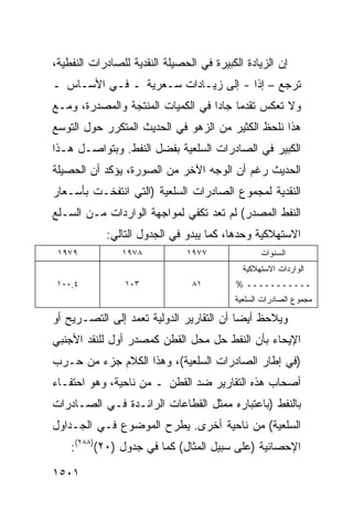 ‫ﺇﻥ ﺍﻟﺯﻴﺎﺩﺓ ﺍﻟﻜﺒﻴﺭﺓ ﻓﻲ ﺍﻟﺤﺼﻴﻠﺔ ﺍﻟﻨﻘﺩﻴﺔ ﻟﻠﺼﺎﺩﺭﺍﺕ ﺍﻟﻨﻔﻁﻴﺔ،‬
‫ﺘﺭﺠﻊ – ﺇ ﹰﺍ - ﺇﻟﻰ ﺯﻴـﺎﺩﺍﺕ ﺴـﻌﺭﻴﺔ ـ ﻓـﻲ ﺍﻷﺴـﺎﺱ ـ‬
                                     ‫ﺫ‬
‫ﻭﻻ ﺘﻌﻜﺱ ﺘﻘﺩ ‪‬ﺎ ﺠﺎﺩﺍ ﻓﻲ ﺍﻟﻜﻤﻴﺎﺕ ﺍﻟﻤﻨﺘﺠﺔ ﻭﺍﻟﻤﺼﺩﺭﺓ، ﻭﻤـﻊ‬
                                   ‫ﻤ ‪‬‬
‫ﻫﺫﺍ ﻨﻠﺤﻅ ﺍﻟﻜﺜﻴﺭ ﻤﻥ ﺍﻟﺯﻫﻭ ﻓﻲ ﺍﻟﺤﺩﻴﺙ ﺍﻟﻤﺘﻜﺭﺭ ﺤﻭل ﺍﻟﺘﻭﺴﻊ‬
‫ﺍﻟﻜﺒﻴﺭ ﻓﻲ ﺍﻟﺼﺎﺩﺭﺍﺕ ﺍﻟﺴﻠﻌﻴﺔ ﺒﻔﻀل ﺍﻟﻨﻔﻁ. ﻭﺒﺘﻭﺍﺼـل ﻫـﺫﺍ‬
‫ﺍﻟﺤﺩﻴﺙ ﺭﻏﻡ ﺃﻥ ﺍﻟﻭﺠﻪ ﺍﻵﺨﺭ ﻤﻥ ﺍﻟﺼﻭﺭﺓ، ﻴﺅﻜﺩ ﺃﻥ ﺍﻟﺤﺼﻴﻠﺔ‬
‫ﺍﻟﻨﻘﺩﻴﺔ ﻟﻤﺠﻤﻭﻉ ﺍﻟﺼﺎﺩﺭﺍﺕ ﺍﻟﺴﻠﻌﻴﺔ )ﺍﻟﺘﻲ ﺍﻨﺘﻔﺨـﺕ ﺒﺄﺴـﻌﺎﺭ‬
‫ﺍﻟﻨﻔﻁ ﺍﻟﻤﺼﺩﺭ( ﻟﻡ ﺘﻌﺩ ﺘﻜﻔﻲ ﻟﻤﻭﺍﺠﻬﺔ ﺍﻟﻭﺍﺭﺩﺍﺕ ﻤـﻥ ﺍﻟﺴـﻠﻊ‬
            ‫ﺍﻻﺴﺘﻬﻼﻜﻴﺔ ﻭﺤﺩﻫﺎ، ﻜﻤﺎ ﻴﺒﺩﻭ ﻓﻲ ﺍﻟﺠﺩﻭل ﺍﻟﺘﺎﻟﻲ:‬
 ‫٩٧٩١‬           ‫٨٧٩١‬           ‫٧٧٩١‬              ‫ﺍﻟﺴﻨﻭﺍﺕ‬
                                            ‫ﺍﻟﻭﺍﺭﺩﺍﺕ ﺍﻻﺴﺘﻬﻼﻜﻴﺔ‬
 ‫٤,٠٠١‬          ‫٣٠١‬             ‫١٨‬        ‫ـــــــــــ %‬
                                          ‫ﻤﺠﻤﻭﻉ ﺍﻟﺼﺎﺩﺭﺍﺕ ﺍﻟﺴﻠﻌﻴﺔ‬

‫ﻭ ‪‬ﻼﺤﻅ ﺃﻴ ‪‬ﺎ ﺃﻥ ﺍﻟﺘﻘﺎﺭﻴﺭ ﺍﻟﺩﻭﻟﻴﺔ ﺘﻌﻤﺩ ﺇﻟﻰ ﺍﻟﺘﺼـﺭﻴﺢ ﺃﻭ‬
                                          ‫ﻀ‬       ‫ﻴ‬
‫ﺍﻹﻴﺤﺎﺀ ﺒﺄﻥ ﺍﻟﻨﻔﻁ ﺤل ﻤﺤل ﺍﻟﻘﻁﻥ ﻜﻤﺼﺩﺭ ﺃﻭل ﻟﻠﻨﻘﺩ ﺍﻷﺠﻨﺒﻲ‬
‫)ﻓﻲ ﺇﻁﺎﺭ ﺍﻟﺼﺎﺩﺭﺍﺕ ﺍﻟﺴﻠﻌﻴﺔ(، ﻭﻫﺫﺍ ﺍﻟﻜﻼﻡ ﺠﺯﺀ ﻤﻥ ﺤـﺭﺏ‬
‫ﺃﺼﺤﺎﺏ ﻫﺫﻩ ﺍﻟﺘﻘﺎﺭﻴﺭ ﻀﺩ ﺍﻟﻘﻁﻥ ـ ﻤﻥ ﻨﺎﺤﻴﺔ، ﻭﻫﻭ ﺍﺤﺘﻔـﺎﺀ‬
‫ﺒﺎﻟﻨﻔﻁ )ﺒﺎﻋﺘﺒﺎﺭﻩ ﻤﻤﺜل ﺍﻟﻘﻁﺎﻋﺎﺕ ﺍﻟﺭﺍﺌـﺩﺓ ﻓـﻲ ﺍﻟﺼـﺎﺩﺭﺍﺕ‬
‫ﺍﻟﺴﻠﻌﻴﺔ( ﻤﻥ ﻨﺎﺤﻴﺔ ﺃﺨﺭﻯ. ﻴﻁﺭﺡ ﺍﻟﻤﻭﻀﻭﻉ ﻓـﻲ ﺍﻟﺠـﺩﺍﻭل‬
    ‫ﺍﻹﺤﺼﺎﺌﻴﺔ )ﻋﻠﻰ ﺴﺒﻴل ﺍﻟﻤﺜﺎل( ﻜﻤﺎ ﻓﻲ ﺠﺩﻭل )٠٢()٨٨٢(:‬

‫١٠٥١‬
 