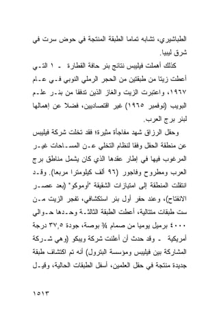 ‫ﺍﻟﻁﺒﺎﺸﻴﺭﻱ، ﺘﺸﺎﺒﻪ ﺘﻤﺎ ‪‬ﺎ ﺍﻟﻁﺒﻘﺔ ﺍﻟﻤﻨﺘﺠﺔ ﻓﻲ ﺤﻭﺽ ﺴﺭﺕ ﻓﻲ‬
                              ‫ﻤ‬
                                             ‫ﺸﺭﻕ ﻟﻴﺒﻴﺎ.‬
‫ﻜﺫﻟﻙ ﺃﻫﻤﻠﺕ ﻓﻴﻠﻴﺒﺱ ﻨﺘﺎﺌﺞ ﺒﺌﺭ ﺤﺎﻓﺔ ﺍﻟﻘﻁﺎﺭﺓ ـ ١ ﺍﻟﺘـﻲ‬
‫ﺃﻋﻁﺕ ﺯﻴ ﹰﺎ ﻤﻥ ﻁﺒﻘﺘﻴﻥ ﻤﻥ ﺍﻟﺤﺠﺭ ﺍﻟﺭﻤﻠﻲ ﺍﻟﻨﻭﺒﻲ ﻓـﻲ ﻋـﺎﻡ‬
                                           ‫ﺘ‬
‫٧٦٩١، ﻭﺍﻋﺘﺒﺭﺕ ﺍﻟﺯﻴﺕ ﻭﺍﻟﻐﺎﺯ ﺍﻟﺫﻴﻥ ﺘﺩﻓﻘﺎ ﻤﻥ ﺒﺌـﺭ ﻋﻠـﻡ‬
‫ﺍﻟﺒﻭﻴﺏ )ﻨﻭﻓﻤﺒﺭ ٥٦٩١( ﻏﻴﺭ ﺍﻗﺘﺼﺎﺩﻴﻴﻥ، ﻓﻀﻼ ﻋﻥ ﺇﻫﻤﺎﻟﻬﺎ‬
           ‫ﹰ‬
                                       ‫ﻟﺒﺌﺭ ﺒﺭﺝ ﺍﻟﻌﺭﺏ.‬
‫ﻭﺤﻘل ﺍﻟﺭﺯﺍﻕ ﺸﻬﺩ ﻤﻔﺎﺠﺄﺓ ﻤﺜﻴﺭﺓ؛ ﻓﻘﺩ ﺘﺨﻠﺕ ﺸﺭﻜﺔ ﻓﻴﻠﻴﺒﺱ‬
‫ﻋﻥ ﻤﻨﻁﻘﺔ ﺍﻟﺤﻘل ﻭﻓ ﹰﺎ ﻟﻨﻅﺎﻡ ﺍﻟﺘﺨﻠﻲ ﻋـﻥ ﺍﻟﻤﺴـﺎﺤﺎﺕ ﻏﻴـﺭ‬
                                 ‫ﻘ‬
‫ﺍﻟﻤﺭﻏﻭﺏ ﻓﻴﻬﺎ ﻓﻲ ﺇﻁﺎﺭ ﻋﻘﺩﻫﺎ ﺍﻟﺫﻱ ﻜﺎﻥ ﻴﺸﻤل ﻤﻨﺎﻁﻕ ﺒﺭﺝ‬
‫ﺍﻟﻌﺭﺏ ﻭﻤﻁﺭﻭﺡ ﻭﻓﺎﺠﻭﺭ )٦٩ ﺃﻟﻑ ﻜﻴﻠﻭﻤﺘ ‪‬ﺍ ﻤﺭﺒ ‪‬ﺎ(. ﻭﻗـﺩ‬
        ‫ﻌ‬      ‫ﺭ‬
‫ﺍﻨﺘﻘﻠﺕ ﺍﻟﻤﻨﻁﻘﺔ ﺇﻟﻰ ﺍﻤﺘﻴﺎﺯﺍﺕ ﺍﻟﺸﻘﻴﻘﺔ "ﺃﻭﻤﻭﻜﻭ" )ﺒﻌﺩ ﻋﺼـﺭ‬
‫ﺍﻻﻨﻔﺘﺎﺡ(، ﻭﻋﻨﺩ ﺤﻔﺭ ﺃﻭل ﺒﺌﺭ ﺍﺴﺘﻜﺸﺎﻓﻲ، ﺘﻔﺠﺭ ﺍﻟﺯﻴﺕ ﻤـﻥ‬
‫ﺴﺕ ﻁﺒﻘﺎﺕ ﻤﺘﺘﺎﻟﻴﺔ، ﺃﻋﻁﺕ ﺍﻟﻁﺒﻘﺔ ﺍﻟﺜﺎﻟﺜـﺔ ﻭﺤـﺩﻫﺎ ﺤـﻭﺍﻟﻲ‬
‫٠٠٠٤ ﺒﺭﻤﻴل ﻴﻭﻤ ‪‬ﺎ ﻤﻥ ﺼﻤﺎﻡ ¾ ﺒﻭﺼﺔ، ﺠﻭﺩﺓ ٥,٧٣ ﺩﺭﺠﺔ‬
                                ‫ﻴ‬
‫ﺃﻤﺭﻴﻜﻴﺔ ـ ﻭﻗﺩ ﺤﺩﺙ ﺃﻥ ﺃﻋﻠﻨﺕ ﺸﺭﻜﺔ ﻭﻴﺒﻜﻭ )ﻭﻫﻲ ﺸـﺭﻜﺔ‬
‫ﺍﻟﻤﺸﺎﺭﻜﺔ ﺒﻴﻥ ﻓﻴﻠﻴﺒﺱ ﻭﻤﺅﺴﺴﺔ ﺍﻟﺒﺘﺭﻭل( ﺃﻨﻪ ﺘﻡ ﺍﻜﺘﺸﺎﻑ ﻁﺒﻘﺔ‬
‫ﺠﺩﻴﺩﺓ ﻤﻨﺘﺠﺔ ﻓﻲ ﺤﻘل ﺍﻟﻌﻠﻤﻴﻥ، ﺃﺴﻔل ﺍﻟﻁﺒﻘﺎﺕ ﺍﻟﺤﺎﻟﻴﺔ، ﻭﻗﻴـل‬


‫٣١٥١‬
 