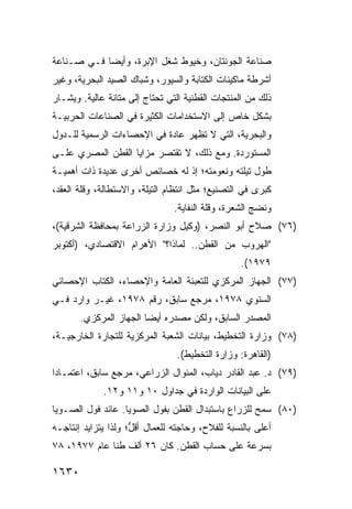 ‫ﺼﻨﺎﻋﺔ ﺍﻟﺠﻭﻨﺘﺎﻥ، ﻭﺨﻴﻭﻁ ﺸﻐل ﺍﻹﺒﺭﺓ، ﻭﺃﻴ ‪‬ﺎ ﻓـﻲ ﺼـﻨﺎﻋﺔ‬
            ‫ﻀ‬
‫ﺃﺸﺭﻁﺔ ﻤﺎﻜﻴﻨﺎﺕ ﺍﻟﻜﺘﺎﺒﺔ ﻭﺍﻟﺴﻴﻭﺭ، ﻭﺸﺒﺎﻙ ﺍﻟﺼﻴﺩ ﺍﻟﺒﺤﺭﻴﺔ، ﻭﻏﻴﺭ‬
‫ﺫﻟﻙ ﻤﻥ ﺍﻟﻤﻨﺘﺠﺎﺕ ﺍﻟﻘﻁﻨﻴﺔ ﺍﻟﺘﻲ ﺘﺤﺘﺎﺝ ﺇﻟﻰ ﻤﺘﺎﻨﺔ ﻋﺎﻟﻴﺔ. ﻭ ‪‬ﺸـﺎﺭ‬
    ‫ﻴ‬
‫ﺒﺸﻜل ﺨﺎﺹ ﺇﻟﻰ ﺍﻻﺴﺘﺨﺩﺍﻤﺎﺕ ﺍﻟﻜﺜﻴﺭﺓ ﻓﻲ ﺍﻟﺼﻨﺎﻋﺎﺕ ﺍﻟﺤﺭﺒﻴـﺔ‬
‫ﻭﺍﻟﺒﺤﺭﻴﺔ، ﺍﻟﺘﻲ ﻻ ﺘﻅﻬﺭ ﻋﺎﺩﺓ ﻓﻲ ﺍﻹﺤﺼﺎﺀﺍﺕ ﺍﻟﺭﺴﻤﻴﺔ ﻟﻠـﺩﻭل‬
‫ﺍﻟﻤﺴﺘﻭﺭﺩﺓ. ﻭﻤﻊ ﺫﻟﻙ، ﻻ ﺘﻘﺘﺼﺭ ﻤﺯﺍﻴﺎ ﺍﻟﻘﻁﻥ ﺍﻟﻤﺼﺭﻱ ﻋﻠـﻰ‬
‫ﻁﻭل ﺘﻴﻠﺘﻪ ﻭﻨﻌﻭﻤﺘﻪ؛ ﺇﺫ ﻟﻪ ﺨﺼﺎﺌﺹ ﺃﺨﺭﻯ ﻋﺩﻴﺩﺓ ﺫﺍﺕ ﺃﻫﻤﻴـﺔ‬
                      ‫‪‬‬
‫ﻜﺒﺭﻯ ﻓﻲ ﺍﻟﺘﺼﻨﻴﻊ؛ ﻤﺜل ﺍﻨﺘﻅﺎﻡ ﺍﻟﺘﻴﻠﺔ، ﻭﺍﻻﺴﺘﻁﺎﻟﺔ، ﻭﻗﻠﺔ ﺍﻟﻌﻘﺩ،‬
                                ‫ﻭﻨﻀﺞ ﺍﻟﺸﻌﺭﺓ، ﻭﻗﻠﺔ ﺍﻟﻨﻔﺎﻴﺔ.‬
‫)٦٧( ﺼﻼﺡ ﺃﺒﻭ ﺍﻟﻨﺼﺭ، )ﻭﻜﻴل ﻭﺯﺍﺭﺓ ﺍﻟﺯﺭﺍﻋﺔ ﺒﻤﺤﺎﻓﻅﺔ ﺍﻟﺸﺭﻗﻴﺔ(،‬
‫"ﺍﻟﻬﺭﻭﺏ ﻤﻥ ﺍﻟﻘﻁﻥ.. ﻟﻤﺎﺫﺍ؟" ﺍﻷﻫﺭﺍﻡ ﺍﻻﻗﺘﺼﺎﺩﻱ، )ﺃﻜﺘﻭﺒﺭ‬
                                                  ‫٩٧٩١(.‬
‫)٧٧( ﺍﻟﺠﻬﺎﺯ ﺍﻟﻤﺭﻜﺯﻱ ﻟﻠﺘﻌﺒﺌﺔ ﺍﻟﻌﺎﻤﺔ ﻭﺍﻹﺤﺼﺎﺀ، ﺍﻟﻜﺘﺎﺏ ﺍﻹﺤﺼﺎﺌﻲ‬
‫ﺍﻟﺴﻨﻭﻱ ٨٧٩١، ﻤﺭﺠﻊ ﺴﺎﺒﻕ، ﺭﻗﻡ ٨٧٩١، ﻏﻴـﺭ ﻭﺍﺭﺩ ﻓـﻲ‬
       ‫ﺍﻟﻤﺼﺩﺭ ﺍﻟﺴﺎﺒﻕ، ﻭﻟﻜﻥ ﻤﺼﺩﺭﻩ ﺃﻴ ‪‬ﺎ ﺍﻟﺠﻬﺎﺯ ﺍﻟﻤﺭﻜﺯﻱ.‬
                        ‫ﻀ‬
‫)٨٧( ﻭﺯﺍﺭﺓ ﺍﻟﺘﺨﻁﻴﻁ، ﺒﻴﺎﻨﺎﺕ ﺍﻟﺸﻌﺒﺔ ﺍﻟﻤﺭﻜﺯﻴﺔ ﻟﻠﺘﺠﺎﺭﺓ ﺍﻟﺨﺎﺭﺠﻴـﺔ،‬
                                 ‫)ﺍﻟﻘﺎﻫﺭﺓ: ﻭﺯﺍﺭﺓ ﺍﻟﺘﺨﻁﻴﻁ(.‬
‫)٩٧( ﺩ. ﻋﺒﺩ ﺍﻟﻘﺎﺩﺭ ﺩﻴﺎﺏ، ﺍﻟﻤﻨﻭﺍل ﺍﻟﺯﺭﺍﻋﻲ، ﻤﺭﺠﻊ ﺴﺎﺒﻕ، ﺍﻋﺘﻤـﺎ ‪‬ﺍ‬
 ‫ﺩ‬
             ‫ﻋﻠﻰ ﺍﻟﺒﻴﺎﻨﺎﺕ ﺍﻟﻭﺍﺭﺩﺓ ﻓﻲ ﺠﺩﺍﻭل ٠١ ﻭ١١ ﻭ٢١.‬
‫)٠٨( ‪‬ﻤﺢ ﻟﻠﺯﺭﺍﻉ ﺒﺎﺴﺘﺒﺩﺍل ﺍﻟﻘﻁﻥ ﺒﻔﻭل ﺍﻟﺼﻭﻴﺎ. ﻋﺎﺌﺩ ﻓﻭل ﺍﻟﺼـﻭﻴﺎ‬
                                                      ‫ﺴ‬
‫ﺃﻋﻠﻰ ﺒﺎﻟﻨﺴﺒﺔ ﻟﻠﻔﻼﺡ، ﻭﺤﺎﺠﺘﻪ ﻟﻠﻌﻤﺎل ﺃﻗ ﱡ؛ ﻭﻟﺫﺍ ﻴﺘﺯﺍﻴﺩ ﺇﻨﺘﺎﺠـﻪ‬
        ‫‪‬‬            ‫ل‬
‫ﺒﺴﺭﻋﺔ ﻋﻠﻰ ﺤﺴﺎﺏ ﺍﻟﻘﻁﻥ. ﻜﺎﻥ ٦٢ ﺃﻟﻑ ﻁ ﹰﺎ ﻋﺎﻡ ٧٧٩١، ٨٧‬
              ‫ﻨ‬

‫٠٣٦١‬
 