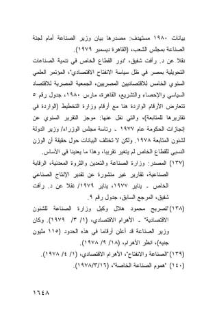 ‫ﺒﻴﺎﻨﺎﺕ ٠٨٩١ ﻤﺴﺘﻬﺩﻑ: ﻤﺼﺩﺭﻫﺎ ﺒﻴﺎﻥ ﻭﺯﻴﺭ ﺍﻟﺼﻨﺎﻋﺔ ﺃﻤﺎﻡ ﻟﺠﻨﺔ‬
                ‫ﺍﻟﺼﻨﺎﻋﺔ ﺒﻤﺠﻠﺱ ﺍﻟﺸﻌﺏ، )ﺍﻟﻘﺎﻫﺭﺓ ﺩﻴﺴﻤﺒﺭ ٩٧٩١(.‬
‫ﻨﻘﻼ ﻋﻥ ﺩ. ﺭﺃﻓﺕ ﺸﻔﻴﻕ، "ﺩﻭﺭ ﺍﻟﻘﻁﺎﻉ ﺍﻟﺨﺎﺹ ﻓﻲ ﺘﻨﻤﻴﺔ ﺍﻟﺼﻨﺎﻋﺎﺕ‬
                                                     ‫ﹰ‬
‫ﺍﻟﺘﺤﻭﻴﻠﻴﺔ ﺒﻤﺼﺭ ﻓﻲ ﻅل ﺴﻴﺎﺴﺔ ﺍﻻﻨﻔﺘﺎﺡ ﺍﻻﻗﺘﺼﺎﺩﻱ"، ﺍﻟﻤﺅﺘﻤﺭ ﺍﻟﻌﻠﻤﻲ‬
‫ﺍﻟﺴﻨﻭﻱ ﺍﻟﺨﺎﻤﺱ ﻟﻼﻗﺘﺼﺎﺩﻴﻴﻥ ﺍﻟﻤﺼﺭﻴﻴﻥ، ﺍﻟﺠﻤﻌﻴﺔ ﺍﻟﻤﺼﺭﻴﺔ ﻟﻼﻗﺘﺼﺎﺩ‬
‫ﺍﻟﺴﻴﺎﺴﻲ ﻭﺍﻹﺤﺼﺎﺀ ﻭﺍﻟﺘﺸﺭﻴﻊ، ﺍﻟﻘﺎﻫﺭﺓ، ﻤﺎﺭﺱ ٠٨٩١، ﺠﺩﻭل ﺭﻗﻡ ٥‬
‫ﺘﺘﻌﺎﺭﺽ ﺍﻷﺭﻗﺎﻡ ﺍﻟﻭﺍﺭﺩﺓ ﻫﻨﺎ ﻤﻊ ﺃﺭﻗﺎﻡ ﻭﺯﺍﺭﺓ ﺍﻟﺘﺨﻁﻴﻁ )ﺍﻟﻭﺍﺭﺩﺓ ﻓﻲ‬
‫ﺘﻘﺎﺭﻴﺭﻫﺎ ﻟﻠﻤﺘﺎﺒﻌﺔ(، ﻭﺍﻟﺘﻲ ﹸﻘل ﻋﻨﻬﺎ: ﻤﻭﺠﺯ ﺍﻟﺘﻘﺭﻴﺭ ﺍﻟﺴﻨﻭﻱ ﻋﻥ‬
                               ‫ﻨ‬
‫ﺇﻨﺠﺎﺯﺍﺕ ﺍﻟﺤﻜﻭﻤﺔ ﻋﺎﻡ ٧٧٩١ ـ ﺭﺌﺎﺴﺔ ﻤﺠﻠﺱ ﺍﻟﻭﺯﺭﺍﺀ/ ﻭﺯﻴﺭ ﺍﻟﺩﻭﻟﺔ‬
‫ﻟﺸﺌﻭﻥ ﺍﻟﻤﺘﺎﺒﻌﺔ ٨٧٩١. ﻭﻟﻜﻥ ﻻ ﺘﺨﺘﻠﻑ ﺍﻟﺒﻴﺎﻨﺎﺕ ﺤﻭل ﺤﻘﻴﻘﺔ ﺃﻥ ﺍﻟﻭﺯﻥ‬
   ‫ﺍﻟﻨﺴﺒﻲ ﻟﻠﻘﻁﺎﻉ ﺍﻟﺨﺎﺹ ﻟﻡ ﻴﺘﻐﻴﺭ ﺘﻘﺭﻴ ‪‬ﺎ، ﻭﻫﺫﺍ ﻤﺎ ﻴﻌﻨﻴﻨﺎ ﻓﻲ ﺍﻷﺴﺎﺱ.‬
                              ‫ﺒ‬
‫)٧٣١( ﺍﻟﻤﺼﺩﺭ: ﻭﺯﺍﺭﺓ ﺍﻟﺼﻨﺎﻋﺔ ﻭﺍﻟﺘﻌﺩﻴﻥ ﻭﺍﻟﺜﺭﻭﺓ ﺍﻟﻤﻌﺩﻨﻴﺔ، ﺍﻟﺭﻗﺎﺒﺔ‬
‫ﺍﻟﺼﻨﺎﻋﻴﺔ، ﺘﻘﺎﺭﻴﺭ ﻏﻴﺭ ﻤﻨﺸﻭﺭﺓ ﻋﻥ ﺘﻘﺩﻴﺭ ﺍﻹﻨﺘﺎﺝ ﺍﻟﺼﻨﺎﻋﻲ‬
‫ﺍﻟﺨﺎﺹ ـ ﻴﻨﺎﻴﺭ ٧٧٩١، ﻴﻨﺎﻴﺭ ٩٧٩١/ ﻨﻘﻼ ﻋﻥ ﺩ. ﺭﺃﻓﺕ‬
           ‫ﹰ‬
                      ‫ﺸﻔﻴﻕ، ﺍﻟﻤﺭﺠﻊ ﺍﻟﺴﺎﺒﻕ، ﺠﺩﻭل ﺭﻗﻡ ٩.‬
‫)٨٣١( "ﺘﺼﺭﻴﺢ ﻤﺤﻤﻭﺩ ﻫﻼل ﻭﻜﻴل ﻭﺯﺍﺭﺓ ﺍﻟﺼﻨﺎﻋﺔ ﻟﻠﺸﺌﻭﻥ‬
‫ﺍﻻﻗﺘﺼﺎﺩﻴﺔ" ـ ﺍﻷﻫﺭﺍﻡ ﺍﻻﻗﺘﺼﺎﺩﻱ، )١/ ٣/ ٩٧٩١(. ﻭﻜﺎﻥ‬
‫ﻭﺯﻴﺭ ﺍﻟﺼﻨﺎﻋﺔ ﻗﺩ ﺃﻋﻠﻥ ﺃﺭﻗﺎ ‪‬ﺎ ﻓﻲ ﻫﺫﻩ ﺍﻟﺤﺩﻭﺩ )٥١١ ﻤﻠﻴﻭﻥ‬
                          ‫ﻤ‬
                   ‫ﺠﻨﻴﻪ(، ﺍﻨﻅﺭ ﺍﻷﻫﺭﺍﻡ، )٨١/ ٩/ ٨٧٩١(.‬
   ‫)٩٣١( "ﺍﻟﺼﻨﺎﻋﺔ ﻭﺍﻻﻨﻔﺘﺎﺡ"، ﺍﻷﻫﺭﺍﻡ ﺍﻻﻗﺘﺼﺎﺩﻱ، )١/ ٤/ ٨٧٩١(.‬
                ‫)٠٤١( "ﻫﻤﻭﻡ ﺍﻟﺼﻨﺎﻋﺔ ﺍﻟﺨﺎﺼﺔ"، )٦١/٣/٨٧٩١(.‬



‫٨٤٦١‬
 