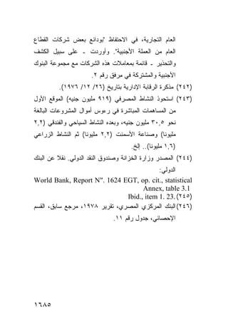 ‫ﺍﻟﻌﺎﻡ ﺍﻟﺘﺠﺎﺭﻴﺔ، ﻓﻲ ﺍﻻﺤﺘﻔﺎﻅ "ﺒﻭﺩﺍﺌﻊ ﺒﻌﺽ ﺸﺭﻜﺎﺕ ﺍﻟﻘﻁﺎﻉ‬
‫ﺍﻟﻌﺎﻡ ﻤﻥ ﺍﻟﻌﻤﻠﺔ ﺍﻷﺠﻨﺒﻴﺔ". ﻭﺃﻭﺭﺩﺕ ـ ﻋﻠﻰ ﺴﺒﻴل ﺍﻟﻜﺸﻑ‬
‫ﻭﺍﻟﺘﺤﺫﻴﺭ ـ ﻗﺎﺌﻤﺔ ﺒﻤﻌﺎﻤﻼﺕ ﻫﺫﻩ ﺍﻟﺸﺭﻜﺎﺕ ﻤﻊ ﻤﺠﻤﻭﻋﺔ ﺍﻟﺒﻨﻭﻙ‬
                      ‫ﺍﻷﺠﻨﺒﻴﺔ ﻭﺍﻟﻤﺸﺘ ‪‬ﻜﺔ ﻓﻲ ِﺭﻓﻕ ﺭﻗﻡ ٢.‬
                                ‫ﻤ‬      ‫ﺭ‬
         ‫)٢٤٢( ﻤﺫﻜﺭﺓ ﺍﻟﺭﻗﺎﺒﺔ ﺍﻹﺩﺍﺭﻴﺔ ﺒﺘﺎﺭﻴﺦ )٦٢/ ٢١/ ٦٧٩١(.‬
‫)٣٤٢( ﺍﺴﺘﺤﻭﺫ ﺍﻟﻨﺸﺎﻁ ﺍﻟﻤﺼﺭﻓﻲ )٩١٩ ﻤﻠﻴﻭﻥ ﺠﻨﻴﻪ( ﺍﻟﻤﻭﻗﻊ ﺍﻷﻭل‬
‫ﻤﻥ ﺍﻟﻤﺴﺎﻫﻤﺎﺕ ﺍﻟﻤﺒﺎﺸﺭﺓ ﻓﻲ ﺭﺀﻭﺱ ﺃﻤﻭﺍل ﺍﻟﻤﺸﺭﻭﻋﺎﺕ ﺍﻟﺒﺎﻟﻐﺔ‬
‫ﻨﺤﻭ ٥,٠٣ ﻤﻠﻴﻭﻥ ﺠﻨﻴﻪ، ﻭﺒﻌﺩﻩ ﺍﻟﻨﺸﺎﻁ ﺍﻟﺴﻴﺎﺤﻲ ﻭﺍﻟﻔﻨﺩﻗﻲ )٢,٢‬
‫ﻤﻠﻴﻭ ﹰﺎ( ﻭﺼﻨﺎﻋﺔ ﺍﻷﺴﻤﻨﺕ )٢,٢ ﻤﻠﻴﻭ ﹰﺎ( ﺜﻡ ﺍﻟﻨﺸﺎﻁ ﺍﻟﺯﺭﺍﻋﻲ‬
                    ‫ﻨ‬                           ‫ﻨ‬
                                     ‫)٦,١ ﻤﻠﻴﻭ ﹰﺎ(.. ﺇﻟﺦ.‬
                                              ‫ﻨ‬
‫)٤٤٢( ﺍﻟﻤﺼﺩﺭ ﻭﺯﺍﺭﺓ ﺍﻟﺨﺯﺍﻨﺔ ﻭﺼﻨﺩﻭﻕ ﺍﻟﻨﻘﺩ ﺍﻟﺩﻭﻟﻲ. ﻨﻘﻼ ﻋﻥ ﺍﻟﺒﻨﻙ‬
         ‫ﹰ‬
                                            ‫ﺍﻟﺩﻭﻟﻲ:‬
‫‪World Bank, Report N". 1624 EGT, op. cit., statistical‬‬
                                      ‫1.3 ‪Annex, table‬‬
                                ‫)٥٤٢( .32 .1 ‪Ibid., item‬‬
‫)٦٤٢( ﺍﻟﺒﻨﻙ ﺍﻟﻤﺭﻜﺯﻱ ﺍﻟﻤﺼﺭﻱ، ﺘﻘﺭﻴﺭ ٨٧٩١، ﻤﺭﺠﻊ ﺴﺎﺒﻕ، ﺍﻟﻘﺴﻡ‬
                              ‫ﺍﻹﺤﺼﺎﺌﻲ، ﺠﺩﻭل ﺭﻗﻡ ١١.‬




‫٥٨٦١‬
 
