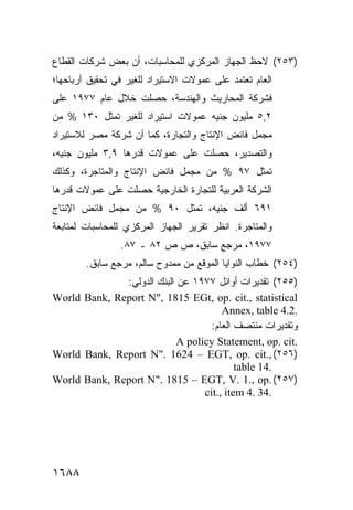 ‫)٣٥٢( ﻻﺤﻅ ﺍﻟﺠﻬﺎﺯ ﺍﻟﻤﺭﻜﺯﻱ ﻟﻠﻤﺤﺎﺴﺒﺎﺕ، ﺃﻥ ﺒﻌﺽ ﺸﺭﻜﺎﺕ ﺍﻟﻘﻁﺎﻉ‬
‫ﺍﻟﻌﺎﻡ ﺘﻌﺘﻤﺩ ﻋﻠﻰ ﻋﻤﻭﻻﺕ ﺍﻻﺴﺘﻴﺭﺍﺩ ﻟﻠﻐﻴﺭ ﻓﻲ ﺘﺤﻘﻴﻕ ﺃﺭﺒﺎﺤﻬﺎ؛‬
‫ﻓﺸﺭﻜﺔ ﺍﻟﻤﺤﺎﺭﻴﺙ ﻭﺍﻟﻬﻨﺩﺴﺔ، ﺤﺼﻠﺕ ﺨﻼل ﻋﺎﻡ ٧٧٩١ ﻋﻠﻰ‬
‫٢,٥ ﻤﻠﻴﻭﻥ ﺠﻨﻴﻪ ﻋﻤﻭﻻﺕ ﺍﺴﺘﻴﺭﺍﺩ ﻟﻠﻐﻴﺭ ﺘﻤﺜل ٠٣١ % ﻤﻥ‬
‫ﻤﺠﻤل ﻓﺎﺌﺽ ﺍﻹﻨﺘﺎﺝ ﻭﺍﻟﺘﺠﺎﺭﺓ، ﻜﻤﺎ ﺃﻥ ﺸﺭﻜﺔ ﻤﺼﺭ ﻟﻼﺴﺘﻴﺭﺍﺩ‬
                  ‫‪‬‬
‫ﻭﺍﻟﺘﺼﺩﻴﺭ، ﺤﺼﻠﺕ ﻋﻠﻰ ﻋﻤﻭﻻﺕ ﻗﺩﺭﻫﺎ ٩,٣ ﻤﻠﻴﻭﻥ ﺠﻨﻴﻪ،‬
‫ﺘﻤﺜل ٧٩ % ﻤﻥ ﻤﺠﻤل ﻓﺎﺌﺽ ﺍﻹﻨﺘﺎﺝ ﻭﺍﻟﻤﺘﺎﺠﺭﺓ، ﻭﻜﺫﻟﻙ‬
‫ﺍﻟﺸﺭﻜﺔ ﺍﻟﻌﺭﺒﻴﺔ ﻟﻠﺘﺠﺎﺭﺓ ﺍﻟﺨﺎﺭﺠﻴﺔ ﺤﺼﻠﺕ ﻋﻠﻰ ﻋﻤﻭﻻﺕ ﻗﺩﺭﻫﺎ‬
‫١٩٦ ﺃﻟﻑ ﺠﻨﻴﻪ، ﺘﻤﺜل ٠٩ % ﻤﻥ ﻤﺠﻤل ﻓﺎﺌﺽ ﺍﻹﻨﺘﺎﺝ‬
‫ﻭﺍﻟﻤﺘﺎﺠﺭﺓ. ﺍﻨﻅﺭ ﺘﻘﺭﻴﺭ ﺍﻟﺠﻬﺎﺯ ﺍﻟﻤﺭﻜﺯﻱ ﻟﻠﻤﺤﺎﺴﺒﺎﺕ ﻟﻤﺘﺎﺒﻌﺔ‬
                ‫٧٧٩١، ﻤﺭﺠﻊ ﺴﺎﺒﻕ، ﺹ ﺹ ٢٨ ـ ٧٨.‬
        ‫)٤٥٢( ﺨﻁﺎﺏ ﺍﻟﻨﻭﺍﻴﺎ ﺍﻟﻤﻭﻗﻊ ﻤﻥ ﻤﻤﺩﻭﺡ ﺴﺎﻟﻡ، ﻤﺭﺠﻊ ﺴﺎﺒﻕ.‬
              ‫)٥٥٢( ﺘﻘﺩﻴﺭﺍﺕ ﺃﻭﺍﺌل ٧٧٩١ ﻋﻥ ﺍﻟﺒﻨﻙ ﺍﻟﺩﻭﻟﻲ:‬
‫‪World Bank, Report N", 1815 EGt, op. cit., statistical‬‬
                                       ‫.2.4 ‪Annex, table‬‬
                                    ‫ﻭﺘﻘﺩﻴﺭﺍﺕ ﻤﻨﺘﺼﻑ ﺍﻟﻌﺎﻡ:‬
                            ‫.‪A policy Statement, op. cit‬‬
‫)٦٥٢( ,.‪World Bank, Report N". 1624 – EGT, op. cit‬‬
                                           ‫.41 ‪table‬‬
‫)٧٥٢( .‪World Bank, Report N". 1815 – EGT, V. 1., op‬‬
                                  ‫.43 .4 ‪cit., item‬‬




‫٨٨٦١‬
 