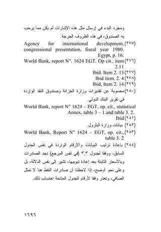 ‫ﻭﻤﺠﺭﺩ ﺍﻟﺒﺩﺀ ﻓﻲ ﺇﺭﺴﺎل ﻤﺜل ﻫﺫﻩ ﺍﻹﺸﺎﺭﺍﺕ ﻟﻡ ﻴﻜﻥ ﻤﻤﺎ ﻴﺭﺤﺏ‬
                    ‫ﺒﻪ ﺍﻟﺼﻨﺩﻭﻕ، ﻓﻲ ﻫﺫﻩ ﺍﻟﻅﺭﻭﻑ ﺍﻟﺤﺭﺠﺔ.‬
‫‪Agency‬‬         ‫‪for‬‬   ‫‪international‬‬     ‫)٥٧٢( ,‪development‬‬
‫.0891 ‪congressional presentation, fiscal year‬‬
                                        ‫.61 .‪Egypt, p‬‬
‫)٦٧٢( ‪World Bank, report N". 1624 EGT. Op cit., item‬‬
                                                 ‫11.2‬
                                     ‫)٧٧٢( 31 .2 ‪Ibid. Item‬‬
                                      ‫)٨٧٢( 4 .2 .‪Ibid item‬‬
                                     ‫)٩٧٢( 41 .2 ‪Ibid, Item‬‬
‫)٠٨٢( ﻤﺤﺴﻭﺒﺔ ﻋﻥ ﺘﻘﺩﻴﺭﺍﺕ ﻭﺯﺍﺭﺓ ﺍﻟﺨﺯﺍﻨﺔ ﻭﺼﻨﺩﻭﻕ ﺍﻟﻨﻘﺩ ﺍﻟﻭﺍﺭﺩﺓ‬
                              ‫ﻓﻲ ﺘﻘﺭﻴﺭ ﺍﻟﺒﻨﻙ ﺍﻟﺩﻭﻟﻲ.‬
‫‪World Bank, report N" 1624 – EGT, op. cit., statistical‬‬
                     ‫.2 .3 ‪Annex, table 3 – 1 and table‬‬
                                               ‫)١٨٢( ‪Ibid‬‬
                              ‫)٢٨٢( ﺒﻴﺎﻨﺎﺕ ﻭﺯﺍﺭﺓ ﺍﻟﺒﺘﺭﻭل.‬
‫)٣٨٢( ,.‪World Bank, Report N" 1624 – EGT, op. cit‬‬
                                         ‫2 .3 ‪table‬‬
‫)٤٨٢( ﺒﺈﻋﺎﺩﺓ ﺘﺭﺘﻴﺏ ﺍﻟﺒﻴﺎﻨﺎﺕ ﻭﺍﻷﺭﻗﺎﻡ ﺍﻟﻭﺍﺭﺩﺓ ﻓﻲ ﻨﻔﺱ ﺍﻟﺠﺩﻭل‬
‫ﺍﻟﺴﺎﺒﻕ، ﻭﻭﻓ ﹰﺎ ﻟﺠﺩﻭل ٣,٣ )ﻓﻲ ﻨﻔﺱ ﺍﻟﻤﺭﺠﻊ( ﻨﺠﺩ ﺍﻟﺼﺎﺩﺭﺍﺕ‬
                                        ‫ﻘ‬
‫ﻭﺒﺎﻷﺴﻌﺎﺭ ﺍﻟﺜﺎﺒﺘﺔ ﺒﻌﺩ ﺇﻋﺎﺩﺓ ﺘﺒﻭﻴﺒﻬﺎ، ﹸﺸﻴﺭ ﺇﻟﻰ ﻨﻔﺱ ﺍﻟﺩﻻﻟﺔ، ﺒل‬
                      ‫ﺘ‬
‫ﻭﻋﻠﻰ ﻨﺤﻭ ﺃﻭﻀﺢ، ﺇﺫﺍ ﻻﺤﻅﻨﺎ ﺃﻥ ﺼﺎﺩﺭﺍﺕ ﺍﻟﻨﻔﻁ ﻫﻨﺎ ﻻ ﹸﻤﺜل‬
   ‫ﺘ‬
    ‫ﺍﻟﺼﺎﻓﻲ، ﻭﺘﻌﺫﺭ ﻭﻓ ﹰﺎ ﻷﺭﻗﺎﻡ ﺍﻟﺠﺩﻭل ﺍﻟ ‪‬ﺘﺎﺤﺔ ﺍﺤﺘﺴﺎﺏ ﺫﻟﻙ.‬
                    ‫ﻤ‬                  ‫ﻘ‬




‫٦٩٦١‬
 