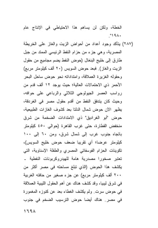 ‫ﺍﻟﺨﻁﺔ، ﻭﻟﻜﻥ ﻟﻥ ﻴﺴﺎﻫﻡ ﻫﺫﺍ ﺍﻻﺤﺘﻴﺎﻁﻲ ﻓﻲ ﺍﻹﻨﺘﺎﺝ ﻋﺎﻡ‬
                                 ‫‪‬‬
                                                ‫٠٨٩١".‬
‫)٧٨٢( ﻴﺘﺄﻜﺩ ﻭﺠﻭﺩ ﺃﻋﺩﺍﺩ ﻤﻥ ﺃﺤﻭﺍﺽ ﺍﻟﺯﻴﺕ ﻭﺍﻟﻐﺎﺯ ﻋﻠﻰ ﺍﻟﺨﺭﻴﻁﺔ‬
‫ﺍﻟﻤﺼﺭﻴﺔ، ﻭﻫﻲ ﺠﺯﺀ ﻤﻥ ﺤﺯﺍﻡ ﺍﻟﻨﻔﻁ ﺍﻟﺭﺌﻴﺴﻲ ﺍﻟﻤﻤﺘﺩ ﻤﻥ ﺠﺒل‬
‫ﻁﺎﺭﻕ ﺇﻟﻰ ﺨﻠﻴﺞ ﺍﻟﺒﻨﻐﺎل )ﺤﻭﺽ ﺍﻟﻨﻔﻁ ﻴﻀﻡ ﻤﺠﺎﻤﻴﻊ ﻤﻥ ﺤﻘﻭل‬
‫ﺍﻟﺯﻴﺕ ﻭﺍﻟﻐﺎﺯ(. ﻓﺒﻌﺩ ﺤﻭﺽ ﺍﻟﺴﻭﻴﺱ )٠٢ ﺃﻟﻑ ﻜﻴﻠﻭﻤﺘﺭ ﻤﺭﺒﻊ(‬
‫ﻭﺤﻘﻭﻟﻪ ﺍﻟﻐﺯﻴﺭﺓ ﺍﻟﻌﻤﻼﻗﺔ، ﻭﺍﻤﺘﺩﺍﺩﺍﺘﻪ ﻨﺤﻭ ﺤﻭﺽ ﺴﺎﺤل ﺍﻟﺒﺤﺭ‬
‫ﺍﻷﺤﻤﺭ ﺫﻱ ﺍﻻﺤﺘﻤﺎﻻﺕ ﺍﻟﻌﺎﻟﻴﺔ؛ ﺤﻴﺙ ﻴﻭﺠﺩ ٢١ ﺃﻟﻑ ﻗ ‪‬ﻡ ﻤﻥ‬
    ‫ﺩ‬
‫ﺭﻭﺍﺴﺏ ﺍﻟﻌﺼﺭ ﺍﻟﺠﻴﻭﻟﻭﺠﻲ ﺍﻟﺜﻼﺜﻲ ﻭﺍﻟﺭﺒﺎﻋﻲ ﻋﻠﻰ ﺤﻭﺍﻓﻪ،‬
‫ﻭﺤﻴﺙ ﻜﺎﻥ ﻴﺘﺩﻓﻕ ﺍﻟﻨﻔﻁ ﻤﻥ ﺃﻗﺩﻡ ﺤﻘﻭل ﻤﺼﺭ ﻓﻲ ﺍﻟﻐﺭﺩﻗﺔ،‬
‫ﻴﻅﻬﺭ ﺍﻵﻥ ﺤﻭﺽ ﺸﻤﺎل ﺍﻟﺩﻟﺘﺎ ﺒﻌﺩ ﻜﺸﻭﻑ ﺍﻟﻐﺎﺯﺍﺕ ﺍﻟﻁﺒﻴﻌﻴﺔ،‬
‫ﺤﻭﺽ "ﺃﺒﻭ ﺍﻟﻐﺭﺍﺩﻴﻕ" ﺫﻱ ﺍﻻﻤﺘﺩﺍﺩﺍﺕ ﺍﻟﻀﺨﻤﺔ ﻤﻥ ﺸﺭﻕ‬
‫ﻤﻨﺨﻔﺽ ﺍﻟﻘﻁﺎﺭﺓ، ﺤﺘﻰ ﻏﺭﺏ ﺍﻟﻘﺎﻫﺭﺓ )ﺤﻭﺍﻟﻲ ٠٥٤ ﻜﻴﻠﻭﻤﺘﺭ‬
‫ﺒﺎﺘﺠﺎﻩ ﺠﻨﻭﺏ ﻏﺭﺏ ﺇﻟﻰ ﺸﻤﺎل ﺸﺭﻕ، ﻭﻤﻥ ٠٦ ﺇﻟﻰ ٠٠١‬
‫ﻜﻴﻠﻭﻤﺘﺭ ﻋﺭ ‪‬ﺎ؛ ﺃﻱ ﺘﻘﺭﻴ ‪‬ﺎ ﻀﻌﻑ ﺤﻭﺽ ﺨﻠﻴﺞ ﺍﻟﺴﻭﻴﺱ(،‬
                       ‫ﺒ‬           ‫ﻀ‬
‫ﺘﻜﻭﻴﻨﺎﺕ ﺍﻟﺤﺯﺍﻡ ﺍﻟﻔﻭﺴﻔﺎﺘﻲ ﺍﻟﻤﺼﺭﻱ ﻭﺍﻟﻁﻔﻠﺔ ﺍﻹﺴﻨﺎﻭﻴﺔ، ﺍﻟﺘﻲ‬
‫ﺘﻌﺘﺒﺭ ﺼﺨﻭ ‪‬ﺍ ﻤﺼﺩﺭﻴﺔ ﻫﺎﻤﺔ ﻟﻠﻬﻴﺩﺭﻭﻜﺭﺒﻭﻨﺎﺕ ﺍﻟﻨﻔﻁﻴﺔ ـ‬
                                      ‫ﺭ‬
‫ﻴﻜﺸﻑ ﻫﺫﺍ ﺍﻟﺤﻭﺽ )ﺍﻟﺫﻱ ﺘﺒﻠﻎ ﻤﺴﺎﺤﺘﻪ ﻓﻲ ِﺼﺭ ﺃﻜﺜﺭ ﻤﻥ‬
          ‫ﻤ‬
‫٠٠٢ ﺃﻟﻑ ﻜﻴﻠﻭﻤﺘﺭ ﻤﺭﺒﻊ( ﻋﻥ ﺠﺯﺀ ﺼﻐﻴﺭ ﻤﻥ ﺤﺎﻓﺘﻪ ﺍﻟﻐﺭﺒﻴﺔ‬
‫ﻓﻲ ﺸﺭﻕ ﻟﻴﺒﻴﺎ، ﻭﻗﺩ ﻜﺸﻑ ﻫﻨﺎﻙ ﻋﻥ ﺃﻫﻡ ﺍﻟﺤﻘﻭل ﺍﻟﻠﻴﺒﻴﺔ ﺍﻟﻌﻤﻼﻗﺔ‬
‫ﻓﻲ ﺤﻭﺽ ﺴﺭﺕ. ﻭﻟﻡ ﻴﻜﺸﻑ ﺍﻟﻐﻁﺎﺀ ﺒﻌﺩ ﻋﻥ ﻜﻨﻭﺯﻩ ﺍﻟﻤﻐﻤﻭﺭﺓ‬
‫ﻓﻲ ﻤﺼﺭ. ﻫﻨﺎﻙ ﺃﻴ ‪‬ﺎ ﺤﻭﺽ ﺍﻟﺘﺭﺴﻴﺏ ﺍﻟﻀﺨﻡ ﻓﻲ ﺠﻨﻭﺏ‬
                           ‫ﻀ‬

‫٨٩٦١‬
 