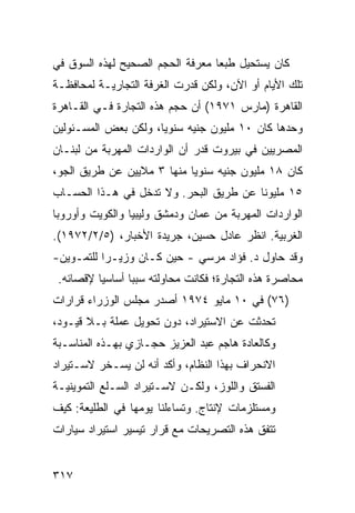 ‫ﻜﺎﻥ ﻴﺴﺘﺤﻴل ﻁﺒ ‪‬ﺎ ﻤﻌﺭﻓﺔ ﺍﻟﺤﺠﻡ ﺍﻟﺼﺤﻴﺢ ﻟﻬﺫﻩ ﺍﻟﺴﻭﻕ ﻓﻲ‬
                                  ‫ﻌ‬
‫ﺘﻠﻙ ﺍﻷﻴﺎﻡ ﺃﻭ ﺍﻵﻥ، ﻭﻟﻜﻥ ﻗﺩﺭﺕ ﺍﻟﻐﺭﻓﺔ ﺍﻟﺘﺠﺎﺭﻴـﺔ ﻟﻤﺤﺎﻓﻅـﺔ‬
‫ﺍﻟﻘﺎﻫﺭﺓ )ﻤﺎﺭﺱ ١٧٩١( ﺃﻥ ﺤﺠﻡ ﻫﺫﻩ ﺍﻟﺘﺠﺎﺭﺓ ﻓـﻲ ﺍﻟﻘـﺎﻫﺭﺓ‬
‫ﻭﺤﺩﻫﺎ ﻜﺎﻥ ٠١ ﻤﻠﻴﻭﻥ ﺠﻨﻴﻪ ﺴﻨﻭ ‪‬ﺎ، ﻭﻟﻜﻥ ﺒﻌﺽ ﺍﻟﻤﺴـﺌﻭﻟﻴﻥ‬
                      ‫ﻴ‬
‫ﺍﻟﻤﺼﺭﻴﻴﻥ ﻓﻲ ﺒﻴﺭﻭﺕ ﻗﺩﺭ ﺃﻥ ﺍﻟﻭﺍﺭﺩﺍﺕ ﺍﻟﻤﻬﺭﺒﺔ ﻤﻥ ﻟﺒﻨـﺎﻥ‬
‫ﻜﺎﻥ ٨١ ﻤﻠﻴﻭﻥ ﺠﻨﻴﻪ ﺴﻨﻭ ‪‬ﺎ ﻤﻨﻬﺎ ٣ ﻤﻼﻴﻴﻥ ﻋﻥ ﻁﺭﻴﻕ ﺍﻟﺠﻭ،‬
                            ‫ﻴ‬
‫٥١ ﻤﻠﻴﻭ ﹰﺎ ﻋﻥ ﻁﺭﻴﻕ ﺍﻟﺒﺤﺭ. ﻭﻻ ﺘﺩﺨل ﻓﻲ ﻫـﺫﺍ ﺍﻟﺤﺴـﺎﺏ‬
                                        ‫ﻨ‬
‫ﺍﻟﻭﺍﺭﺩﺍﺕ ﺍﻟﻤﻬﺭﺒﺔ ﻤﻥ ﻋﻤﺎﻥ ﻭﺩﻤﺸﻕ ﻭﻟﻴﺒﻴﺎ ﻭﺍﻟﻜﻭﻴﺕ ﻭﺃﻭﺭﻭﺒﺎ‬
‫ﺍﻟﻐﺭﺒﻴﺔ. ﺍﻨﻅﺭ ﻋﺎﺩل ﺤﺴﻴﻥ، ﺠﺭﻴﺩﺓ ﺍﻷﺨﺒﺎﺭ، )٥/٢/٢٧٩١(.‬
‫ﻭﻗﺩ ﺤﺎﻭل ﺩ. ﻓﺅﺍﺩ ﻤﺭﺴﻲ - ﺤﻴﻥ ﻜـﺎﻥ ﻭﺯﻴـ ‪‬ﺍ ﻟﻠﺘﻤـﻭﻴﻥ-‬
           ‫ﺭ‬
 ‫ﻤﺤﺎﺼﺭﺓ ﻫﺫﻩ ﺍﻟﺘﺠﺎﺭﺓ؛ ﻓﻜﺎﻨﺕ ﻤﺤﺎﻭﻟﺘﻪ ﺴﺒ ‪‬ﺎ ﺃﺴﺎﺴ ‪‬ﺎ ﻹﻗﺼﺎﺌﻪ.‬
          ‫ﻴ‬       ‫ﺒ‬
‫)٦٧( ﻓﻲ ٠١ ﻤﺎﻴﻭ ٤٧٩١ ﺃﺼﺩﺭ ﻤﺠﻠﺱ ﺍﻟﻭﺯﺭﺍﺀ ﻗﺭﺍﺭﺍﺕ‬
‫ﺘﺤﺩﺜﺕ ﻋﻥ ﺍﻻﺴﺘﻴﺭﺍﺩ، ﺩﻭﻥ ﺘﺤﻭﻴل ﻋﻤﻠﺔ ﺒـﻼ ﻗﻴـﻭﺩ،‬
‫ﻭﻜﺎﻟﻌﺎﺩﺓ ﻫﺎﺠﻡ ﻋﺒﺩ ﺍﻟﻌﺯﻴﺯ ﺤﺠـﺎﺯﻱ ﺒﻬـﺫﻩ ﺍﻟﻤﻨﺎﺴـﺒﺔ‬
‫ﺍﻻﻨﺤﺭﺍﻑ ﺒﻬﺫﺍ ﺍﻟﻨﻅﺎﻡ، ﻭﺃﻜﺩ ﺃﻨﻪ ﻟﻥ ﻴﺴـﺨﺭ ﻻﺴـﺘﻴﺭﺍﺩ‬
‫ﺍﻟ ﹸﺴ ﹸﻕ ﻭﺍﻟﻠﻭﺯ، ﻭﻟﻜـﻥ ﻻﺴـﺘﻴﺭﺍﺩ ﺍﻟﺴـﻠﻊ ﺍﻟﺘﻤﻭﻴﻨﻴـﺔ‬
                                          ‫ﻔ ﺘ‬
‫ﻭﻤﺴﺘﻠﺯﻤﺎﺕ ﻹﻨﺘﺎﺝ. ﻭﺘﺴﺎﺀﻟﻨﺎ ﻴﻭﻤﻬﺎ ﻓﻲ ﺍﻟﻁﻠﻴﻌﺔ: ﻜﻴﻑ‬
‫ﺘﺘﻔﻕ ﻫﺫﻩ ﺍﻟﺘﺼﺭﻴﺤﺎﺕ ﻤﻊ ﻗﺭﺍﺭ ﺘﻴﺴﻴﺭ ﺍﺴﺘﻴﺭﺍﺩ ﺴﻴﺎﺭﺍﺕ‬


‫٧١٣‬
 