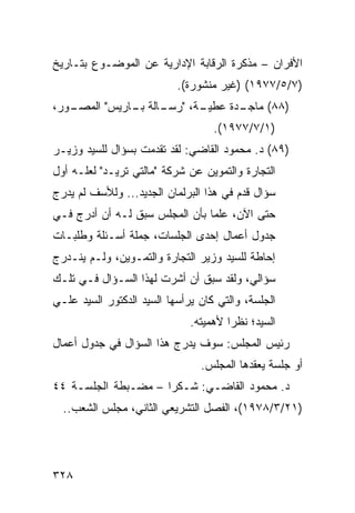 ‫ﺍﻷﻓﺭﺍﻥ – ﻤﺫﻜﺭﺓ ﺍﻟﺭﻗﺎﺒﺔ ﺍﻹﺩﺍﺭﻴﺔ ﻋﻥ ﺍﻟﻤﻭﻀـﻭﻉ ﺒﺘـﺎﺭﻴﺦ‬
                           ‫)٧/٥/٧٧٩١( )ﻏﻴﺭ ﻤﻨﺸﻭﺭﺓ(.‬
‫ـ ‪‬ﺭ،‬
  ‫ـﺩﺓ ﻋﻁﻴ ـﺔ، " ـﺎﻟﺔ ـﺎﺭﻴﺱ" ﺍﻟﻤﺼـ ﻭ‬
               ‫‪‬ـ ﺭﺴـ ﺒـ‬          ‫)٨٨( ﻤﺎﺠـ‬
                                   ‫)١/٧/٧٧٩١(.‬
‫)٩٨( ﺩ. ﻤﺤﻤﻭﺩ ﺍﻟﻘﺎﻀﻲ: ﻟﻘﺩ ﺘﻘ ‪‬ﻤﺕ ﺒﺴﺅﺍل ﻟﻠﺴﻴﺩ ﻭﺯﻴـﺭ‬
                  ‫ﺩ ﹸ‬
‫ﺍﻟﺘﺠﺎﺭﺓ ﻭﺍﻟﺘﻤﻭﻴﻥ ﻋﻥ ﺸﺭﻜﺔ "ﻤﺎﻟﺘﻲ ﺘﺭﻴـﺩ" ﻟﻌﻠـﻪ ﺃﻭل‬
‫ﺴﺅﺍل ﻗﺩﻡ ﻓﻲ ﻫﺫﺍ ﺍﻟﺒﺭﻟﻤﺎﻥ ﺍﻟﺠﺩﻴﺩ... ﻭﻟﻸﺴﻑ ﻟﻡ ﻴﺩ ‪‬ﺝ‬
 ‫ﺭ‬
‫ﺤﺘﻰ ﺍﻵﻥ، ﻋﻠ ‪‬ﺎ ﺒﺄﻥ ﺍﻟﻤﺠﻠﺱ ﺴﺒﻕ ﻟـﻪ ﺃﻥ ﺃﺩﺭﺝ ﻓـﻲ‬
                                ‫ﻤ‬
‫ﺠﺩﻭل ﺃﻋﻤﺎل ﺇﺤﺩﻯ ﺍﻟﺠﻠﺴﺎﺕ، ﺠﻤﻠﺔ ﺃﺴـﺌﻠﺔ ﻭﻁﻠﺒـﺎﺕ‬
‫ﺇﺤﺎﻁﺔ ﻟﻠﺴﻴﺩ ﻭﺯﻴﺭ ﺍﻟﺘﺠﺎﺭﺓ ﻭﺍﻟﺘﻤـﻭﻴﻥ، ﻭﻟـﻡ ﻴﻨـﺩﺭﺝ‬
‫ﺴﺅﺍﻟﻲ، ﻭﻟﻘﺩ ﺴﺒﻕ ﺃﻥ ﺃﺸﺭﺕ ﻟﻬﺫﺍ ﺍﻟﺴـﺅﺍل ﻓـﻲ ﺘﻠـﻙ‬
‫ﺍﻟﺠﻠﺴﺔ، ﻭﺍﻟﺘﻲ ﻜﺎﻥ ﻴﺭﺃﺴﻬﺎ ﺍﻟﺴﻴﺩ ﺍﻟﺩﻜﺘﻭﺭ ﺍﻟﺴﻴﺩ ﻋﻠـﻲ‬
                              ‫ﺍﻟﺴﻴﺩ؛ ﻨﻅ ‪‬ﺍ ﻷﻫﻤﻴﺘﻪ.‬
                                       ‫ﺭ‬
‫ﺭﺌﻴﺱ ﺍﻟﻤﺠﻠﺱ: ﺴﻭﻑ ﻴﺩﺭﺝ ﻫﺫﺍ ﺍﻟﺴﺅﺍل ﻓﻲ ﺠﺩﻭل ﺃﻋﻤﺎل‬
                                ‫ﺃﻭ ﺠﻠﺴﺔ ﻴﻌﻘﺩﻫﺎ ﺍﻟﻤﺠﻠﺱ.‬
‫ﺩ. ﻤﺤﻤﻭﺩ ﺍﻟﻘﺎﻀـﻲ: ﺸـﻜ ‪‬ﺍ – ﻤﻀـﺒﻁﺔ ﺍﻟﺠﻠﺴـﺔ ٤٤‬
                     ‫ﺭ‬
  ‫)١٢/٣/٨٧٩١(، ﺍﻟﻔﺼل ﺍﻟﺘﺸﺭﻴﻌﻲ ﺍﻟﺜﺎﻨﻲ، ﻤﺠﻠﺱ ﺍﻟﺸﻌﺏ..‬




‫٨٢٣‬
 