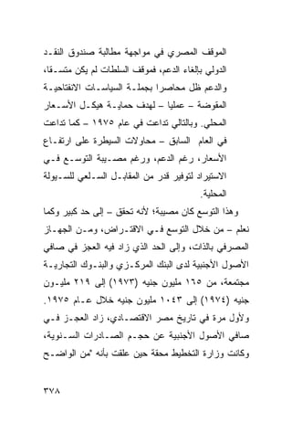 ‫ﺍﻟﻤﻭﻗﻑ ﺍﻟﻤﺼﺭﻱ ﻓﻲ ﻤﻭﺍﺠﻬﺔ ﻤﻁﺎﻟﺒﺔ ﺼﻨﺩﻭﻕ ﺍﻟﻨﻘـﺩ‬
‫ﺍﻟﺩﻭﻟﻲ ﺒﺈﻟﻐﺎﺀ ﺍﻟﺩﻋﻡ، ﻓﻤﻭﻗﻑ ﺍﻟﺴﻠﻁﺎﺕ ﻟﻡ ﻴﻜﻥ ﻤﺘﺴـ ﹰﺎ،‬
  ‫ﻘ‬
‫ﻭﺍﻟﺩﻋﻡ ﻅل ﻤﺤﺎﺼ ‪‬ﺍ ﺒﺠﻤﻠـﺔ ﺍﻟﺴﻴﺎﺴـﺎﺕ ﺍﻻﻨﻔﺘﺎﺤﻴـﺔ‬
                             ‫ﺭ‬
‫ﺍﻟﻤﻘ ‪‬ﻀﺔ – ﻋﻤﻠ ‪‬ﺎ – ﻟﻬﺩﻑ ﺤﻤﺎﻴـﺔ ﻫﻴﻜـل ﺍﻷﺴـﻌﺎﺭ‬
                             ‫ﻴ‬         ‫ﻭ‬
‫ﺍﻟﻤﺤﻠﻲ. ﻭﺒﺎﻟﺘﺎﻟﻲ ﺘﺩﺍﻋﺕ ﻓﻲ ﻋﺎﻡ ٥٧٩١ – ﻜﻤﺎ ﺘﺩﺍﻋﺕ‬
‫ﻓﻲ ﺍﻟﻌﺎﻡ ﺍﻟﺴﺎﺒﻕ – ﻤﺤﺎﻭﻻﺕ ﺍﻟﺴﻴﻁﺭﺓ ﻋﻠﻰ ﺍﺭﺘﻔـﺎﻉ‬
‫ﺍﻷﺴﻌﺎﺭ، ﺭﻏﻡ ﺍﻟﺩﻋﻡ، ﻭﺭﻏﻡ ﻤﺼـﻴﺒﺔ ﺍﻟﺘﻭﺴـﻊ ﻓـﻲ‬
‫ﺍﻻﺴﺘﻴﺭﺍﺩ ﻟﺘﻭﻓﻴﺭ ﻗﺩﺭ ﻤﻥ ﺍﻟﻤﻘﺎﺒـل ﺍﻟﺴـﻠﻌﻲ ﻟﻠﺴـﻴﻭﻟﺔ‬
                                          ‫ﺍﻟﻤﺤﻠﻴﺔ.‬
‫ﻭﻫﺫﺍ ﺍﻟﺘﻭﺴﻊ ﻜﺎﻥ ﻤﺼﻴﺒﺔ؛ ﻷﻨﻪ ﺘﺤﻘﻕ – ﺇﻟﻰ ﺤﺩ ﻜﺒﻴﺭ ﻭﻜﻤﺎ‬
‫ﻨﻌﻠﻡ – ﻤﻥ ﺨﻼل ﺍﻟﺘﻭﺴﻊ ﻓـﻲ ﺍﻻﻗﺘـﺭﺍﺽ، ﻭﻤـﻥ ﺍﻟﺠﻬـﺎﺯ‬
‫ﺍﻟﻤﺼﺭﻓﻲ ﺒﺎﻟﺫﺍﺕ، ﻭﺇﻟﻰ ﺍﻟﺤﺩ ﺍﻟﺫﻱ ﺯﺍﺩ ﻓﻴﻪ ﺍﻟﻌﺠﺯ ﻓﻲ ﺼﺎﻓﻲ‬
‫ﺍﻷﺼﻭل ﺍﻷﺠﻨﺒﻴﺔ ﻟﺩﻯ ﺍﻟﺒﻨﻙ ﺍﻟﻤﺭﻜـﺯﻱ ﻭﺍﻟﺒﻨـﻭﻙ ﺍﻟﺘﺠﺎﺭﻴـﺔ‬
‫‪‬ﺠﺘﻤﻌﺔ، ﻤﻥ ٥٦١ ﻤﻠﻴﻭﻥ ﺠﻨﻴﻪ )٣٧٩١( ﺇﻟﻰ ٩١٢ ﻤﻠﻴـﻭﻥ‬
                                              ‫ﻤ‬
‫ﺠﻨﻴﻪ )٤٧٩١( ﺇﻟﻰ ٣٤٠١ ﻤﻠﻴﻭﻥ ﺠﻨﻴﻪ ﺨﻼل ﻋـﺎﻡ ٥٧٩١.‬
‫ﻭﻷﻭل ﻤﺭﺓ ﻓﻲ ﺘﺎﺭﻴﺦ ﻤﺼﺭ ﺍﻻﻗﺘﺼـﺎﺩﻱ، ﺯﺍﺩ ﺍﻟﻌﺠـﺯ ﻓـﻲ‬
‫ﺼﺎﻓﻲ ﺍﻷﺼﻭل ﺍﻷﺠﻨﺒﻴﺔ ﻋﻥ ﺤﺠـﻡ ﺍﻟﺼـﺎﺩﺭﺍﺕ ﺍﻟﺴـﻨﻭﻴﺔ،‬
‫ﻭﻜﺎﻨﺕ ﻭﺯﺍﺭﺓ ﺍﻟﺘﺨﻁﻴﻁ ﻤﺤﻘﺔ ﺤﻴﻥ ﻋﻠﻘﺕ ﺒﺄﻨﻪ "ﻤﻥ ﺍﻟﻭﺍﻀـﺢ‬


‫٨٧٣‬
 