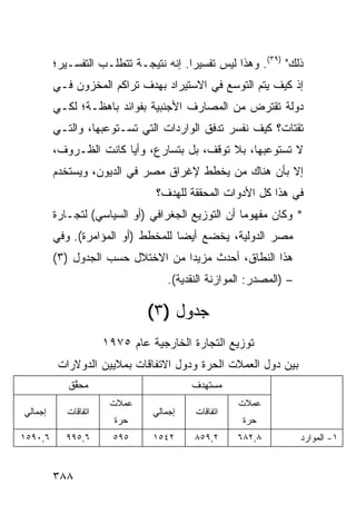 ‫ﺫﻟﻙ" )٩٣(. ﻭﻫﺫﺍ ﻟﻴﺱ ﺘﻔﺴﻴ ‪‬ﺍ. ﺇﻨﻪ ﻨﺘﻴﺠـﺔ ﺘﺘﻁﻠـﺏ ﺍﻟﺘﻔﺴـﻴﺭ؛‬
                                       ‫ﺭ‬
         ‫ﺇﺫ ﻜﻴﻑ ﻴﺘﻡ ﺍﻟﺘﻭﺴﻊ ﻓﻲ ﺍﻻﺴﺘﻴﺭﺍﺩ ﺒﻬﺩﻑ ﺘﺭﺍﻜﻡ ﺍﻟﻤﺨﺯﻭﻥ ﻓـﻲ‬
         ‫ﺩﻭﻟﺔ ﺘﻘﺘﺭﺽ ﻤﻥ ﺍﻟﻤﺼﺎﺭﻑ ﺍﻷﺠﻨﺒﻴﺔ ﺒﻔﻭﺍﺌﺩ ﺒﺎﻫﻅـﺔ؛ ﻟﻜـﻲ‬
                      ‫‪‬‬
         ‫ﺘﻘﺘﺎﺕ؟ ﻜﻴﻑ ﻨﻔﺴﺭ ﺘﺩﻓﻕ ﺍﻟﻭﺍﺭﺩﺍﺕ ﺍﻟﺘﻲ ﺘﺴـﺘﻭﻋﺒﻬﺎ، ﻭﺍﻟﺘـﻲ‬
         ‫ﻻ ﺘﺴﺘﻭﻋﺒﻬﺎ، ﺒﻼ ﺘﻭﻗﻑ، ﺒل ﺒﺘﺴﺎﺭﻉ، ﻭﺃ ‪‬ﺎ ﻜﺎﻨﺕ ﺍﻟﻅـﺭﻭﻑ،‬
                        ‫ﻴ‬
         ‫ﺇﻻ ﺒﺄﻥ ﻫﻨﺎﻙ ﻤﻥ ﻴﺨﻁﻁ ﻹﻏﺭﺍﻕ ﻤﺼﺭ ﻓﻲ ﺍﻟﺩﻴﻭﻥ، ﻭﻴﺴﺘﺨﺩﻡ‬
                                 ‫ﻓﻲ ﻫﺫﺍ ﻜل ﺍﻷﺩﻭﺍﺕ ﺍﻟﻤﺤﻘﻘﺔ ﻟﻠﻬﺩﻑ؟‬
         ‫* ﻭﻜﺎﻥ ﻤﻔﻬﻭ ‪‬ﺎ ﺃﻥ ﺍﻟﺘﻭﺯﻴﻊ ﺍﻟﺠﻐﺭﺍﻓﻲ )ﺃﻭ ﺍﻟﺴﻴﺎﺴﻲ( ﻟﺘﺠـﺎﺭﺓ‬
                  ‫‪‬‬           ‫‪‬‬                    ‫ﻤ‬
         ‫ﻤﺼﺭ ﺍﻟﺩﻭﻟﻴﺔ، ﻴﺨﻀﻊ ﺃﻴ ‪‬ﺎ ﻟﻠﻤﺨﻁﻁ )ﺃﻭ ﺍﻟﻤﺅﺍﻤﺭﺓ(. ﻭﻓﻲ‬
                                    ‫ﻀ‬
         ‫ﻫﺫﺍ ﺍﻟﻨﻁﺎﻕ، ﺃﺤﺩﺙ ﻤﺯﻴ ‪‬ﺍ ﻤﻥ ﺍﻻﺨﺘﻼل ﺤﺴﺏ ﺍﻟﺠﺩﻭل )٣(‬
                                   ‫ﺩ‬
                                   ‫– )ﺍﻟﻤﺼﺩﺭ: ﺍﻟﻤﻭﺍﺯﻨﺔ ﺍﻟﻨﻘﺩﻴﺔ(.‬

                               ‫ﺠﺩﻭل )٣(‬
                      ‫ﺘﻭﺯﻴﻊ ﺍﻟﺘﺠﺎﺭﺓ ﺍﻟﺨﺎﺭﺠﻴﺔ ﻋﺎﻡ ٥٧٩١‬
          ‫ﺒﻴﻥ ﺩﻭل ﺍﻟﻌﻤﻼﺕ ﺍﻟﺤﺭﺓ ﻭﺩﻭل ﺍﻻﺘﻔﺎﻗﺎﺕ ﺒﻤﻼﻴﻴﻥ ﺍﻟﺩﻭﻻﺭﺍﺕ‬
            ‫‪‬ﺤ ﱠﻕ‬
             ‫ﻤ ﻘ‬                         ‫ﻤﺴﺘﻬﺩﻑ‬
                       ‫ﻋﻤﻼﺕ‬                        ‫ﻋﻤﻼﺕ‬
‫ﺇﺠﻤﺎﻟﻲ‬      ‫ﺍﺘﻔﺎﻗﺎﺕ‬             ‫ﺇﺠﻤﺎﻟﻲ‬   ‫ﺍﺘﻔﺎﻗﺎﺕ‬
                        ‫ﺤﺭﺓ‬                         ‫ﺤﺭﺓ‬
‫٦,٠٩٥١‬     ‫٦,٥٩٩‬        ‫٥٩٥‬     ‫٢٤٥١‬     ‫٢,٩٥٨‬     ‫٨,٢٨٦‬           ‫١- ﺍﻟﻤﻭﺍﺭﺩ‬


         ‫٨٨٣‬
 