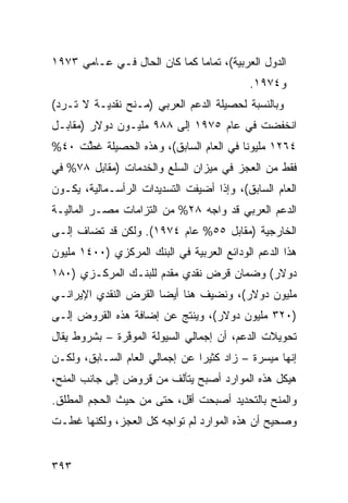 ‫ﺍﻟﺩﻭل ﺍﻟﻌﺭﺒﻴﺔ(، ﺘﻤﺎ ‪‬ﺎ ﻜﻤﺎ ﻜﺎﻥ ﺍﻟﺤﺎل ﻓـﻲ ﻋـﺎﻤﻲ ٣٧٩١‬
                              ‫ﻤ‬
                                           ‫ﻭ٤٧٩١.‬
‫ﻭﺒﺎﻟﻨﺴﺒﺔ ﻟﺤﺼﻴﻠﺔ ﺍﻟﺩﻋﻡ ﺍﻟﻌﺭﺒﻲ )ﻤـﻨﺢ ﻨﻘﺩﻴـﺔ ﻻ ﺘـﺭﺩ(‬
‫ﺍﻨﺨﻔﻀﺕ ﻓﻲ ﻋﺎﻡ ٥٧٩١ ﺇﻟﻰ ٨٨٩ ﻤﻠﻴـﻭﻥ ﺩﻭﻻﺭ )ﻤﻘﺎﺒـل‬
‫٤٦٢١ ﻤﻠﻴﻭ ﹰﺎ ﻓﻲ ﺍﻟﻌﺎﻡ ﺍﻟﺴﺎﺒﻕ(، ﻭﻫﺫﻩ ﺍﻟﺤﺼﻴﻠﺔ ﻏ ﱠﺕ ٠٤%‬
     ‫ﻁ‬                                   ‫ﻨ‬
‫ﻓﻘﻁ ﻤﻥ ﺍﻟﻌﺠﺯ ﻓﻲ ﻤﻴﺯﺍﻥ ﺍﻟﺴﻠﻊ ﻭﺍﻟﺨﺩﻤﺎﺕ )ﻤﻘﺎﺒل ٨٧% ﻓﻲ‬
‫ﺍﻟﻌﺎﻡ ﺍﻟﺴﺎﺒﻕ(، ﻭﺇﺫﺍ ﺃﻀﻴﻔﺕ ﺍﻟﺘﺴﺩﻴﺩﺍﺕ ﺍﻟﺭﺃﺴـﻤﺎﻟﻴﺔ، ﻴﻜـﻭﻥ‬
‫ﺍﻟﺩﻋﻡ ﺍﻟﻌﺭﺒﻲ ﻗﺩ ﻭﺍﺠﻪ ٨٢% ﻤﻥ ﺍﻟﺘﺯﺍﻤﺎﺕ ﻤﺼـﺭ ﺍﻟﻤﺎﻟﻴـﺔ‬
‫ﺍﻟﺨﺎﺭﺠﻴﺔ )ﻤﻘﺎﺒل ٥٥% ﻋﺎﻡ ٤٧٩١(. ﻭﻟﻜﻥ ﻗﺩ ﹸﻀﺎﻑ ﺇﻟـﻰ‬
        ‫ﺘ‬
‫ﻫﺫﺍ ﺍﻟﺩﻋﻡ ﺍﻟﻭﺩﺍﺌﻊ ﺍﻟﻌﺭﺒﻴﺔ ﻓﻲ ﺍﻟﺒﻨﻙ ﺍﻟﻤﺭﻜﺯﻱ )٠٠٤١ ﻤﻠﻴﻭﻥ‬
‫ﺩﻭﻻﺭ( ﻭﻀﻤﺎﻥ ﻗﺭﺽ ﻨﻘﺩﻱ ﻤﻘﺩﻡ ﻟﻠﺒﻨـﻙ ﺍﻟﻤﺭﻜـﺯﻱ )٠٨١‬
‫ﻤﻠﻴﻭﻥ ﺩﻭﻻﺭ(، ﻭﻨﻀﻴﻑ ﻫﻨﺎ ﺃﻴ ‪‬ﺎ ﺍﻟﻘﺭﺽ ﺍﻟﻨﻘﺩﻱ ﺍﻹﻴﺭﺍﻨـﻲ‬
                       ‫ﻀ‬
‫)٠٢٣ ﻤﻠﻴﻭﻥ ﺩﻭﻻﺭ(، ﻭﻴﻨﺘﺞ ﻋﻥ ﺇﻀﺎﻓﺔ ﻫﺫﻩ ﺍﻟﻘﺭﻭﺽ ﺇﻟـﻰ‬
‫ﺘﺤﻭﻴﻼﺕ ﺍﻟﺩﻋﻡ، ﺃﻥ ﺇﺠﻤﺎﻟﻲ ﺍﻟﺴﻴﻭﻟﺔ ﺍﻟﻤﻭ ﱠﺭﺓ – ﺒﺸﺭﻭﻁ ﻴﻘﺎل‬
               ‫ﻓ‬
‫ﺇﻨﻬﺎ ﻤﻴﺴﺭﺓ – ﺯﺍﺩ ﻜﺜﻴ ‪‬ﺍ ﻋﻥ ﺇﺠﻤﺎﻟﻲ ﺍﻟﻌﺎﻡ ﺍﻟﺴـﺎﺒﻕ، ﻭﻟﻜـﻥ‬
                                ‫ﺭ‬
‫ﻫﻴﻜل ﻫﺫﻩ ﺍﻟﻤﻭﺍﺭﺩ ﺃﺼﺒﺢ ﻴﺘﺄﻟﻑ ﻤﻥ ﻗﺭﻭﺽ ﺇﻟﻰ ﺠﺎﻨﺏ ﺍﻟﻤﻨﺢ،‬
‫ﻭﺍﻟﻤﻨﺢ ﺒﺎﻟﺘﺤﺩﻴﺩ ﺃﺼﺒﺤﺕ ﺃﻗل، ﺤﺘﻰ ﻤﻥ ﺤﻴﺙ ﺍﻟﺤﺠﻡ ﺍﻟ ‪‬ﻁﻠﻕ.‬
    ‫ﻤ‬
‫ﻭﺼﺤﻴﺢ ﺃﻥ ﻫﺫﻩ ﺍﻟﻤﻭﺍﺭﺩ ﻟﻡ ﺘﻭﺍﺠﻪ ﻜل ﺍﻟﻌﺠﺯ، ﻭﻟﻜﻨﻬﺎ ﻏﻁـﺕ‬


‫٣٩٣‬
 