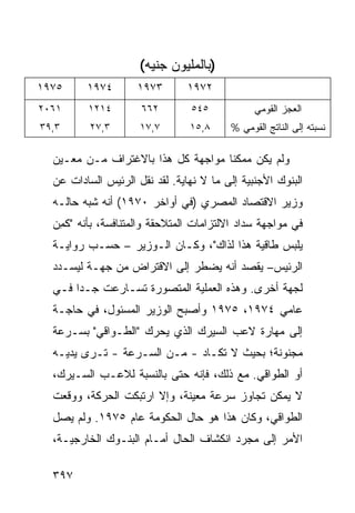 ‫)ﺒﺎﻟﻤﻠﻴﻭﻥ ﺠﻨﻴﻪ(‬
‫٥٧٩١‬     ‫٤٧٩١‬       ‫٣٧٩١‬        ‫٢٧٩١‬
‫١٦٠٢‬     ‫٤١٢١‬        ‫٢٦٦‬         ‫٥٤٥‬           ‫ﺍﻟﻌﺠﺯ ﺍﻟﻘﻭﻤﻲ‬
‫٣,٩٣‬      ‫٣,٧٢‬       ‫٧,٧١‬       ‫٨,٥١‬     ‫ﻨﺴﺒﺘﻪ ﺇﻟﻰ ﺍﻟﻨﺎﺘﺞ ﺍﻟﻘﻭﻤﻲ %‬

  ‫ﻭﻟﻡ ﻴﻜﻥ ﻤﻤﻜ ﹰﺎ ﻤﻭﺍﺠﻬﺔ ﻜل ﻫﺫﺍ ﺒﺎﻻﻏﺘﺭﺍﻑ ﻤـﻥ ‪‬ﻌـﻴﻥ‬
      ‫ﻤ‬                             ‫ﻨ‬
  ‫ﺍﻟﺒﻨﻭﻙ ﺍﻷﺠﻨﺒﻴﺔ ﺇﻟﻰ ﻤﺎ ﻻ ﻨﻬﺎﻴﺔ. ﻟﻘﺩ ﻨﻘل ﺍﻟﺭﺌﻴﺱ ﺍﻟﺴﺎﺩﺍﺕ ﻋﻥ‬
  ‫ﻭﺯﻴﺭ ﺍﻻﻗﺘﺼﺎﺩ ﺍﻟﻤﺼﺭﻱ )ﻓﻲ ﺃﻭﺍﺨﺭ ٠٧٩١( ﺃﻨﻪ ﺸ ‪‬ﻪ ﺤﺎﻟـﻪ‬
         ‫ﺒ‬
  ‫ﻓﻲ ﻤﻭﺍﺠﻬﺔ ﺴﺩﺍﺩ ﺍﻻﻟﺘﺯﺍﻤﺎﺕ ﺍﻟﻤﺘﻼﺤﻘﺔ ﻭﺍﻟﻤﺘﻨﺎﻓﺴﺔ، ﺒﺄﻨﻪ "ﻜ ِﻥ‬
   ‫ﻤ‬
  ‫ﻴﻠﺒﺱ ﻁﺎﻗﻴﺔ ﻫﺫﺍ ﻟﺫﺍﻙ"، ﻭﻜـﺎﻥ ﺍﻟـﻭﺯﻴﺭ – ﺤﺴـﺏ ﺭﻭﺍﻴـﺔ‬
  ‫ﺍﻟﺭﺌﻴﺱ– ﻴﻘﺼﺩ ﺃﻨﻪ ‪‬ﻀﻁﺭ ﺇﻟﻰ ﺍﻻﻗﺘﺭﺍﺽ ﻤﻥ ﺠﻬـﺔ ﻟﻴﺴـﺩﺩ‬
                                ‫ﻴ‬
  ‫ﻟﺠﻬﺔ ﺃﺨﺭﻯ. ﻭﻫﺫﻩ ﺍﻟﻌﻤﻠﻴﺔ ﺍﻟﻤﺘﺼﻭﺭﺓ ﺘﺴـﺎﺭﻋﺕ ﺠـ ‪‬ﺍ ﻓـﻲ‬
       ‫ﺩ‬
  ‫ﻋﺎﻤﻲ ٤٧٩١، ٥٧٩١ ﻭﺃﺼﺒﺢ ﺍﻟﻭﺯﻴﺭ ﺍﻟﻤﺴﺌﻭل، ﻓﻲ ﺤﺎﺠـﺔ‬
  ‫ﺇﻟﻰ ﻤﻬﺎﺭﺓ ﻻﻋﺏ ﺍﻟﺴﻴﺭﻙ ﺍﻟﺫﻱ ﻴﺤﺭﻙ "ﺍﻟﻁـﻭﺍﻗﻲ" ﺒﺴـﺭﻋﺔ‬
  ‫ﻤﺠﻨﻭﻨﺔ؛ ﺒﺤﻴﺙ ﻻ ﺘﻜـﺎﺩ - ﻤـﻥ ﺍﻟﺴـﺭﻋﺔ - ﺘـﺭﻯ ﻴﺩﻴـﻪ‬
  ‫ﺃﻭ ﺍﻟﻁﻭﺍﻗﻲ. ﻤﻊ ﺫﻟﻙ، ﻓﺈﻨﻪ ﺤﺘﻰ ﺒﺎﻟﻨﺴﺒﺔ ﻟﻼﻋـﺏ ﺍﻟﺴـﻴﺭﻙ،‬
  ‫ﻻ ﻴﻤﻜﻥ ﺘﺠﺎﻭﺯ ﺴﺭﻋﺔ ﻤﻌﻴﻨﺔ، ﻭﺇﻻ ﺍﺭﺘﺒﻜﺕ ﺍﻟﺤﺭﻜﺔ، ﻭﻭﻗﻌﺕ‬
  ‫ﺍﻟﻁﻭﺍﻗﻲ، ﻭﻜﺎﻥ ﻫﺫﺍ ﻫﻭ ﺤﺎل ﺍﻟﺤﻜﻭﻤﺔ ﻋﺎﻡ ٥٧٩١. ﻭﻟﻡ ﻴﺼل‬
  ‫ﺍﻷﻤﺭ ﺇﻟﻰ ﻤﺠﺭﺩ ﺍﻨﻜﺸﺎﻑ ﺍﻟﺤﺎل ﺃﻤـﺎﻡ ﺍﻟﺒﻨـﻭﻙ ﺍﻟﺨﺎﺭﺠﻴـﺔ،‬

  ‫٧٩٣‬
 