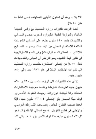 ‫٥٣ % ـ ﺭﻏﻡ ﺃﻥ ﺍﻟﻤﻜﻭﻥ ﺍﻷﺠﻨﺒﻲ ﺍﻟ ‪‬ﺴﺘﻬ ‪‬ﻑ ﻓـﻲ ﺍﻟﺨﻁـﺔ‬
            ‫ﻤ ﺩ‬
                                           ‫ﻜﺎﻥ ٠٤ %(.‬
‫ﺃﻴ ‪‬ﺎ ﺍﻗﺘﺭﺒﺕ ﺘﻘﺩﻴﺭﺍﺕ ﻭﺯﺍﺭﺓ ﺍﻟﺘﺨﻁﻴﻁ ﻤﻊ ﺭﻗ ‪‬ﻲ ﺍﻟﻤﺘﺎﺒﻌﺔ‬
          ‫ﻤ‬                                     ‫ﻀ‬
‫ﺍﻟﻤﺎﻟﻴﺔ، ﻭﺍﻟﻤﻭﺍﺯﻨﺔ ﺍﻟﻨﻘﺩﻴﺔ. ﻓﺎﻟﻭﺯﺍﺭﺓ ﻗـﺩﺭﺕ ﺤﺠـﻡ ﺍﻟﻤﺒـﺎﻨﻲ‬
‫ﻭﺍﻟﺘﺸﻴﻴﺩﺍﺕ ﺒﻨﺤﻭ ٠٢٤ ﻤﻠﻴﻭﻥ ﺠﻨﻴﻪ، ﻋﻠﻰ ﺃﺴـﺎﺱ ﺍﻟﻜﻤﻴـﺎﺕ‬
‫ﺍﻟ ‪‬ﺘﺎﺤﺔ ﻟﻼﺴﺘﺨﺩﺍﻡ ﺍﻟﻤﺤﻠﻲ ﻤﻥ ﺍﻷﺴـﻤﻨﺕ ﻭﺤﺩﻴـﺩ ﺍﻟﺘﺴـﻠﻴﺢ‬
                                               ‫ﻤ‬
‫)ﺍﻹﻨﺘﺎﺝ ـ ﺍﻟﺼﺎﺩﺭﺍﺕ + ﺍﻟﻭﺍﺭﺩﺍﺕ( ﻭﻫﻲ ﺍﻟﺴﹶﻊ ﺍﻻﺴﺘﺭﺍﺘﻴﺠﻴﺔ‬
             ‫‪‬ﻠ‬
‫ﻓﻲ ﺘﻘﺩﻴﺭ ﻗﻴﻤﺔ ﺍﻟﺘﺸﻴﻴﺩ، ﻭﻤﻊ ﺍﻓﺘﺭﺍﺽ ﺃﻥ ﺍﻟﻤﺒﺎﻨﻲ ﻭﺍﻟﺘﺸـﻴﻴﺩﺍﺕ‬
‫ﺘﻤﺜل ٠٥ % ﻤﻥ ﺇﺠﻤﺎﻟﻲ ﺍﻻﺴﺘﺜﻤﺎﺭ، ﺨﻠﺼﺕ ﻭﺯﺍﺭﺓ ﺍﻟﺘﺨﻁﻴﻁ‬
‫ﺇﻟﻰ ﺘﻘﺩﻴﺭﺍﺕ ﺍﻻﺴﺘﺜﻤﺎﺭ ﺍﻟﻤﻨﻔﺫ ﻓﻲ ﻋﺎﻡ ٥٧٩١ ﺒﺤـﻭﺍﻟﻲ ٠٤٨‬
                                            ‫ﻤﻠﻴﻭﻥ ﺠﻨﻴﻪ.‬
‫ﺇﻻ ﺃﻥ ﻫﺫﻩ ﺍﻟﺘﻘﺩﻴﺭﺍﺕ ﺍﻟﺘﻲ ﺘﺭﺍﻭﺤـﺕ ﺒـﻴﻥ ٠٣٨ ﻭ ٠٦٨‬
‫ﻤﻠﻴﻭﻥ ﺠﻨﻴﻪ ﺘﻌﺎﺭﻀﺕ ﺘﻌﺎﺭ ‪‬ﺎ ﻭﺍﻀ ‪‬ﺎ ﻤﻊ ﻗﻴﻤﺔ ﺍﻻﺴﺘﺜﻤﺎﺭﺍﺕ‬
                    ‫ﺤ‬      ‫ﻀ‬
‫ﺍﻟﻤﻨﻔﺫﺓ؛ ﻭﻓ ﹰﺎ ﻟﺒﻴﺎﻨﺎﺕ ﺍﻟﻭﺯﺍﺭﺍﺕ، ﻭﺠﻬﺎﺕ ﺍﻟﺘﻨﻔﻴـﺫ ﺍﻷﺨـﺭﻯ.‬
                                          ‫ﻘ‬
‫ﻓﻭﻓ ﹰﺎ ﻟﻬﺫﺍ ﺍﻟﻤﺼﺩﺭ ﺒﻠﻎ ﺍﻹﺠﻤﺎﻟﻲ ٤,٠١٢١ ﻤﻠﻴﻭﻥ ﺠﻨﻴﻪ، ﻓﺈﺫﺍ‬
                                                 ‫ﻘ‬
‫ﺃﺒﻌﺩﻨﺎ ﻨﺼﻴﺏ ﺍﻟﻘﻁﺎﻉ ﺍﻟﺨﺎﺹ ﻭﻨﺼـﻴﺏ ﺍﻟﺸـﺭﻴﻙ ﺍﻟﻌﺭﺒـﻲ‬
‫ﻭﺍﻷﺠﻨﺒﻲ ﻓﻲ ﻗﻁﺎﻉ ﺍﻟﺒﺘﺭﻭل، ﺃﺼﺒﺢ ﺇﺠﻤﺎﻟﻲ ﺍﻻﺴﺘﺜﻤﺎﺭﺍﺕ ﻨﺤﻭ‬
‫٣,١٣٠١ ﻤﻠﻴﻭﻥ ﺠﻨﻴﻪ، ﻫﺫﺍ ﺍﻟﺭﻗﻡ ﺍﻷﺨﻴﺭ ﻴﺯﻴـﺩ ﺤـﻭﺍﻟﻲ ٧١‬


‫٧٦٤‬
 