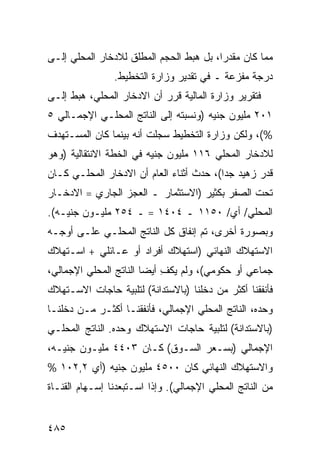 ‫ﻤﻤﺎ ﻜﺎﻥ ﻤﻘﺩ ‪‬ﺍ، ﺒل ﻫﺒﻁ ﺍﻟﺤﺠﻡ ﺍﻟﻤﻁﻠﻕ ﻟﻼﺩﺨﺎﺭ ﺍﻟﻤﺤﻠﻲ ﺇﻟـﻰ‬
                                         ‫ﺭ‬
                ‫ﺩﺭﺠﺔ ﻤﻔﺯﻋﺔ ـ ﻓﻲ ﺘﻘﺩﻴﺭ ﻭﺯﺍﺭﺓ ﺍﻟﺘﺨﻁﻴﻁ.‬
‫ﻓﺘﻘﺭﻴﺭ ﻭﺯﺍﺭﺓ ﺍﻟﻤﺎﻟﻴﺔ ﻗﺭﺭ ﺃﻥ ﺍﻻﺩﺨﺎﺭ ﺍﻟﻤﺤﻠﻲ، ﻫﺒﻁ ﺇﻟـﻰ‬
‫١٠٢ ﻤﻠﻴﻭﻥ ﺠﻨﻴﻪ )ﻭﻨﺴﺒﺘﻪ ﺇﻟﻰ ﺍﻟﻨﺎﺘﺞ ﺍﻟﻤﺤﻠـﻲ ﺍﻹﺠﻤـﺎﻟﻲ ٥‬
‫%(، ﻭﻟﻜﻥ ﻭﺯﺍﺭﺓ ﺍﻟﺘﺨﻁﻴﻁ ﺴﺠﻠﺕ ﺃﻨﻪ ﺒﻴﻨﻤﺎ ﻜﺎﻥ ﺍﻟﻤﺴـﺘﻬﺩﻑ‬
‫ﻟﻼﺩﺨﺎﺭ ﺍﻟﻤﺤﻠﻲ ٦١١ ﻤﻠﻴﻭﻥ ﺠﻨﻴﻪ ﻓﻲ ﺍﻟﺨﻁﺔ ﺍﻻﻨﺘﻘﺎﻟﻴﺔ )ﻭﻫﻭ‬
‫ﻗﺩﺭ ﺯﻫﻴﺩ ﺠ ‪‬ﺍ(، ﺤﺩﺙ ﺃﺜﻨﺎﺀ ﺍﻟﻌﺎﻡ ﺃﻥ ﺍﻻﺩﺨﺎﺭ ﺍﻟﻤﺤﻠـﻲ ﻜـﺎﻥ‬
                                          ‫ﺩ‬
‫ﺘﺤﺕ ﺍﻟﺼﻔﺭ ﺒﻜﺜﻴﺭ )ﺍﻻﺴﺘﺜﻤﺎﺭ ـ ﺍﻟﻌﺠﺯ ﺍﻟﺠﺎﺭﻱ = ﺍﻻﺩﺨـﺎﺭ‬
‫ﺍﻟﻤﺤﻠﻲ/ ﺃﻱ/ ٠٥١١ ـ ٤٠٤١ = ـ ٤٥٢ ﻤﻠﻴـﻭﻥ ﺠﻨﻴـﻪ(.‬
‫ﻭﺒﺼﻭﺭﺓ ﺃﺨﺭﻯ، ﺘﻡ ﺇﻨﻔﺎﻕ ﻜل ﺍﻟﻨﺎﺘﺞ ﺍﻟﻤﺤﻠـﻲ ﻋﻠـﻰ ﺃﻭﺠـﻪ‬
‫ﺍﻻﺴﺘﻬﻼﻙ ﺍﻟﻨﻬﺎﺌﻲ )ﺍﺴﺘﻬﻼﻙ ﺃﻓﺭﺍﺩ ﺃﻭ ﻋـﺎﺌﻠﻲ + ﺍﺴـﺘﻬﻼﻙ‬
‫ﺠﻤﺎﻋﻲ ﺃﻭ ﺤﻜﻭﻤﻲ(، ﻭﻟﻡ ﻴﻜﻑ ﺃﻴ ‪‬ﺎ ﺍﻟﻨﺎﺘﺞ ﺍﻟﻤﺤﻠﻲ ﺍﻹﺠﻤﺎﻟﻲ،‬
                        ‫ِ ﻀ‬
‫ﻓﺄﻨﻔﻘﻨﺎ ﺃﻜﺜﺭ ﻤﻥ ﺩﺨﻠﻨﺎ )ﺒﺎﻻﺴﺘﺩﺍﻨﺔ( ﻟﺘﻠﺒﻴﺔ ﺤﺎﺠﺎﺕ ﺍﻻﺴـﺘﻬﻼﻙ‬
‫ﻭﺤ ‪‬ﻩ، ﺍﻟﻨﺎﺘﺞ ﺍﻟﻤﺤﻠﻲ ﺍﻹﺠﻤﺎﻟﻲ، ﻓﺄﻨﻔﻘﻨـﺎ ﺃﻜﺜـﺭ ﻤـﻥ ﺩﺨﻠﻨـﺎ‬
                                                   ‫ﺩ‬
‫)ﺒﺎﻻﺴﺘﺩﺍﻨﺔ( ﻟﺘﻠﺒﻴﺔ ﺤﺎﺠﺎﺕ ﺍﻻﺴﺘﻬﻼﻙ ﻭﺤﺩﻩ. ﺍﻟﻨﺎﺘﺞ ﺍﻟﻤﺤﻠـﻲ‬
‫ﺍﻹﺠﻤﺎﻟﻲ )ﺒﺴـﻌﺭ ﺍﻟﺴـﻭﻕ( ﻜـﺎﻥ ٣٠٤٤ ﻤﻠﻴـﻭﻥ ﺠﻨﻴـﻪ،‬
‫ﻭﺍﻻﺴﺘﻬﻼﻙ ﺍﻟﻨﻬﺎﺌﻲ ﻜﺎﻥ ٠٠٥٤ ﻤﻠﻴﻭﻥ ﺠﻨﻴﻪ )ﺃﻱ ٢,٢٠١ %‬
‫ﻤﻥ ﺍﻟﻨﺎﺘﺞ ﺍﻟﻤﺤﻠﻲ ﺍﻹﺠﻤﺎﻟﻲ(. ﻭﺇﺫﺍ ﺍﺴـﺘﺒﻌﺩﻨﺎ ﺇﺴـﻬﺎﻡ ﺍﻟﻘﻨـﺎﺓ‬


‫٥٨٤‬
 