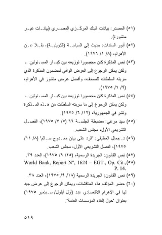 ‫)١٥( ﺍﻟﻤﺼﺩﺭ: ﺒﻴﺎﻨﺎﺕ ﺍﻟﺒﻨﻙ ﺍﻟﻤﺭﻜـﺯﻱ ﺍﻟﻤﺼـﺭﻱ )ﺒﻴﺎﻨـﺎﺕ ﻏﻴـﺭ‬
                                               ‫ﻤﻨﺸﻭﺭﺓ(.‬
‫)٢٥( ﺃﻨﻭﺭ ﺍﻟﺴﺎﺩﺍﺕ: ﺤﺩﻴﺙ ﺇﻟﻰ ﺍﻟﺴﻴﺎﺴـﺔ )ﺍﻟﻜﻭﻴﺘﻴـﺔ(، ﻨﻘـﻼ ﻋـﻥ‬
    ‫ﹰ‬
                                ‫ﺍﻷﻫﺭﺍﻡ، )٨/ ١/ ٦٧٩١(.‬
‫)٣٥( ﻨﺹ ﺍﻟﻤﺫﻜﺭﺓ ﻜﺎﻥ ﻤﺤﺼﻭ ‪‬ﺍ ﺘﻭﺯﻴﻌﻪ ﺒﻴﻥ ﻜﺒـﺎﺭ ﺍﻟﻤﺴـﺌﻭﻟﻴﻥ ـ‬
                               ‫ﺭ‬
‫ﻭﻟﻜﻥ ﻴﻤﻜﻥ ﺍﻟﺭﺠﻭﻉ ﺇﻟﻰ ﺍﻟﻌﺭﺽ ﺍﻟﻭﺍﻓﻲ ﻟﻤﻀﻤﻭﻥ ﺍﻟﻤﺫﻜﺭﺓ ﺍﻟﺫﻱ‬
‫ﺴﺭﺒﺘﻪ ﺍﻟﺴﻠﻁﺎﺕ ﻟﻠﺼﺤﻑ، ﻭﺃﻓﻀل ﻋﺭﺽ ﻤﻨﺸﻭﺭ ﻓﻲ ﺍﻷﻫﺭﺍﻡ،‬
                                        ‫)٩/ ٦/ ٥٧٩١(.‬
‫)٤٥( ﻨﺹ ﺍﻟﻤﺫﻜﺭﺓ ﻜﺎﻥ ﻤﺤﺼﻭ ‪‬ﺍ ﺘﻭﺯﻴﻌﻪ ﺒﻴﻥ ﻜﺒـﺎﺭ ﺍﻟﻤﺴـﺌﻭﻟﻴﻥ ـ‬
                               ‫ﺭ‬
‫ﻭﻟﻜﻥ ﻴﻤﻜﻥ ﺍﻟﺭﺠﻭﻉ ﺇﻟﻰ ﻤﺎ ﺴﺭﺒﺘﻪ ﺍﻟﺴﻠﻁﺎﺕ ﻤﻥ ﻫـﺫﻩ ﺍﻟﻤـﺫﻜﺭﺓ‬
                   ‫ﻭ ﹸﺸﺭ ﻓﻲ ﺍﻟﺠﻤﻬﻭﺭﻴﺔ، )٢١/ ٦/ ٥٧٩١(.‬
                                                  ‫ﻨ‬
‫)٥٥( ﺴﻴﺩ ﻤﺭﻋﻲ: ﻤﻀﺒﻁﺔ ﺍﻟﺠﻠﺴـﺔ ٦٦ )٥/ ٧/ ٥٧٩١(، ﺍﻟﻔﺼـل‬
                          ‫ﺍﻟﺘﺸﺭﻴﻌﻲ ﺍﻷﻭل، ﻤﺠﻠﺱ ﺍﻟﺸﻌﺏ.‬
‫)٦٥( ﺩ. ﺠﻤﺎل ﺍﻟ ‪‬ﻁﻴﻔﻲ: "ﺍﻟﺭﺩ ﻋﻠﻰ ﺒﻴﺎﻥ ﻤﻤـﺩﻭﺡ ﺴـﺎﻟﻡ" )٨/ ١١/‬
                                          ‫ﻌ‬
            ‫٥٧٩١(، ﺍﻟﻔﺼل ﺍﻟﺘﺸﺭﻴﻌﻲ ﺍﻷﻭل، ﻤﺠﻠﺱ ﺍﻟﺸﻌﺏ.‬
‫)٧٥( ﻨﺹ ﺍﻟﻘﺎﻨﻭﻥ: ﺍﻟﺠﺭﻴﺩﺓ ﺍﻟﺭﺴﻤﻴﺔ، )٥٢/ ٩/ ٥٧٩١(، ﺍﻟﻌﺩﺩ ٩٣.‬
‫)٨٥( ,.‪World Bank, Report N", 1624 – EGT., Op. Cit‬‬
                                                 ‫.41 .‪P‬‬
 ‫)٩٥( ﻨﺹ ﺍﻟﻘﺎﻨﻭﻥ: ﺍﻟﺠﺭﻴﺩﺓ ﺍﻟﺭﺴﻤ ‪‬ﺔ )٨١/ ٩/ ٥٧٩١(، ﺍﻟﻌﺩﺩ ٨٣.‬
                           ‫ﻴ‬
‫)٠٦( ﺤﻀﺭ ﺍﻟﻤﺅﻟﻑ ﻫﺫﻩ ﺍﻟﻤﻨﺎﻗﺸﺎﺕ، ﻭﻴﻤﻜﻥ ﺍﻟﺭﺠﻭﻉ ﺇﻟﻰ ﻋﺭﺽ ﺠﻴﺩ‬
‫ﻟﻬﺎ ﻓﻲ ﺍﻷﻫﺭﺍﻡ ﺍﻻﻗﺘﺼﺎﺩﻱ ﻋﺩﺩ )ﺃﻭل ﺃﻴﻠﻭل/ ﺴـﺒﺘﻤﺒﺭ ٥٧٩١(‬
                     ‫ﺒﻌﻨﻭﺍﻥ "ﺤﻭل ﺇﻟﻐﺎﺀ ﺍﻟﻤﺅﺴﺴﺎﺕ ﺍﻟﻌﺎﻤﺔ".‬


‫٩١٥‬
 