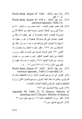 ‫)٣٨( ,.‪World Bank. Report N" 1264 – EGT, op. Cit‬‬
                                         ‫.2 – 1 .‪pp‬‬
‫)٤٨( ,.‪World Bank, Report N". 870 a – EGT, op. cit‬‬
                   ‫.6.5 ‪statistical appendix, Table‬‬
‫)٥٨( ﻜﺎﻥ ﻋﻀﻭ ﻤﺠ‪‬ﻠﺱ ﺍﻟﺸﻌﺏ - ﺃﺤﻤﺩ ﻤﻨﺼـﻭﺭ ﺴـﻠﻴﻤﺎﻥ - ﻗـ ‪‬ﻡ‬
 ‫ﺩ‬
‫ﺴﺅﺍﻻ ﺇﻟﻰ ﻭﺯﻴﺭ ﺍﻟﻤﺎﻟﻴﺔ، ﺘﻀ ‪‬ﻥ ﻋﺭ ‪‬ﺎ ﻟﻌﺩﻴﺩ ﻤﻥ ﺍﻷﻤﺜﻠﺔ ﺍﻟﺘـﻲ‬
                       ‫ﻀ‬     ‫ﻤ‬                      ‫ﹰ‬
‫ﺘﺼﻭﺭﻫﺎ ﺍﻟﻌﻀﻭ؛ ﺃﺭﻗﺎ ‪‬ﺎ ‪‬ﺘﻀﺎ ِﺒﺔ ﺃﻭ ﻏﻴﺭ ﻤﻌﻘﻭﻟـﺔ، ﻭﺘﻠ ﱠـﻰ‬
  ‫ﻘ‬                       ‫ﻤ ﻤ ﺭ‬
‫ﺍﻟﻌﻀﻭ ﺇﺠﺎﺒﺎﺕ ﻋﻠﻰ ﻜل ﺘﺴﺎﺅﻻﺘﻪ )ﻤﻌﻘﻭﻟﺔ ﺃﻭ ﻏﻴـﺭ ﻤﻌﻘﻭﻟـﺔ،‬
                                        ‫ٍ‬
‫ﻻ ﻴ ‪‬ﻡ( ﺇﻻ ﺍﻟﺘﺴﺎﺅل ﺍﻟﺫﻱ ﺸﺎﺭﻜﻨﺎﻩ ﻓﻴـﻪ ﻫﻨـﺎ، ﺤـﻭل ﺍﻹﻨﻔـﺎﻕ‬
                                                  ‫ﻬ‬
‫ﺍﻻﺴﺘﺜﻤﺎﺭﻱ ﻋﺎﻡ ٥٧٩١. ﺍﻨﻅﺭ: ﻟﺠﻨـﺔ ﺍﻟﺨﻁـﻭﺓ ﻭﺍﻟﻤﻭﺍﺯﻨـﺔ،‬
‫ﺍﻟﺘﻘﺭﻴﺭ ٣٣، "ﺒﺸﺄﻥ ﺍﻟﺴﺅﺍل ﺍﻟﻤﻭ ‪‬ﻪ ﺇﻟﻰ ﺍﻟﺴﻴﺩ ﺍﻟـﺩﻜﺘﻭﺭ ﻭﺯﻴـﺭ‬
                          ‫ﺠ‬
‫ﺍﻟﻤﺎﻟﻴﺔ، ﻤﻥ ﺍﻟﺴﻴﺩ ﺍﻟﻌﻀﻭ ﺍﻟﺩﻜﺘﻭﺭ ﺃﺤﻤـﺩ ﻤﻨﺼـﻭﺭ ﺴـﻠﻴﻤﺎﻥ،‬
‫ﻤﺴﺎﻋﺩ، ﻋﻥ ﺍﻟﺴﻨﺔ ﺍﻟﻤﺎﻟﻴﺔ ٦٧٩١ ﻭﺍﻹﺠﺎﺒـﺔ ﻋﻨـﻪ("، ﺍﻟﻔﺼـل‬
         ‫ﺍﻟﺘﺸﺭﻴﻌﻲ ﺍﻷﻭل، )٧١/ ٦/ ٦٧٩١( ﺹ ٣١ ـ ٤١.‬
‫)٦٨( ,.‪World Bank. Report N". 1624 – EGT, Op. cit‬‬
     ‫.4.2 ‪statistical appendix., Table 2.3 and table‬‬
‫ﻭﺃﺸﺎﺭ ﺍﻟﺘﻘﺭﻴﺭ ﺇﻟﻰ ﺃﻥ ﻤﺭﺠﻊ ﺍﻟﺠﺩﻭل ﺍﻷﻭل: ﻭﺯﺍﺭﺓ ﺍﻟﺘﺨﻁﻴﻁ ﻭﺍﻟﺒﻨـﻙ‬
‫ﺍﻟﻤﺭﻜﺯﻱ، ﻭﺘﻘﺩﻴﺭﺍﺕ ﺒﻌﺜﺔ ﺍﻟﺒﻨﻙ ﺍﻟﺩﻭﻟﻲ، ﻭﻤﺭﺠﻊ ﺍﻟﺠﺩﻭل ﺍﻟﺜﺎﻨﻲ: ﻭﺯﺍﺭﺓ‬
               ‫ﺍﻟﺘﺨﻁﻴﻁ ﻭﺍﻟﺠﻬﺎﺯ ﺍﻟﻤﺭﻜﺯﻱ ﻟﻠﺘﻌﺒﺌﺔ ﺍﻟﻌﺎﻤﺔ ﻭﺍﻹﺤﺼﺎﺀ.‬
                     ‫)٧٨( ﺘﻘﺭﻴﺭ ﺒﻌﺜﺔ ﺍﻟﺼﻨﺩﻭﻕ ﻋﺎﻡ ٧٧٩١.‬
‫‪Appenidx III, Table 22, 23 (Source: Ministry of‬‬
      ‫.)‪planning) and 31 (Source: Ministry of finance‬‬
  ‫)٨٨( ﺍﻨﻅﺭ: ﻭﺯﺍﺭﺓ ﺍﻟﺘﺨﻁﻴﻁ، ﻤﺫﻜﺭﺓ ٩١، ﻤﺭﺠﻊ ﺴﺎﺒﻕ، ﺹ ٥٢.‬
                                 ‫)٩٨( ﺍﻟﻤﺭﺠﻊ ﺍﻟﺴﺎﺒﻕ، ﺹ ٩١.‬


‫٦٢٥‬
 