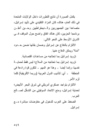 ‫ﻴﻜﻤل ﺍﻟﺼﻭﺭﺓ ﺃﻥ ﻨﺘﺎﺒﻊ ﺍﻟﺘﻁﻭﺭﺍﺕ ﺩﺍﺨل ﺍﻟﻭﻻﻴﺎﺕ ﺍﻟﻤﺘﺤﺩﺓ‬
‫ﻓﻲ ﺫﻟﻙ ﺍﻟﻌﺎﻡ، ﻫﻨﺎﻙ، ﻜﺎﻥ ﺍﻟ ‪‬ﺯﺍﺩ ﺍﻟﺘﻘﻠﻴﺩﻱ ﻋﻠﻰ ﺘﺄﻴﻴﺩ ﺇﺴﺭﺍﺌﻴل،‬
                               ‫ﻤ‬
‫ﻤﺘﺼﺎﻋ ‪‬ﺍ ﺒﻴﻥ ﺍﻟﺠﻤﻬﻭﺭﻴﻴﻥ ﻭﺍﻟـﺩﻴﻤﻘﺭﺍﻁﻴﻴﻥ. ﻭﺤـﻴﻥ ُﻋِـﻥ‬
  ‫ﺃ ﻠ‬                                       ‫ﺩ‬
‫ﺒﺭﻨﺎﻤﺠﺎ ﺍﻟﺤﺯﺒﻴﻥ، ﻜﺎﻥ ﻫﻨﺎﻙ ﺍﺘﻔﺎﻕ ﻭﺍﻀﺢ ﺤﻭل ﺍﻟﻤﻭﻗﻑ ﻓـﻲ‬
                          ‫ﺍﻟﺸﺭﻕ ﺍﻷﻭﺴﻁ ﻋﻠﻰ ﺍﻟﻨﺤﻭ ﺍﻟﺘﺎﻟﻲ:‬
‫ﺍﻻﻟﺘﺯﺍﻡ ﺒﺎﻟﺩﻓﺎﻉ ﻋﻥ ﺇﺴﺭﺍﺌﻴل ﻭﻀﻤﺎﻥ ﺒﻘﺎﺌﻬﺎ ﻀﻤﻥ ﺤـﺩﻭﺩ‬
                                  ‫"ﺁﻤﻨﺔ" ﻭﻴﻤﻜﻥ ﺍﻟﺩﻓﺎﻉ ﻋﻨﻬﺎ.‬
      ‫ﺘﺯﻭﻴﺩ ﺇﺴﺭﺍﺌﻴل ﺒﻤﺎ ﺘﺤﺘﺎﺠﻪ ﻤﻥ ﻤﺴﺎﻋﺩﺍﺕ ﺍﻗﺘﺼﺎﺩﻴﺔ.‬
‫ﺘﺯﻭﻴﺩ ﺇﺴﺭﺍﺌﻴل ﺒﻤﺎ ﺘﺤﺘﺎﺠﻪ ﻤﻥ ﺍﻟﺴﻼﺡ؛ ﻟﻴﺱ ﻓﻘﻁ ﻟﺤﻤﺎﻴـﺔ‬
‫ﻨﻔﺴﻬﺎ، ﻭﺇﻨﻤﺎ ﺃﻴ ‪‬ﺎ ـ ﻭﻫﺫﺍ ﻫﻭ ﺍﻟﻤﻬﻡ ـ ﻟﺘﻜﻭﻥ ﻗﻭﺓ ﺭﺍﺩﻋﺔ ﻓﻲ‬
                                      ‫ﻀ‬
‫ﺍﻟﻤﻨﻁﻘﺔ ـ ﺃﻱ: ﻟﺘﺄﺩﻴﺏ ﺍﻟﺩﻭل ﺍﻟﻌﺭﺒﻴﺔ )ﻭﺭﺒﻤﺎ ﺍﻷﻓﺭﻴﻘﻴﺔ( ﻜﻠﻤﺎ‬
                                                ‫ﻟﺯﻡ ﺍﻷﻤﺭ.‬
‫ﺍﻻﻟﺘﺯﺍﻡ ﺒﺘﻭﺍﺠﺩ ﻋﺴﻜﺭﻱ ﺃﻤﺭﻴﻜﻲ ﻓﻲ ﺸﺭﻕ ﺍﻟﺒﺤﺭ ﺍﻷﺒﻴﺽ؛‬
                    ‫‪‬‬
‫ﻟﺤﻤﺎﻴﺔ ﺇﺴﺭﺍﺌﻴل، ﻭﻤﻨﻊ ﺍﻻﺘﺤﺎﺩ ﺍﻟﺴﻭﻓﻴﺘﻲ ﻤﻥ ﺍﻟﺘﺩ ﱡل ﻟﺼـﺎﻟﺢ‬
        ‫ﺨ‬
                                                   ‫ﺍﻟﻌﺭﺏ.‬
‫ﺍﻟﻀﻐﻁ ﻋﻠﻰ ﺍﻟﻌﺭﺏ ﻟﻠﺩﺨﻭل ﻓﻲ ﻤﻔﺎﻭﻀﺎﺕ ﻤﺒﺎﺸﺭﺓ ﻤـﻊ‬
                                                  ‫ﺇﺴﺭﺍﺌﻴل.‬




‫٩٤٥‬
 