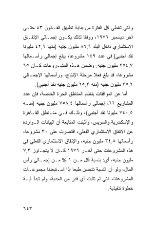 ‫ﻭﺍﻟﺘﻲ ﹸﻐﻁﻲ ﻜل ﺍﻟﻔﺘﺭﺓ ﻤﻥ ﺒﺩﺍﻴﺔ ﺘﻁﺒﻴﻕ ﺍﻟﻘـﺎﻨﻭﻥ ٣٤ ﺤﺘـﻰ‬
                                             ‫ﺘ‬
‫ﺁﺨﺭ ﺩﻴﺴﻤﺒﺭ ٦٧٩١، ﻭﻭﻓ ﹰﺎ ﻟﺫﻟﻙ ﻴﻜـﻭﻥ ﺇﺠﻤـﺎﻟﻲ ﺍﻹﻨﻔـﺎﻕ‬
                            ‫ﻘ‬
‫ﺍﻻﺴﺘﺜﻤﺎﺭﻱ ﺩﺍﺨل ﺍﻟﺒﻠﺩ ٩,٦٨ ﻤﻠﻴﻭﻥ ﺠﻨﻴﻪ )ﻤﻨﻬﺎ ٩,٢٤ ﻤﻠﻴﻭ ﹰﺎ‬
 ‫ﻨ‬
‫ﻨﻘﺩ ﺃﺠﻨﺒﻲ( ﻓﻲ ﻋﺩﺩ ٩٤١ ﻤﺸﺭﻭ ‪‬ﺎ، ﻴﺒﻠﻎ ﺇﺠﻤﺎﻟﻲ ﺭﺃﺴـﻤﺎﻟﻬﺎ‬
                        ‫ﻋ‬
‫٧,٤٥٢ ﻤﻠﻴﻭﻥ ﺠﻨﻴﻪ. ﻭﻀﻤﻥ ﻫـﺫﻩ ﺍﻟﻤﺸـﺭﻭﻋﺎﺕ ﻜـﺎﻥ ٥٦‬
‫ﻤﺸﺭﻭ ‪‬ﺎ، ﻗﺩ ﺒﻠﻎ ﻓﻌﻼ ﻤﺭﺤﻠﺔ ﺍﻹﻨﺘﺎﺝ، ﻭﺭﺃﺴﻤﺎﻟﻬﺎ ﺍﻹﺠﻤـﺎﻟﻲ‬
                                 ‫ﹰ‬            ‫ﻋ‬
      ‫٢,٥٣ ﻤﻠﻴﻭﻥ ﺠﻨﻴﻪ )ﻤﻨﻪ ٣,٥٢ ﻤﻠﻴﻭﻥ ﺠﻨﻴﻪ ﻨﻘﺩ ﺃﺠﻨﺒﻲ(.‬
‫ﺃ ‪‬ﺎ ﻋﻥ ﺍﻟﻤﻭﺍﻓﻘﺎﺕ ﺒﻨﻅﺎﻡ ﺍﻟﻤﻨﺎﻁﻕ ﺍﻟﺤﺭﺓ ﺍﻟﺨﺎﺼﺔ، ﻓﺈﻥ ﻋﺩﺩ‬
                                                  ‫ﻤ‬
‫ﺍﻟﻤﺸﺎﺭﻴﻊ ٦٦، ﺇﺠﻤﺎﻟﻲ ﺭﺃﺴﻤﺎﻟﻬﺎ ٤,٨٥٧ ﻤﻠﻴﻭﻥ ﺠﻨﻴﻪ )ﻤﻨـﻪ‬
‫٥,٠٤٧ ﻤﻠﻴﻭ ﹰﺎ ﻨﻘﺩ ﺃﺠﻨﺒﻲ(، ﻭﺫﻟـﻙ ﻓـﻲ ﻤﻨـﺎﻁﻕ ﺍﻟﻘـﺎﻫﺭﺓ‬
                                       ‫ﻨ‬
‫ﻭﺍﻹﺴﻜﻨﺩﺭﻴﺔ ﻭﺍﻟﺴﻭﻴﺱ، ﻭﺃﺜﺒﺘﺕ ﺍﻟﻤﺘﺎﺒﻌﺔ ﺃﻥ ﺍﻟﺒﻴﺎﻨﺎﺕ ﺍﻟـﻭﺍﺭﺩﺓ‬
‫ﻋﻥ ﺍﻻﺘﻔﺎﻕ ﺍﻻﺴﺘﺜﻤﺎﺭﻱ ﺍﻟﻔﻌﻠﻲ، ﺍﻗﺘﺼﺭﺕ ﻋﻠﻰ ٠٣ ﻤﺸﺭﻭ ‪‬ﺎ،‬
  ‫ﻋ‬
‫ﺭﺃﺴﻤﺎﻟﻬﺎ ٨,٤٣ ﻤﻠﻴﻭﻥ ﺠﻨﻴﻪ، ﻭﺍﻹﻨﻔﺎﻕ ﺍﻻﺴﺘﺜﻤﺎﺭﻱ ﺍﻟﻔﻌﻠﻲ ﻓﻲ‬
   ‫‪‬‬
‫ﻫﺫﻩ ﺍﻟﻤﺸﺭﻭﻋﺎﺕ ﺤﺘﻰ ﺁﺨـﺭ ٦٧٩١ ﻜـﺎﻥ ﻻ ﻴﺘﺠـﺎﻭﺯ ٣,٧‬
‫ﻤﻠﻴﻭﻥ ﺠﻨﻴﻪ، ﺃﻱ: ﺒﻨﺴﺒﺔ ﺃﻗل ﻤـﻥ ١ % ﻤـﻥ ﺇﺠﻤـﺎﻟﻲ ﺭﺃﺱ‬
‫ﺍﻟﻤﺎل، ﻭﻟﻭ ﺃﻥ ﺍﻟﻨﺴﺒﺔ ﺘﺘﺤﺴﻥ ﻁﺒ ‪‬ﺎ ﺇﺫﺍ ﺍﺴـﺘﺒﻌﺩﻨﺎ ﻤﺠﻤﻭﻋـﺎﺕ‬
                        ‫ﻌ‬
‫ﺍﻟﻤﺸﺭﻭﻋﺎﺕ ﺍﻟﺘﻲ ﻟﻡ ﺘﺜﺒﺕ ﺃﻱ ﻗﺩﺭ ﻤﻥ ﺍﻟﺠﺩﻴﺔ، ﻭﻟﻡ ﺘﺒﺩﺃ ﺃ ‪‬ـﺔ‬
  ‫ﻴ‬
                                           ‫ﺨﻁﻭﺓ ﺘﻨﻔﻴﺫﻴﺔ.‬


‫٣٤٦‬
 