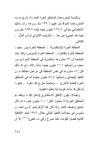 ‫ﻭﺒﺎﻟﻨﺴﺒﺔ ﻟﻤﺸﺭﻭﻋﺎﺕ ﺍﻟﻤﻨﺎﻁﻕ ﺍﻟﺤﺭﺓ ﺍﻟﻌﺎﻤـﺔ، ﺒﻠـﻎ ﻋـﺩﺩ‬
‫ﺍﻟﻤﺸﺭﻭﻋﺎﺕ ﺍﻟ ‪‬ﻭﺍ ﹶـﻕ ﻋﻠﻴﻬـﺎ ٩٣١ ﻤﺸـﺭﻭ ‪‬ﺎ، ﺭﺃﺴـﻤﺎﹸﻬﺎ‬
  ‫ﻟ‬         ‫ﻋ‬                    ‫ﻤ ﻓ‬
‫ﺍﻻﺠﺘﻤﺎﻋﻲ ﺤﻭﺍﻟﻲ ٧,٧٦١ ﻤﻠﻴﻭﻥ ﺠﻨﻴﻪ )ﻤﻨﻪ ٦,٣٥١ ﻤﻠﻴـﻭﻥ‬
‫ﺠﻨﻴﻪ ﻨﻘﺩ ﺃﺠﻨﺒﻲ( ﻤﻭﺯﻋﺔ ـ ﺒﺎﻟﺘﺭﺘﻴﺏ ﺍﻟﺘﻨﺎﺯﻟﻲ ﻟﺭﺃﺱ ﺍﻟﻤﺎل ـ‬
                                                    ‫ﻜﺎﻟﺘﺎﻟﻲ:‬
‫ﺍﻟﻤﻨﻁﻘﺔ ﺍﻟﺤﺭﺓ ﺒﺎﻹﺴﻜﻨﺩﺭﻴﺔ ـ ﺍﻟﻤﻨﻁﻘﺔ ﺍﻟﺤﺭﺓ ﺒﺒﻭﺭ ﺴﻌﻴﺩـ‬
‫ﺍﻟﻤﻨﻁﻘﺔ ﺍﻟﺤﺭﺓ ﺒﺎﻟﻘﺎﻫﺭﺓ ـ ﺍﻟﻤﻨﻁﻘﺔ ﺍﻟﺤﺭﺓ ﺒﺎﻟﺴﻭﻴﺱ، ﻭﻜﺸـﻔﺕ‬
‫ﺍﻟﻤﺘﺎﺒﻌﺔ ﺃﻥ ٣١ ﻤﺸﺭﻭ ‪‬ﺎ ﺍﺴﺘﺜﻤﺎﺭ ‪‬ﺎ ﻓﻲ ﺍﻟﻤﻨﻁﻘﺔ ﺍﻟﺤﺭﺓ ﺒﺒـﻭﺭ‬
                        ‫ﻴ‬          ‫ﻋ‬
‫ﺴﻌﻴﺩ، ﻭﺭﺃﺴﻤﺎﻟﻬﺎ ١,١١ ﻤﻠﻴﻭﻥ ﺠﻨﻴﻪ، ﺒﺩﺃﺕ ﺍﻹﻨﺘـﺎﺝ، ﻜـﺫﻟﻙ‬
‫ﻜﺎﻥ ١٨ ﻤﺸﺭﻭ ‪‬ﺎ ﻓﻲ ﻨﻔﺱ ﺍﻟﻤﻨﻁﻘﺔ ﻓﻲ ﻤﺭﺍﺤل ﻤﺨﺘﻠﻔﺔ ﻤـﻥ‬
           ‫َ‬                        ‫ﻋ‬
‫ﺍﻟﺘﻨﻔﻴﺫ )ﺇﺠﻤﺎﻟﻲ ﺭﺃﺴﻤﺎﻟﻬﺎ ٨,٧٤ ﻤﻠﻴﻭﻥ ﺠﻨﻴﻪ( ﺃ ‪‬ﺎ ﻓﻲ ﺍﻟﻤﻨﺎﻁﻕ‬
            ‫ﻤ‬
‫ﺍﻟﺤﺭﺓ ﺍﻟﻌﺎﻤﺔ ﺍﻷﺨﺭﻯ ـ ﻭﺨﺎﺼﺔ ﺨﺎﺭﺝ ﺍﻟﻘـﺎﻫﺭﺓ ـ ﻓﺈﻨﻬـﺎ‬
                   ‫ﻟﻡ ﺘﻜﻥ ﻗﺩ ﺒﺩﺃﺕ ﺘﻘﺭﻴ ‪‬ﺎ ﺃ ‪‬ﺔ ﺨﻁﻭﺓ ﺘﻨﻔﻴﺫﻴﺔ.‬
                                  ‫ﺒ ﻴ‬
‫ﻭﺇﺠﻤﺎ ﹰ، ﻴﻜﻭﻥ ﺍﻹﻨﻔﺎﻕ ﺍﻻﺴﺘﺜﻤﺎﺭﻱ )ﺩﺍﺨل ﺍﻟﺒﻠـﺩ ﻭﺒﻨﻅـﺎﻡ‬
                                            ‫ﻻ‬
‫ﺍﻟﻤﻨﺎﻁﻕ ﺍﻟﺤﺭﺓ( ﻻ ﻴﺘﺠﺎﻭﺯ ﻜﺜﻴ ‪‬ﺍ ٠٠١ ﻤﻠﻴﻭﻥ ﺠﻨﻴـﻪ ﺨـﻼل‬
                      ‫ﺭ‬
‫ﻋﺎﻤﻴﻥ ﻭﻨﺼﻑ ﺍﻟﻌﺎﻡ. ﻭﺇﺫﺍ ﻜﺎﻥ ﻫﺫﺍ ﺍﻟﺭﻗﻡ ﻴﺸﻴﺭ ﺇﻟـﻰ ﺘﺤﺴـﻥ‬
‫ﻤﻠﻤﻭﺱ ﻓﻲ ﻤﻌﺩﻻﺕ ﺍﻟﺘﻨﻔﻴﺫ ﺍﻟﻤﺎﻟﻲ ﺨﻼل ٦٧٩١ )ﺒﻌﺩ ﺍﻻﺘﻔﺎﻗﻴﺔ‬
‫ﺍﻟﺜﺎﻨﻴﺔ ﻟﻔﺼل ﺍﻟﻘﻭﺍﺕ، ﻜﻤﺎ ﺼ ‪‬ﺡ ﺯﻜﻲ ﺸـﺎﻓﻌﻲ( )٠٦(. ﺇﻻ ﺃﻥ‬
                         ‫ﺭ‬


‫٤٤٦‬
 