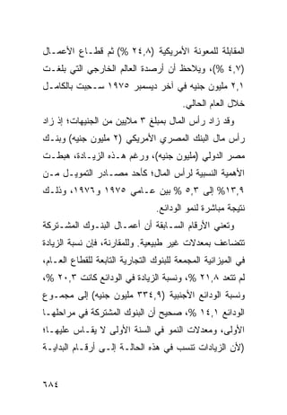 ‫ﺍﻟﻤﻘﺎﺒﻠﺔ ﻟﻠﻤﻌﻭﻨﺔ ﺍﻷﻤﺭﻴﻜﻴﺔ )٨,٤٢ %( ﺜﻡ ﻗﻁـﺎﻉ ﺍﻷﻋﻤـﺎل‬
‫)٧,٤ %(، ﻭﻴﻼﺤﻅ ﺃﻥ ﺃﺭﺼﺩﺓ ﺍﻟﻌﺎﻟﻡ ﺍﻟﺨﺎﺭﺠﻲ ﺍﻟﺘﻲ ﺒﻠﻐـﺕ‬
‫١,٢ ﻤﻠﻴﻭﻥ ﺠﻨﻴﻪ ﻓﻲ ﺁﺨﺭ ﺩﻴﺴﻤﺒﺭ ٥٧٩١ ‪‬ـ ِﺒﺕ ﺒﺎﻟﻜﺎﻤـل‬
           ‫ﺴ ﺤ‬
                                          ‫ﺨﻼل ﺍﻟﻌﺎﻡ ﺍﻟﺤﺎﻟﻲ.‬
‫ﻭﻗﺩ ﺯﺍﺩ ﺭﺃﺱ ﺍﻟﻤﺎل ﺒﻤﺒﻠﻎ ٣ ﻤﻼﻴﻴﻥ ﻤﻥ ﺍﻟﺠﻨﻴﻬﺎﺕ؛ ﺇﺫ ﺯﺍﺩ‬
‫ﺭﺃﺱ ﻤﺎل ﺍﻟﺒﻨﻙ ﺍﻟﻤﺼﺭﻱ ﺍﻷﻤﺭﻴﻜﻲ )٢ ﻤﻠﻴﻭﻥ ﺠﻨﻴﻪ( ﻭﺒﻨـﻙ‬
‫ﻤﺼﺭ ﺍﻟﺩﻭﻟﻲ )ﻤﻠﻴﻭﻥ ﺠﻨﻴﻪ(، ﻭﺭﻏﻡ ﻫـﺫﻩ ﺍﻟﺯﻴـﺎﺩﺓ، ﻫﺒﻁـﺕ‬
‫ﺍﻷﻫﻤﻴﺔ ﺍﻟﻨﺴﺒﻴﺔ ﻟﺭﺃﺱ ﺍﻟﻤﺎل؛ ﻜﺄﺤﺩ ﻤﺼـﺎﺩﺭ ﺍﻟﺘﻤﻭﻴـل ﻤـﻥ‬
‫٩,٣١% ﺇﻟﻰ ٣,٥ % ﺒﻴﻥ ﻋـﺎ ‪‬ﻲ ٥٧٩١ ﻭ٦٧٩١، ﻭﺫﻟـﻙ‬
                   ‫ﻤ‬
                                  ‫ﻨﺘﻴﺠﺔ ﻤﺒﺎﺸﺭﺓ ﻟﻨﻤﻭ ﺍﻟﻭﺩﺍﺌﻊ.‬
‫ﻭﺘﻌﻨﻲ ﺍﻷﺭﻗﺎﻡ ﺍﻟﺴـﺎﺒﻘﺔ ﺃﻥ ﺃﻋﻤـﺎل ﺍﻟﺒﻨـﻭﻙ ﺍﻟﻤﺸـﺘﺭﻜﺔ‬
‫ﺘﺘﻀﺎﻋﻑ ﺒﻤﻌﺩﻻﺕ ﻏﻴﺭ ﻁﺒﻴﻌﻴﺔ. ﻭﻟﻠﻤﻘﺎﺭﻨﺔ، ﻓﺈﻥ ﻨﺴﺒﺔ ﺍﻟﺯﻴﺎﺩﺓ‬
‫ﻓﻲ ﺍﻟﻤﻴﺯﺍﻨﻴﺔ ﺍﻟ ‪‬ﺠ ‪‬ﻌﺔ ﻟﻠﺒﻨﻭﻙ ﺍﻟﺘﺠﺎﺭﻴﺔ ﺍﻟﺘﺎﺒﻌﺔ ﻟﻠﻘﻁﺎﻉ ﺍﻟﻌـﺎﻡ،‬
                                         ‫ﻤ ﻤ‬
‫ﻟﻡ ﺘﺘﻌﺩ ٨,١٢ %، ﻭﻨﺴﺒﺔ ﺍﻟﺯﻴﺎﺩﺓ ﻓﻲ ﺍﻟﻭﺩﺍﺌﻊ ﻜﺎﻨﺕ ٣,٠٢ %،‬
‫ﻭﻨﺴﺒﺔ ﺍﻟﻭﺩﺍﺌﻊ ﺍﻷﺠﻨﺒﻴﺔ )٩,٤٣٣ ﻤﻠﻴﻭﻥ ﺠﻨﻴﻪ( ﺇﻟﻰ ﻤﺠﻤـﻭﻉ‬
‫ﺍﻟﻭﺩﺍﺌﻊ ١,٤١ %، ﺼﺤﻴﺢ ﺃﻥ ﺍﻟﺒﻨﻭﻙ ﺍﻟﻤﺸﺘﺭﻜﺔ ﻓﻲ ﻤﺭﺍﺤﻠﻬـﺎ‬
‫ﺍﻷﻭﻟﻰ، ﻭﻤﻌﺩﻻﺕ ﺍﻟﻨﻤﻭ ﻓﻲ ﺍﻟﺴﻨﺔ ﺍﻷﻭﻟﻰ ﻻ ‪‬ﻘـﺎﺱ ﻋﻠﻴﻬـﺎ؛‬
            ‫ﻴ‬
‫)ﻷﻥ ﺍﻟﺯﻴﺎﺩﺍﺕ ﹸﻨﺴﺏ ﻓﻲ ﻫﺫﻩ ﺍﻟﺤﺎﻟـﺔ ﺇﻟـﻰ ﺃﺭﻗـﺎﻡ ﺍﻟﺒﺩﺍﻴـﺔ‬
                                       ‫ﺘ‬


‫٤٨٦‬
 