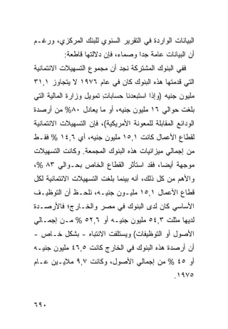 ‫ﺍﻟﺒﻴﺎﻨﺎﺕ ﺍﻟﻭﺍﺭﺩﺓ ﻓﻲ ﺍﻟﺘﻘﺭﻴﺭ ﺍﻟﺴﻨﻭﻱ ﻟﻠﺒﻨﻙ ﺍﻟﻤﺭﻜﺯﻱ، ﻭﺭﻏـﻡ‬
          ‫ﺃﻥ ﺍﻟﺒﻴﺎﻨﺎﺕ ﻋﺎﻤﺔ ﺠ ‪‬ﺍ ﻭﺼﻤﺎﺀ، ﻓﺈﻥ ﺩﻻﻟﺘﻬﺎ ﻗﺎﻁﻌﺔ:‬
                                    ‫ﺩ‬
‫ﻓﻔﻲ ﺍﻟ ‪‬ﻨﻭﻙ ﺍﻟﻤﺸﺘﺭﻜﺔ ﻨﺠﺩ ﺃﻥ ﻤﺠﻤﻭﻉ ﺍﻟﺘﺴﻬﻴﻼﺕ ﺍﻻﺌﺘﻤﺎﻨﻴﺔ‬
                                            ‫ﺒ‬
‫ﺍﻟﺘﻲ ﻗ ‪‬ﻤﺘﻬﺎ ﻫﺫﻩ ﺍﻟﺒﻨﻭﻙ ﻜﺎﻥ ﻓﻲ ﻋﺎﻡ ٦٧٩١ ﻻ ﻴﺘﺠﺎﻭﺯ ١,١٣‬
                                             ‫ﺩ‬
‫ﻤﻠﻴﻭﻥ ﺠﻨﻴﻪ )ﻭﺇﺫﺍ ﺍﺴﺘﺒﻌﺩ‪‬ﻨﺎ ﺤﺴﺎﺒﺎﺕ ﺘﻤﻭﻴل ﻭﺯﺍﺭﺓ ﺍﻟﻤﺎﻟﻴﺔ ﺍﻟﺘﻲ‬
                         ‫ِ‬
‫ﺒﻠﻐﺕ ﺤﻭﺍﻟﻲ ٦١ ﻤﻠﻴﻭﻥ ﺠﻨﻴﻪ، ﺃﻭ ﻤﺎ ﻴﻌﺎﺩل ٠٨% ﻤﻥ ﺃﺭﺼﺩﺓ‬
‫ﺍﻟﻭﺩﺍﺌﻊ ﺍﻟﻤﻘﺎﺒﻠﺔ ﻟﻠﻤﻌﻭﻨﺔ ﺍﻷﻤﺭﻴﻜﻴﺔ(، ﻓﺈﻥ ﺍﻟﺘﺴﻬﻴﻼﺕ ﺍﻻﺌﺘﻤﺎﻨﻴﺔ‬
‫ﻟﻘﻁﺎﻉ ﺍﻷﻋﻤﺎل ﻜﺎﻨﺕ ١,٥١ ﻤﻠﻴﻭﻥ ﺠﻨﻴﻪ، ﺃﻱ ٦,٤١ % ﻓﻘـﻁ‬
‫ﻤﻥ ﺇﺠﻤﺎﻟﻲ ﻤﻴﺯﺍﻨﻴﺎﺕ ﻫﺫﻩ ﺍﻟﺒﻨﻭﻙ ﺍﻟ ‪‬ﺠﻤﻌﺔ. ﻭﻜﺎﻨﺕ ﺍﻟﺘﺴﻬﻴﻼﺕ‬
                    ‫ﻤ‬
‫ﻤﻭﺠﻬﺔ ﺃﻴ ‪‬ﺎ، ﻓﻘﺩ ﺍﺴﺘﺄﺜﺭ ﺍﻟﻘﻁﺎﻉ ﺍﻟﺨﺎﺹ ﺒﺤـﻭﺍﻟﻲ ٣٨ %،‬
                                        ‫ﻀ‬
‫ﻭﺍﻷﻫﻡ ﻤﻥ ﻜل ﺫﻟﻙ، ﺃﻨﻪ ﺒﻴﻨﻤﺎ ﺒﻠﻐﺕ ﺍﻟﺘﺴﻬﻴﻼﺕ ﺍﻻﺌﺘﻤﺎﻨﻴﺔ ﻟﻜل‬
‫ﻗﻁﺎﻉ ﺍﻷﻋﻤﺎل ١,٥١ ﻤﻠﻴـﻭﻥ ﺠﻨﻴـﻪ، ﻨﻠﺤـﻅ ﺃﻥ ﺍﻟﺘﻭﻅﻴـﻑ‬
‫ﺍﻷﺴﺎﺴﻲ ﻜﺎﻥ ﻟﺩﻯ ﺍﻟﺒﻨﻭﻙ ﻓﻲ ﻤﺼﺭ ﻭﺍﻟﺨـﺎﺭﺝ؛ ﻓﺎﻷﺭﺼـﺩﺓ‬
‫ﻟﺩﻴﻬﺎ ﻤﺜﻠﺕ ٣,٤٥ ﻤﻠﻴﻭﻥ ﺠﻨﻴـﻪ ﺃﻭ ٦,٢٥ % ﻤـﻥ ﺇﺠﻤـﺎﻟﻲ‬
‫ﺍﻷﺼﻭل ﺃﻭ ﺍﻟﺘﻭﻅﻴﻔﺎﺕ( ﻭﻴﺴﺘﻠﻔﺕ ﺍﻻﻨﺘﺒﺎﻩ - ﺒﺸﻜل ﺨـﺎﺹ -‬
              ‫‪‬‬
‫ﺃﻥ ﺃﺭﺼﺩﺓ ﻫﺫﻩ ﺍﻟﺒﻨﻭﻙ ﻓﻲ ﺍﻟﺨﺎﺭﺝ ﻜﺎﻨﺕ ٥,٦٤ ﻤﻠﻴﻭﻥ ﺠﻨﻴـﻪ‬
‫ﺃﻭ ٥٤ % ﻤﻥ ﺇﺠﻤﺎﻟﻲ ﺍﻷﺼﻭل، ﻭﻜﺎﻨﺕ ٧,٩ ﻤﻼﻴـﻴﻥ ﻋـﺎﻡ‬
                                                  ‫٥٧٩١.‬


‫٠٩٦‬
 