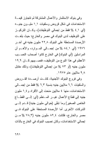 ‫ﻭﻓﻲ ﺒﻨﻭﻙ ﺍﻻﺴﺘﺜﻤﺎﺭ ﻭﺍﻷﻋﻤﺎل ﺍﻟﻤﺸﺘﺭﻜﺔ ﻟﻡ ﺘﺘﺠﺎﻭﺯ ﻗﻴﻤـﺔ‬
‫ﺍﻻﺴﺘﺨﺩﺍﻤﺎﺕ ﻓﻲ ﺸﻜل ﻗﺭﻭﺽ ﻭﺴﻠﻔﻴﺎﺕ ١,١ ﻤﻠﻴـﻭﻥ ﺠﻨﻴـﻪ‬
‫)ﺃﻱ ١,٤ % ﻓﻘﻁ ﻤﻥ ﺇﺠﻤﺎﻟﻲ ﺍﻟﺘﻭﻅﻴﻔﺎﺕ(، ﻭﻜـﺎﻥ ﺍﻟﺘﺭﻜﻴـﺯ‬
‫ﻋﻠﻰ ﺍﻟﺘﻭﻅﻴﻑ ﻟﺩﻯ ﺍﻟﺒﻨﻭﻙ ﻓﻲ ﻤﺼﺭ ﻭﺍﻟﺨﺎﺭﺝ؛ ﺤﻴﺙ ﺒﻠﻐـﺕ‬
‫ﺍﻷﺭﺼﺩﺓ ﺍﻟ ‪‬ﺴ ﹶﺤ ﱠﺔ ﻋﻠﻰ ﺍﻟﺒﻨﻭﻙ ٨,٢٢ ﻤﻠﻴﻭﻥ ﺠﻨﻴﻪ ﻓﻲ ﺁﺨـﺭ‬
             ‫‪‬‬                     ‫ﹸ ﻤ ﺘ ﻘﹸ‬
‫٦٧٩١ )ﺃﻱ ١,٤٨ % ﻤﻥ ﺇﺠﻤـﺎﻟﻲ ﺍﻟﻤـﻭﺍﺭﺩ، ﻭﺍﻷﻫـﻡ ﺃﻥ‬
‫ﺍﻟﻤﺭﺍﺴﻠﻴﻥ )ﺃﻱ ﺍﻟﺒﻨﻭﻙ( ﻓﻲ ﺍﻟﺨﺎﺭﺝ ﻜﺎﻨﻭﺍ ﺃﺼﺤﺎﺏ ﺍﻟﻨﺼـﻴﺏ‬
‫ﺍﻷﻋﻅﻡ ﻓﻲ ﻫﺫﺍ ﺍﻟﻨﻭﻉ ﻤﻥ ﺍﻟﺘﻭﻅﻴﻑ، ﻓﻨﺼـﻴﺒﻬﻡ ﻜـﺎﻥ ٩,٩١‬
‫ﻤﻠﻴﻭﻥ ﺠﻨﻴﻪ )ﺃﻭ ٣٧ % ﻤﻥ ﺇﺠﻤﺎﻟﻲ ﺍﻟﺘﻭﻅﻴﻔﺎﺕ(، ﻭﺫﻟﻙ ﻤﻘﺎﺒل‬
                               ‫٨,٩ ﻤﻼﻴﻴﻥ ﻋﺎﻡ ٥٧٩١.‬
‫ﻭﻓﻲ ﻓﺭﻭﻉ ﺍﻟﺒﻨﻭﻙ ﺍﻷﺠﻨﺒﻴﺔ، ﻜﺎﻨـﺕ ﺃﺭﺼـﺩﺓ ﺍﻟﻘـﺭﻭﺽ‬
‫ﻭﺍﻟﺴﻠﻔﻴﺎﺕ ٦,٦ ﻤﻼﻴﻴﻥ ﺠﻨﻴﻪ ﺒﻨﺴﺒﺔ ٣,٦ % ﻓﻘﻁ ﻤﻥ ﺇﺠﻤـﺎﻟﻲ‬
‫ﺍﻻﺴﺘﺨﺩﺍﻤﺎﺕ، ﻤﻨﻬﺎ ٤ ﻤﻼﻴﻴﻥ ‪‬ﻨﺤﺕ ﺇﻟﻰ ﺍﻷﻓﺭﺍﺩ ﻭ٤,١ ﻤﻠﻴﻭﻥ‬
                         ‫ﻤ‬
‫ﺠﻨﻴﻪ ﺇﻟﻰ ﻗﻁﺎﻉ ﺍﻷﻋﻤﺎل ﻏﻴـﺭ ﺍﻟﻤـﻨﻅﻡ )ﺃﻱ: ﺇﻟـﻰ ﺍﻟﻘﻁـﺎﻉ‬
‫ﺍﻟﺨﺎﺹ ﺍﻟﺼﻐﻴﺭ( ﻭﻤﺎ ﺘﺒ ﱠﻰ )ﺤﻭﺍﻟﻲ ﻤﻠﻴﻭﻥ ﺠﻨﻴﻪ( ﻗـﺩﻡ ﺇﻟـﻰ‬
                              ‫ﻘ‬
‫ﺍﻟﺸﺭﻜﺎﺕ ﺍﻷﺨﺭﻯ. ﺃ ‪‬ﺎ ﺍﻷﺭﺼﺩﺓ ﺍﻟﻤﺴﺘﺤﻘﺔ ﻋﻠﻰ ﺍﻟﺒﻨﻭﻙ ﻓـﻲ‬
                                ‫ﻤ‬
‫ﻤﺼﺭ ﻭﺍﻟﺨﺎﺭﺝ، ﻓﻜﺎﻨﺕ ٤,٢٨ ﻤﻠﻴﻭﻥ ﺠﻨﻴﻪ )٣,٨٧ % ﻤـﻥ‬
‫ﺇﺠﻤﺎﻟﻲ ﺍﻻﺴﺘﺨﺩﺍﻤﺎﺕ، ﻭﻜﺎﻥ ﻨﺼﻴﺏ ﺍﻟﺒﻨﻭﻙ ﻓﻲ ﺍﻟﺨﺎﺭﺝ ﺒﺎﻟﺫﺍﺕ‬


‫١٩٦‬
 