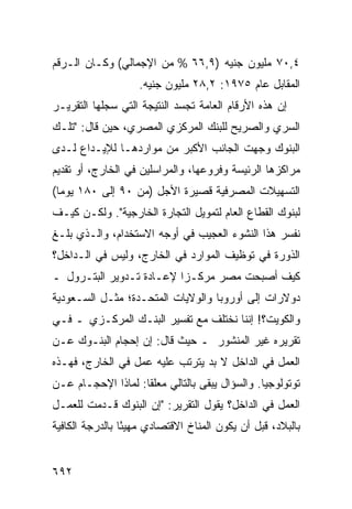 ‫٤,٠٧ ﻤﻠﻴﻭﻥ ﺠﻨﻴﻪ )٩,٦٦ % ﻤﻥ ﺍﻹﺠﻤﺎﻟﻲ( ﻭﻜـﺎﻥ ﺍﻟـﺭﻗﻡ‬
                    ‫ﺍﻟﻤﻘﺎﺒل ﻋﺎﻡ ٥٧٩١: ٢,٨٢ ﻤﻠﻴﻭﻥ ﺠﻨﻴﻪ.‬
‫ﺇﻥ ﻫﺫﻩ ﺍﻷﺭﻗﺎﻡ ﺍﻟﻌﺎﻤﺔ ﺘﺠﺴﺩ ﺍﻟﻨﺘﻴﺠﺔ ﺍﻟﺘﻲ ﺴﺠﻠﻬﺎ ﺍﻟﺘﻘﺭﻴـﺭ‬
‫ﺍﻟﺴﺭﻱ ﻭﺍﻟﺼﺭﻴﺢ ﻟﻠﺒﻨﻙ ﺍﻟﻤﺭﻜﺯﻱ ﺍﻟﻤﺼﺭﻱ، ﺤﻴﻥ ﻗﺎل: "ﺘﻠـﻙ‬
‫ﺍﻟﺒﻨﻭﻙ ﻭﺠﻬﺕ ﺍﻟﺠﺎﻨﺏ ﺍﻷﻜﺒﺭ ﻤﻥ ﻤﻭﺍﺭﺩﻫـﺎ ﻟﻺﻴـﺩﺍﻉ ﻟـﺩﻯ‬
‫ﻤﺭﺍﻜﺯﻫﺎ ﺍﻟﺭﺌﻴ ‪‬ﺔ ﻭﻓﺭﻭﻋﻬﺎ، ﻭﺍﻟﻤﺭﺍﺴﻠﻴﻥ ﻓﻲ ﺍﻟﺨﺎﺭﺝ، ﺃﻭ ﺘﻘﺩﻴﻡ‬
                                         ‫ﺴ‬
‫ﺍﻟﺘﺴﻬﻴﻼﺕ ﺍﻟﻤﺼﺭﻓﻴﺔ ﻗﺼﻴﺭﺓ ﺍﻷﺠل )ﻤﻥ ٠٩ ﺇﻟﻰ ٠٨١ ﻴﻭ ‪‬ﺎ(‬
  ‫ﻤ‬
‫ﻟﺒﻨﻭﻙ ﺍﻟﻘﻁﺎﻉ ﺍﻟﻌﺎﻡ ﻟﺘﻤﻭﻴل ﺍﻟﺘﺠﺎﺭﺓ ﺍﻟﺨﺎﺭﺠﻴﺔ". ﻭﻟﻜـﻥ ﻜﻴـﻑ‬
‫ﻨﻔ ‪‬ﺭ ﻫﺫﺍ ﺍﻟﻨﺸﻭﺀ ﺍﻟﻌﺠﻴﺏ ﻓﻲ ﺃﻭﺠﻪ ﺍﻻﺴﺘﺨﺩﺍﻡ، ﻭﺍﻟـﺫﻱ ﺒﻠـﻎ‬
                                                 ‫ﺴ‬
‫ﺍﻟﺫﻭﺭﺓ ﻓﻲ ﺘﻭﻅﻴﻑ ﺍﻟﻤﻭﺍﺭﺩ ﻓﻲ ﺍﻟﺨﺎﺭﺝ، ﻭﻟﻴﺱ ﻓﻲ ﺍﻟـﺩﺍﺨل؟‬
‫ﻜﻴﻑ ﺃﺼﺒﺤﺕ ﻤﺼﺭ ﻤﺭﻜـ ‪‬ﺍ ﻹﻋـﺎﺩﺓ ﺘـﺩﻭﻴﺭ ﺍﻟﺒﺘـﺭﻭل ـ‬
                          ‫ﺯ‬
‫ﺩﻭﻻﺭﺍﺕ ﺇﻟﻰ ﺃﻭﺭﻭﺒﺎ ﻭﺍﻟﻭﻻﻴﺎﺕ ﺍﻟﻤﺘﺤـﺩﺓ؛ ﻤﺜـل ﺍﻟﺴـﻌﻭﺩﻴﺔ‬
‫ﻭﺍﻟﻜﻭﻴﺕ؟! ﺇﻨﻨﺎ ﻨﺨﺘﻠﻑ ﻤﻊ ﺘﻔﺴﻴﺭ ﺍﻟﺒﻨـﻙ ﺍﻟﻤﺭﻜـﺯﻱ ـ ﻓـﻲ‬
‫ﺘﻘﺭﻴﺭﻩ ﻏﻴﺭ ﺍﻟﻤﻨﺸﻭﺭ ـ ﺤﻴﺙ ﻗﺎل: ﺇﻥ ﺇﺤﺠﺎﻡ ﺍﻟﺒﻨـﻭﻙ ﻋـﻥ‬
‫ﺍﻟﻌﻤل ﻓﻲ ﺍﻟﺩﺍﺨل ﻻ ﺒﺩ ﻴﺘﺭﺘﺏ ﻋﻠﻴﻪ ﻋﻤل ﻓﻲ ﺍﻟﺨﺎﺭﺝ، ﻓﻬـﺫﻩ‬
‫ﺘﻭﺘﻭﻟﻭﺠﻴﺎ. ﻭﺍﻟﺴﺅﺍل ﻴﺒﻘﻰ ﺒﺎﻟﺘﺎﻟﻲ ﻤﻌﻠ ﹰﺎ: ﻟﻤﺎﺫﺍ ﺍﻹﺤﺠـﺎﻡ ﻋـﻥ‬
    ‫‪‬‬               ‫ﻘ‬
‫ﺍﻟﻌﻤل ﻓﻲ ﺍﻟﺩﺍﺨل؟ ﻴﻘﻭل ﺍﻟﺘﻘﺭﻴﺭ: "ﺇﻥ ﺍﻟﺒﻨﻭﻙ ﻗـﺩﻤﺕ ﻟﻠﻌﻤـل‬
‫ﺒﺎﻟﺒﻼﺩ، ﻗﺒل ﺃﻥ ﻴﻜﻭﻥ ﺍﻟﻤﻨﺎﺥ ﺍﻻﻗﺘﺼﺎﺩﻱ ‪‬ﻬﻴ ًﺎ ﺒﺎﻟﺩﺭﺠﺔ ﺍﻟﻜﺎﻓﻴﺔ‬
                 ‫ﻤ ﺌ‬


‫٢٩٦‬
 