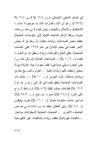 ‫ﻓﻲ ﺍﻟﺩﺨل ﺍﻟﻤﺤﻠﻲ ﺍﻹﺠﻤﺎﻟﻲ ﻤـﻥ ٨,٧١ % ﺇﻟـﻰ ٤,٧١ %‬
‫)٦٧٩١(، ﺭﻏﻡ ﺃﻥ ﺍﻻﺴـﺘﺜﻤﺎﺭﺍﺕ ﻜﺎﻨـﺕ ﻤﻭﺠﻬـﺔ ﺃﺴﺎ ‪‬ـﺎ‬
  ‫ﺴ‬
‫ﻟﻼﺴﺘﻜﻤﺎل ﻭﺍﻹﺤﻼل ﻭﺍﻟﺘﺠﺩﻴﺩ، ﻭﻟﻴﺱ ﻟﻠﺒﺩﺀ ﻓـﻲ ﻤﺸـﺭﻭﻋﺎﺕ‬
‫ﺠﺩﻴﺩﺓ، ﻭﻭﻓ ﹰﺎ ﻷﺭﻗﺎﻡ ﺍﻟﻤﺘﺎﺒﻌﺔ ﺍﻟﻜﻤﻴﺔ )ﺃﻱ: ﺒﺎﻟﻭﺤﺩﺍﺕ ﺍﻟﻤﻨﺘﺠﺔ(‬
                                              ‫ﻘ‬
‫ﺤﻘﻘﺕ ﺒﻌﺽ ﺍﻟﺼﻨﺎﻋﺎﺕ ﺯﻴﺎﺩﺍﺕ ﻤﺘﻔﺎﻭﺘـﺔ. ﻭﺤﻘـﻕ ﺍﻟـﺒﻌﺽ‬
‫ﺍﻵﺨﺭ ﻨﻘ ‪‬ﺎ ﻓﻲ ﺤﺠﻡ ﺍﻹﻨﺘﺎﺝ ﻋﻥ ﻋﺎﻡ ٥٧٩١. ﻓﻔﻲ ﺍﻟﺨﺎﻤﺎﺕ‬
                                        ‫ﺼ‬
‫ﺍﻟﻤﻨﺠﻤﻴﺔ، ﺤﻘﻕ ﺍﻟﻤﻠﺢ ﻭﺍﻟﻔﻭﺴﻔﺎﺕ ﺯﻴﺎﺩﺓ، ﻭﺤﻘﻕ ﺨـﺎﻡ ﺍﻟﺤﺩﻴـﺩ‬
‫ﻨﻘ ‪‬ﺎ )ـ ٧,٠١ %( ـ ﺍﻟﺼﻨﺎﻋﺎﺕ ﺍﻟﻐﺫﺍﺌﻴﺔ )ﺴـﻜﺭ ﻤﻜـﺭﺭ/‬
                                             ‫ﺼ‬
‫ﺠﺒﻥ ﺃﺒﻴﺽ/ ﻤﺴﻠﻲ ﺼﻨﺎﻋﻲ/ ﻋﻠﻑ ﺤﻴﻭﺍﻥ/ ﻤﻴﺎﻩ ﻏﺎﺯﻴﺔ/ ﺒﻴﺭﺓ/‬
‫ﺴﺠﺎﻴﺭ( ﺤﻘﻘﺕ ﻜﻠﻬﺎ ﺯﻴﺎﺩﺍﺕ ﻜﻤﻴﺔ ـ ﺍﻟﻐﺯل ﻭﺍﻟﻨﺴـﻴﺞ ﺤﻘـﻕ‬
‫ﹶ‬
‫ﺯﻴﺎﺩﺍﺕ ﺒﺎﺴﺘﺜﻨﺎﺀ ﻏﺯل ﺍﻟﺤﺭﻴﺭ )ــ ٠١ %( ــ ﻤﻨﺘﺠـﺎﺕ‬
                                         ‫ٍ‬
‫ﺍﻟﺼﻨﺎﻋﺎﺕ ﺍﻟﻤﻌﺩﻨﻴﺔ، ﺘﺤﻘﻕ ﻨﻘ ‪‬ﺎ ﻓﻲ ﺍﻟﺘـﺎﻟﻲ: ﺯﻫـﺭ ﺨـﺎﻡ )‬
                         ‫ﺼ‬
‫٩,٦١ %( ﻗﻁﺎﻋﺎﺕ ﺼﻠﺏ ﺜﻘﻴﻠﺔ )٦,٨ %(/ ﺸـﺭﺍﺌﻁ ﺃﻟـﻭﺍﺡ‬
‫ﻋﻠﻰ ﺍﻟﺒﺎﺭﺩ ) ٨,٦١ %(/ ﺤﺩﻴـﺩ ﺘﺴـﻠﻴﺢ )ــ ٥,٥٢ %(/‬
‫ﻤﻭﺍﺴﻴﺭ ﺼﻠﺏ ﻤﻠﺤﻭﻤﺔ ﻁﻭﻟ ‪‬ﺎ )ـ ١,١١ %(/ ﻓﻴﺭﺴـﻴﻠﻴﻜﻭﻥ‬
                         ‫ﻴ‬
‫)ـ ٤,٦ %(. ﻭﻓﻲ ﺍﻟﻤﻘﺎﺒل ﺘﺤﻘﻘـﺕ ﺯﻴـﺎﺩﺍﺕ ﻓـﻲ ﺒﻌـﺽ‬
‫ﺍﻟﻤﻨﺘﺠﺎﺕ ﺍﻷﺨﺭﻯ ـ ﺍﻟ ‪‬ﻨﺘﺠﺎﺕ ﺍﻟﻤﻌﺩﻨﻴﺔ )ﺃﺴﻁﻭﺍﻨﺎﺕ ﺒﻭﺘﺎﺠﺎﺯ‬
                                ‫ﻤ‬
‫ـ ﻤﺎﻜﻴﻨﺎﺕ ﻜﻬﺭﺒﺎﺌﻴﺔ( ﺤﻘﻘﺕ ﺯﻴﺎﺩﺓ ﻭﺍﻟﻤﺎﻜﻴﻨﺎﺕ ﻏﻴﺭ ﺍﻟﻜﻬﺭﺒﺎﺌﻴﺔ‬


‫٥١٧‬
 