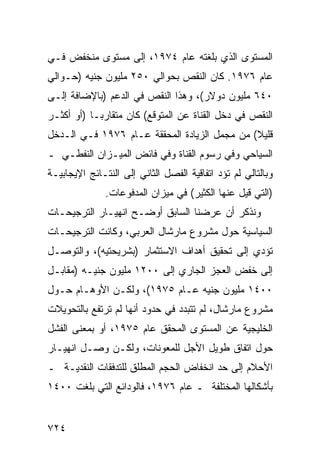 ‫ﺍﻟﻤﺴﺘﻭﻯ ﺍﻟﺫﻱ ﺒﻠﻐﺘﻪ ﻋﺎﻡ ٤٧٩١، ﺇﻟﻰ ﻤﺴﺘﻭﻯ ﻤﻨﺨﻔﺽ ﻓـﻲ‬
‫ﻋﺎﻡ ٦٧٩١. ﻜﺎﻥ ﺍﻟﻨﻘﺹ ﺒﺤﻭﺍﻟﻲ ٠٥٢ ﻤﻠﻴﻭﻥ ﺠﻨﻴﻪ )ﺤـﻭﺍﻟﻲ‬
‫٠٤٦ ﻤﻠﻴﻭﻥ ﺩﻭﻻﺭ(، ﻭﻫﺫﺍ ﺍﻟﻨﻘﺹ ﻓﻲ ﺍﻟﺩﻋﻡ )ﺒﺎﻹﻀﺎﻓﺔ ﺇﻟـﻰ‬
‫ﺍﻟﻨﻘﺹ ﻓﻲ ﺩﺨل ﺍﻟﻘﻨﺎﺓ ﻋﻥ ﺍﻟﻤﺘﻭﻗﻊ( ﻜﺎﻥ ﻤﺘﻘﺎﺭ ‪‬ـﺎ )ﺃﻭ ﺃﻜﺜـﺭ‬
            ‫ﺒ‬
‫ﻗﻠﻴﻼ( ﻤﻥ ﻤﺠﻤل ﺍﻟﺯﻴﺎﺩﺓ ﺍﻟﻤﺤﻘﻘﺔ ﻋـﺎﻡ ٦٧٩١ ﻓـﻲ ﺍﻟـﺩﺨل‬
                                              ‫ﹰ‬
‫ﺍﻟﺴﻴﺎﺤﻲ ﻭﻓﻲ ﺭﺴﻭﻡ ﺍﻟﻘﻨﺎﺓ ﻭﻓﻲ ﻓﺎﺌﺽ ﺍﻟﻤﻴـﺯﺍﻥ ﺍﻟﻨﻔﻁـﻲ ـ‬
‫ﻭﺒﺎﻟﺘﺎﻟﻲ ﻟﻡ ﺘﺅﺩ ﺍﺘﻔﺎﻗﻴﺔ ﺍﻟﻔﺼل ﺍﻟﺜﺎﻨﻲ ﺇﻟﻰ ﺍﻟﻨﺘـﺎﺌﺞ ﺍﻹﻴﺠﺎﺒﻴـﺔ‬
               ‫)ﺍﻟﺘﻲ ﻗﻴل ﻋﻨﻬﺎ ﺍﻟﻜﺜﻴﺭ( ﻓﻲ ﻤﻴﺯﺍﻥ ﺍﻟﻤﺩﻓﻭﻋﺎﺕ.‬
‫ﻭﻨﺫﻜﺭ ﺃﻥ ﻋﺭﻀﻨﺎ ﺍﻟﺴﺎﺒﻕ ﺃﻭﻀـﺢ ﺍﻨﻬﻴـﺎﺭ ﺍﻟﺘﺭﺠﻴﺤـﺎﺕ‬
‫ﺍﻟﺴﻴﺎﺴﻴﺔ ﺤﻭل ﻤﺸﺭﻭﻉ ﻤﺎﺭﺸﺎل ﺍﻟﻌﺭﺒﻲ، ﻭﻜﺎﻨﺕ ﺍﻟﺘﺭﺠﻴﺤـﺎﺕ‬
‫ﺘﺅﺩﻱ ﺇﻟﻰ ﺘﺤﻘﻴﻕ ﺃﻫﺩﺍﻑ ﺍﻻﺴﺘﺜﻤﺎﺭ )ﺒﺸﺭﻴﺤﺘﻴﻪ(، ﻭﺍﻟﺘﻭﺼـل‬
‫ﺇﻟﻰ ﺨﻔﺽ ﺍﻟﻌﺠﺯ ﺍﻟﺠﺎﺭﻱ ﺇﻟﻰ ٠٠٢١ ﻤﻠﻴﻭﻥ ﺠﻨﻴـﻪ )ﻤﻘﺎﺒـل‬
‫٠٠٤١ ﻤﻠﻴﻭﻥ ﺠﻨﻴﻪ ﻋـﺎﻡ ٥٧٩١(، ﻭﻟﻜـﻥ ﺍﻷﻭﻫـﺎﻡ ﺤـﻭل‬
‫ﻤﺸﺭﻭﻉ ﻤﺎﺭﺸﺎل، ﻟﻡ ﺘﺘﺒﺩﺩ ﻓﻲ ﺤﺩﻭﺩ ﺃﻨﻬﺎ ﻟﻡ ﺘﺭﺘﻔﻊ ﺒﺎﻟﺘﺤﻭﻴﻼﺕ‬
                                ‫‪‬‬
‫ﺍﻟﺨﻠﻴﺠﻴﺔ ﻋﻥ ﺍﻟﻤﺴﺘﻭﻯ ﺍﻟﻤﺤﻘﻕ ﻋﺎﻡ ٥٧٩١، ﺃﻭ ﺒﻤﻌﻨﻰ ﺍﻟﻔﺸل‬
‫ﺤﻭل ﺍﺘﻔﺎﻕ ﻁﻭﻴل ﺍﻷﺠل ﻟﻠﻤﻌﻭﻨﺎﺕ، ﻭﻟﻜـﻥ ﻭﺼـل ﺍﻨﻬﻴـﺎﺭ‬
‫ﺍﻷﺤﻼﻡ ﺇﻟﻰ ﺤﺩ ﺍﻨﺨﻔﺎﺽ ﺍﻟﺤﺠﻡ ﺍﻟﻤﻁﻠﻕ ﻟﻠﺘﺩﻓﻘﺎﺕ ﺍﻟﻨﻘﺩﻴـﺔ ـ‬
‫ﺒﺄﺸﻜﺎﻟﻬﺎ ﺍﻟ ‪‬ﺨﺘﻠﻔﺔ ـ ﻋﺎﻡ ٦٧٩١، ﻓﺎﻟﻭﺩﺍﺌﻊ ﺍﻟﺘﻲ ﺒﻠﻐﺕ ٠٠٤١‬
                                         ‫ﻤ‬


‫٤٢٧‬
 