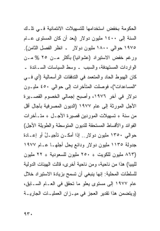 ‫ﺍﻟﺤﻜﻭﻤﺔ ﺒﺨﻔﺽ ﺍﺴﺘﺨﺩﺍﻤﻬﺎ ﻟﻠﺘﺴﻬﻴﻼﺕ ﺍﻻﺌﺘﻤﺎﻨﻴﺔ ﻓـﻲ ﺘﻠـﻙ‬
‫ﺍﻟﺴﻨﺔ ﺇﻟﻰ ٠٠٤١ ﻤﻠﻴﻭﻥ ﺩﻭﻻﺭ )ﺒﻌﺩ ﺃﻥ ﻜﺎﻥ ﺍﻟﻤﺴﺘﻭﻯ ﻋـﺎﻡ‬
‫٥٧٩١ ﺤﻭﺍﻟﻲ ٠٠٨١ ﻤﻠﻴﻭﻥ ﺩﻭﻻﺭ ـ ﺍﻨﻅﺭ ﺍﻟﻔﺼل ﺍﻟﺜﺎﻤﻥ(.‬
‫ﻭﺭﻏﻡ ﺨﻔﺽ ﺍﻻﺴﺘﻴﺭﺍﺩ )ﻋﺸﻭﺍﺌ ‪‬ﺎ( ﺒﺄﻜﺜﺭ ﻤـﻥ ٥٢ % ﻤـﻥ‬
                     ‫ﻴ‬
‫ﺍﻟﻭﺍﺭﺩﺍﺕ ﺍﻟﻤﺴﺘﻬ ‪‬ﻓﺔ، ﻭﺍﻟﺴﺒﺏ ـ ﻭﺴﻁ ﺍﻟﺴﻴﺎﺴﺎﺕ ﺍﻟﺴـﺎﺌﺩﺓ ـ‬
                                    ‫ﺩ‬
‫ﻜﺎﻥ ﺍﻟﻬﺒﻭﻁ ﺍﻟﺤﺎﺩ ﻭﺍﻟﻤﺘﻌﻤﺩ ﻓﻲ ﺍﻟﺘﺩﻓﻘﺎﺕ ﺍﻟﺭﺃﺴﻤﺎﻟﻴﺔ )ﺃﻱ ﻓـﻲ‬
‫"ﺍﻟﻤﺴﺎﻋﺩﺍﺕ"(، ﻓﻭﺼﻠﺕ ﺍﻟﻤﺘﺄﺨﺭﺍﺕ ﺇﻟﻰ ﺤﻭﺍﻟﻲ ٠٥٤ ﻤﻠﻴـﻭﻥ‬
‫ﺩﻭﻻﺭ ﻓﻲ ﺁﺨﺭ ٦٧٩١، ﻭﺃﺼﺒﺢ ﺇﺠﻤﺎﻟﻲ ﺍﻟﺨﺼﻭﻡ ﺍﻟﻘﺼـﻴﺭﺓ‬
‫ﺍﻷﺠل ﺍﻟﻤﻭﺭﺜﺔ ﺇﻟﻰ ﻋﺎﻡ ٧٧٩١ )ﺍﻟﺩﻴﻭﻥ ﺍﻟﻤﺼﺭﻓﻴﺔ ﺒﺂﺠﺎل ﺃﻗل‬
‫ﻤﻥ ﺴﻨﺔ + ﺘﺴﻬﻴﻼﺕ ﺍﻟﻤﻭﺭﺩﻴﻥ ﻗﺼﻴﺭﺓ ﺍﻷﺠـل + ﻤﺘـﺄﺨﺭﺍﺕ‬
‫ﺍﻟﻔﻭﺍﺌﺩ ﻭﺍﻷﻗﺴﺎﻁ ﺍﻟﻤﺴﺘﺤﻘﺔ ﻟﻠﺩﻴﻭﻥ ﺍﻟﻤﺘﻭﺴﻁﺔ ﻭﺍﻟﻁﻭﻴﻠﺔ ﺍﻷﺠل(‬
‫ﺤﻭﺍﻟﻲ ٠٥٣١ ﻤﻠﻴﻭﻥ ﺩﻭﻻﺭ.. ﺇﺫﺍ ﺃﻤﻜـﻥ ﺘﺄﺠﻴـل ﺃﻭ ﺇﻋـﺎﺩﺓ‬
          ‫ُ‬
‫ﺠﺩﻭﻟﺔ ٥٣١١ ﻤﻠﻴﻭﻥ ﺩﻭﻻﺭ ﻭﺩﺍﺌﻊ ﻴﺤل ﺃﺠﻠﻬـﺎ ﻋـﺎﻡ ٧٧٩١‬
‫)٣٦٨ ﻤﻠﻴﻭﻥ ﻟﻠﻜﻭﻴﺕ + ٠٥٢ ﻤﻠﻴﻭﻥ ﻟﻠﺴﻌﻭﺩﻴﺔ + ٢٢ ﻤﻠﻴﻭﻥ‬
‫ﻟﻠﻴﺒﻴﺎ( ﻫﺫﺍ ﻤﻥ ﻨﺎﺤﻴﺔ، ﻭﻤﻥ ﻨﺎﺤﻴﺔ ﺃﺨﺭﻯ، ﻗﺎﻟﺕ ﺍﻟﻬﻴﺌﺎﺕ ﺍﻟﺩﻭﻟﻴﺔ‬
‫ﻟﻠﺴﻠﻁﺎﺕ ﺍﻟﻤﺤﻠﻴﺔ: ﺇﻨﻬﺎ ﻴﻨﺒﻐﻲ ﺃﻥ ﺘﺴﻤﺢ ﺒﺯﻴﺎﺩﺓ ﺍﻻﺴﺘﻴﺭﺍﺩ ﺨﻼل‬
‫ﻋﺎﻡ ٧٧٩١ ﺇﻟﻰ ﻤﺴﺘﻭﻯ ﻴﻌﻠﻭ ﻤﺎ ﺘﺤﻘﻕ ﻓﻲ ﺍﻟﻌـﺎﻡ ﺍﻟﺴـﺎﺒﻕ،‬
‫)ﻭﻴﺘﻀﻤﻥ ﻫﺫﺍ ﺘﻘﺩﻴﺭ ﺍﻟﻌﺠﺯ ﻓﻲ ﻤﻴـﺯﺍﻥ ﺍﻟﻌﻤﻠﻴـﺎﺕ ﺍﻟﺠﺎﺭﻴـﺔ‬


‫٠٣٩‬
 