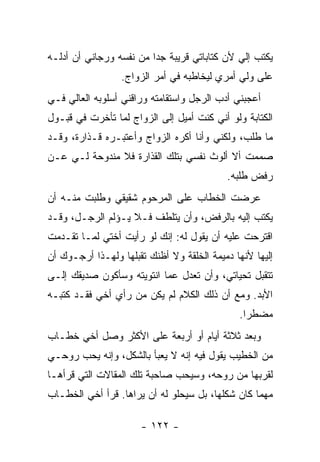 ‫ﻴﻜﺘﺏ ﺇﻟﻲ ﻷﻥ ﻜﺘﺎﺒﺎﺘﻲ ﻗﺭﻴﺒﺔ ﺠ ‪‬ﺍ ﻤﻥ ﻨﻔﺴﻪ ﻭﺭﺠﺎﻨﻲ ﺃﻥ ﺃﺩﻟـﻪ‬
                         ‫ﺩ‬                    ‫‪‬‬
                  ‫ﻋﻠﻰ ﻭﻟﻲ ﺃﻤﺭﻱ ﻟﻴﺨﺎﻁﺒﻪ ﻓﻲ ﺃﻤﺭ ﺍﻟﺯﻭﺍﺝ.‬
‫ﺃﻋﺠﺒﻨﻲ ﺃﺩﺏ ﺍﻟﺭﺠل ﻭﺍﺴﺘﻘﺎﻤﺘﻪ ﻭﺭﺍﻗﻨﻲ ﺃﺴﻠﻭﺒﻪ ﺍﻟﻌﺎﻟﻲ ﻓـﻲ‬
‫ﺍﻟﻜﺘﺎﺒﺔ ﻭﻟﻭ ﺃﻨﻲ ﻜﻨﺕ ﺃﻤﻴل ﺇﻟﻰ ﺍﻟﺯﻭﺍﺝ ﻟﻤﺎ ﺘﺄﺨﺭﺕ ﻓﻲ ﻗﺒـﻭل‬
‫ﻤﺎ ﻁﻠﺏ، ﻭﻟﻜﻨﻲ ﻭﺃﻨﺎ ﺃﻜﺭﻩ ﺍﻟﺯﻭﺍﺝ ﻭﺃﻋﺘﺒـﺭﻩ ﻗـﺫﺍﺭﺓ، ﻭﻗـﺩ‬
‫ﺼﻤﻤﺕ ﺃﻻ ﺃﻟﻭﺙ ﻨﻔﺴﻲ ﺒﺘﻠﻙ ﺍﻟﻘﺫﺍﺭﺓ ﻓﻼ ﻤﻨﺩﻭﺤﺔ ﻟـﻲ ﻋـﻥ‬
                                           ‫ﺭﻓﺽ ﻁﻠﺒﻪ.‬
‫ﻋﺭﻀﺕ ﺍﻟﺨﻁﺎﺏ ﻋﻠﻰ ﺍﻟﻤﺭﺤﻭﻡ ﺸﻘﻴﻘﻲ ﻭﻁﻠﺒﺕ ﻤﻨـﻪ ﺃﻥ‬
‫ﻴﻜﺘﺏ ﺇﻟﻴﻪ ﺒﺎﻟﺭﻓﺽ، ﻭﺃﻥ ﻴﺘﻠﻁﻑ ﻓـﻼ ﻴـﺅﻟﻡ ﺍﻟﺭﺠـل، ﻭﻗـﺩ‬
‫ﺍﻗﺘﺭﺤﺕ ﻋﻠﻴﻪ ﺃﻥ ﻴﻘﻭل ﻟﻪ: ﺇﻨﻙ ﻟﻭ ﺭﺃﻴﺕ ﺃﺨﺘﻲ ﻟﻤـﺎ ﺘﻘـﺩﻤﺕ‬
‫ﺇﻟﻴﻬﺎ ﻷﻨﻬﺎ ﺩﻤﻴﻤﺔ ﺍﻟﺨﻠﻘﺔ ﻭﻻ ﺃﻅﻨﻙ ﺘﻘﺒﻠﻬﺎ ﻭﻟﻬـﺫﺍ ﺃﺭﺠـﻭﻙ ﺃﻥ‬
‫ﺘﺘﻘﺒل ﺘﺤﻴﺎﺘﻲ، ﻭﺃﻥ ﺘﻌﺩل ﻋﻤﺎ ﺍﻨﺘﻭﻴﺘﻪ ﻭﺴﺄﻜﻭﻥ ﺼﺩﻴﻘﻙ ﺇﻟـﻰ‬
‫ﺍﻷﺒﺩ. ﻭﻤﻊ ﺃﻥ ﺫﻟﻙ ﺍﻟﻜﻼﻡ ﻟﻡ ﻴﻜﻥ ﻤﻥ ﺭﺃﻱ ﺃﺨﻲ ﻓﻘـﺩ ﻜﺘﺒـﻪ‬
                                              ‫ﻤﻀﻁ ‪‬ﺍ.‬
                                                ‫ﺭ‬
‫ﻭﺒﻌﺩ ﺜﻼﺜﺔ ﺃﻴﺎﻡ ﺃﻭ ﺃﺭﺒﻌﺔ ﻋﻠﻰ ﺍﻷﻜﺜﺭ ﻭﺼل ﺃﺨﻲ ﺨﻁـﺎﺏ‬
‫ﻤﻥ ﺍﻟﺨﻁﻴﺏ ﻴﻘﻭل ﻓﻴﻪ ﺇﻨﻪ ﻻ ﻴﻌﺒﺄ ﺒﺎﻟﺸﻜل، ﻭﺇﻨﻪ ﻴﺤﺏ ﺭﻭﺤـﻲ‬
‫ﻟﻘﺭﺒﻬﺎ ﻤﻥ ﺭﻭﺤﻪ، ﻭﺴﻴﺤﺏ ﺼﺎﺤﺒﺔ ﺘﻠﻙ ﺍﻟﻤﻘﺎﻻﺕ ﺍﻟﺘﻲ ﻗﺭﺃﻫـﺎ‬
‫ﻤﻬﻤﺎ ﻜﺎﻥ ﺸﻜﻠﻬﺎ، ﺒل ﺴﻴﺤﻠﻭ ﻟﻪ ﺃﻥ ﻴﺭﺍﻫﺎ. ﻗﺭﺃ ﺃﺨﻲ ﺍﻟﺨﻁـﺎﺏ‬

                      ‫- ٢٢١ -‬
 