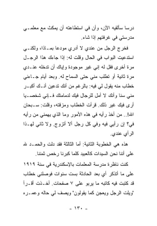 ‫ﺩﺭ ‪‬ﺎ ﺴﺄﻟﻘﻴﻪ ﺍﻵﻥ، ﻭﺃﻥ ﻓﻲ ﺍﺴﺘﻁﺎﻋﺘﻪ ﺃﻥ ﻴﻤﻜﺙ ﻤﻊ ﻤﻌﻠﻤـﻲ‬
                                               ‫ﺴ‬
                             ‫ﻤﺩﺭﺴﺘﻲ ﻓﻲ ﻏﺭﻓﺘﻬﻡ ﺇﺫﺍ ﺸﺎﺀ.‬
‫ﻓﺨﺭﺝ ﺍﻟﺭﺠل ﻤﻥ ﻋﻨﺩﻱ ﻻ ﺃﺩﺭﻱ ﻤﻭﺩ ‪‬ﺎ ﺒﻤـﺎﺫﺍ، ﻭﻟﻜﻨـﻲ‬
                ‫ﻋ‬
‫ﺍﺴﺘﺩﻋﻴﺕ ﺍﻟﺒﻭﺍﺏ ﻓﻲ ﺍﻟﺤﺎل ﻭﻗﻠﺕ ﻟﻪ: ﺇﺫﺍ ﺠﺎﺀﻙ ﻫﺫﺍ ﺍﻟﺭﺠـل‬
‫ﻤﺭﺓ ﺃﺨﺭﻯ ﻓﻘل ﻟﻪ ﺇﻨﻲ ﻏﻴﺭ ﻤﻭﺠﻭﺩﺓ ﻭﺇﻴﺎﻙ ﺃﻥ ﺘﺩﺨﻠﻪ ﻋﻨـﺩﻱ‬
‫ﻤﺭﺓ ﺜﺎﻨﻴﺔ ﺃﻭ ﺘﻁﻠﺏ ﻤﻨﻲ ﺤﺘﻰ ﺍﻟﺴﻤﺎﺡ ﻟﻪ. ﻭﺒﻌﺩ ﺃﻴﺎﻡ ﺠـﺎﺀﻨﻲ‬
‫ﺨﻁﺎﺏ ﻤﻨﻪ ﻴﻘﻭل ﻟﻲ ﻓﻴﻪ: ﺒﺎﻟﺭﻏﻡ ﻤﻥ ﺃﻨﻙ ﺘﺩﻋﻴﻥ ﺃﻨـﻙ ﺃﻜﺒـﺭ‬
‫ﻤﻨﻲ ﺴ ﹰﺎ ﻭﺃﻨﻙ ﻻ ﺃﻤل ﻟﻠﺭﺠﺎل ﻓﻴﻙ ﻟﺩﻤﺎﻤﺘﻙ ﻓـﺈﻨﻲ ﺸﺨﺼـ ‪‬ﺎ‬
 ‫ﻴ‬                                           ‫ﻨ‬
‫ﺃﺭﻯ ﻓﻴﻙ ﻏﻴﺭ ﺫﻟﻙ. ﻗﺭﺃﺕ ﺍﻟﺨﻁﺎﺏ ﻭﻤﺯﻗﺘﻪ، ﻭﻗﻠﺕ: ﺴـﺒﺤﺎﻥ‬
‫ﺍﷲ!.. ﻤﻥ ﺃﺨﺫ ﺭﺃﻴﻪ ﻓﻲ ﻫﺫﻩ ﺍﻷﻤﻭﺭ ﻭﻤﺎ ﺍﻟﺫﻱ ﻴﻬﻤﻨﻲ ﻤﻥ ﺭﺃﻴﻪ‬
‫ﻓ ‪‬؟ ﺇﻥ ﺭﺃﻴﻲ ﻓﻴﻪ ﻭﻓﻲ ﻜل ﺭﺠل ﺃﻻ ﺃﺘﺯﻭﺝ. ﻭﻻ ﺜﺎﻨﻲ ﻟﻬـﺫﺍ‬
                                                ‫ﻲ‬
                                           ‫ﺍﻟﺭﺃﻱ ﻋﻨﺩﻱ.‬
‫ﻫﺫﻩ ﻫﻲ ﺍﻟﺨﻁﻭﺒﺔ ﺍﻟﺜﺎﻨﻴﺔ: ﺃﻤﺎ ﺍﻟﺜﺎﻟﺜﺔ ﻓﻘﺩ ﺩﻟﺕ ﻭﺍﻟﺤﻤـﺩ ﷲ‬
      ‫ﻋﻠﻰ ﺃﻨﻨﺎ ﻨﺤﻥ ﺍﻟﺴﻴﺩﺍﺕ ﻜﺎﻟﻌﺒﻴﺩ ﻜﻠﻤﺎ ﻜﺒﺭﻨﺎ ﺭﺨﺹ ﺜﻤﻨﻨﺎ.‬
‫ﻜﻨﺕ ﻨﺎﻅﺭﺓ ﻤﺩﺭﺴﺔ ﺍﻟﻤﻌﻠﻤﺎﺕ ﺒﺎﻹﺴﻜﻨﺩﺭﻴﺔ ﻓﻲ ﺴﻨﺔ ٩١٩١‬
‫ﻋﻠﻰ ﻤﺎ ﺃﺘﺫﻜﺭ ﺃﻱ ﺒﻌﺩ ﺍﻟﺤﺎﺩﺜﺔ ﺒﺴﺕ ﺴﻨﻭﺍﺕ ﻓﻭﺼﻠﻨﻲ ﺨﻁﺎﺏ‬
‫ﻗﺩ ﻜﺘﺒﺕ ﻓﻴﻪ ﻜﺎﺘﺒﻪ ﻤﺎ ﻴﺭﺒﻭ ﻋﻠﻰ ٧ ﺼﻔﺤﺎﺕ. ﺃﺨـﺫﺕ ﺃﻗـﺭﺃ‬
‫"ﻭﻴﻠﺕ ﺍﻟﺭﺠل ﻭﻴﻌﺠﻥ ﻜﻤﺎ ﻴﻘﻭﻟﻭﻥ" ﻭﻴﺼﻑ ﻟﻲ ﺤﺎﻟﻪ ﻭﻋﻤـﺭﻩ‬

                       ‫- ٠٣١ -‬
 