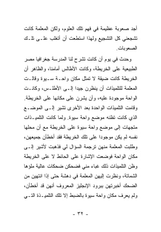 ‫ﺃﺠﺩ ﺼﻌﻭﺒﺔ ﻋﻅﻴﻤﺔ ﻓﻲ ﻓﻬﻡ ﺘﻠﻙ ﺍﻟﻌﻠﻭﻡ، ﻭﻟﻜﻥ ﺍﻟﻤﻌﻠﻤﺔ ﻜﺎﻨﺕ‬
‫ﺘﺸﺠﻌﻨﻲ ﻜل ﺍﻟﺘﺸﺠﻴﻊ ﻭﻟﻬﺫﺍ ﺍﺴﺘﻁﻌﺕ ﺃﻥ ﺃﺘﻐﻠﺏ ﻋﻠـﻰ ﺘﻠـﻙ‬
                                           ‫ﺍﻟﺼﻌﻭﺒﺎﺕ.‬
‫ﻭﺤﺩﺙ ﻓﻲ ﻴﻭﻡ ﺃﻥ ﻜﺎﻨﺕ ﺘﺸﺭﺡ ﻟﻨﺎ ﺍﻟﻤﺩﺭﺴﺔ ﺠﻐﺭﺍﻓﻴﺎ ﻤﺼﺭ‬
‫ﺍﻟﻁﺒﻴﻌﻴﺔ ﻋﻠﻰ ﺍﻟﺨﺭﻴﻁﺔ، ﻭﻜﺎﻨﺕ ﺍﻷﻁﺎﻟﺱ ﺃﻤﺎﻤﻨﺎ، ﻭﺍﻟﻅﺎﻫﺭ ﺃﻥ‬
‫ﺍﻟﺨﺭﻴﻁﺔ ﻜﺎﻨﺕ ﻀﻴﻘﺔ ﻻ ﺘﻤﺜل ﻤﻜﺎﻥ ﻭﺍﺤـﺔ ﺴـﻴﻭﺓ ﻭﻗﺎﻟـﺕ‬
‫ﺍﻟﻤﻌﻠﻤﺔ ﻟﻠﺘﻠﻤﻴﺫﺍﺕ ﺃﻥ ﻴﻨﻅﺭﻥ ﺠﻴ ‪‬ﺍ ﺇﻟـﻰ ﺍﻷﻁﻠـﺱ، ﻭﻜﺎﻨـﺕ‬
                     ‫ﺩ‬
‫ﺍﻟﻭﺍﺤﺔ ﻤﻭﺠﻭﺩﺓ ﻋﻠﻴﻪ، ﻭﺃﻥ ﻴﺸﺭﻥ ﻋﻠﻰ ﻤﻜﺎﻨﻬﺎ ﻋﻠﻰ ﺍﻟﺨﺭﻴﻁﺔ.‬
‫ﻭﻗﺎﻤﺕ ﺍﻟﺘﻠﻤﻴﺫﺍﺕ ﺍﻟﻭﺍﺤﺩﺓ ﺒﻌﺩ ﺍﻷﺨﺭﻯ ﺘﺸﻴﺭ ﺇﻟـﻰ ﺍﻟﻤﻭﻀـﻊ‬
‫ﺍﻟﺫﻱ ﻜﺎﻨﺕ ﺘﻅﻨﻪ ﻤﻭﻀﻊ ﻭﺍﺤﺔ ﺴﻴﻭﺓ. ﻭﻟﻤﺎ ﻜﺎﻨﺕ ﺍﻟﺘﻠﻤﻴـﺫﺍﺕ‬
‫ﻤﺘﺠﻬﺎﺕ ﺇﻟﻰ ﻤﻭﻀﻊ ﻭﺍﺤﺔ ﺴﻴﻭﺓ ﻋﻠﻰ ﺍﻟﺨﺭﻴﻁﺔ ﻤﻊ ﺃﻥ ﻤﺤﻠﻬﺎ‬
‫ﻨﻔﺴﻪ ﻟﻡ ﻴﻜﻥ ﻤﻭﺠﻭ ‪‬ﺍ ﻋﻠﻰ ﺘﻠﻙ ﺍﻟﺨﺭﻴﻁﺔ ﻓﻘﺩ ﺃﺨﻁﺄﻥ ﺠﻤﻴﻌﻬﻥ،‬
                                   ‫ﺩ‬
‫ﻭﻁﻠﺒﺕ ﺍﻟﻤﻌﻠﻤﺔ ﻤﻨﻬﻥ ﺘﺭﺠﻤﺔ ﺍﻟﺴﺅﺍل ﻟﻲ ﻓﺫﻫﺒﺕ ﻷﺸﻴﺭ ﺇﻟـﻰ‬
                ‫‪‬‬
‫ﻤﻜﺎﻥ ﺍﻟﻭﺍﺤﺔ ﻓﻭﻀﻌﺕ ﺍﻹﺸﺎﺭﺓ ﻋﻠﻰ ﺍﻟﺤﺎﺌﻁ ﻻ ﻋﻠﻰ ﺍﻟﺨﺭﻴﻁﺔ‬
‫ﻭﻅﻥ ﺍﻟﺘﻠﻤﻴﺫﺍﺕ ﺫﻟﻙ ﻏﺒﺎﺀ ﻤﻨﻲ ﻓﻀﺤﻜﻥ ﻀﺤﻜﺎﺕ ﻋﺎﻟﻴﺔ ﻤﻠﺅﻫﺎ‬
‫ﺍﻟﺸﻤﺎﺘﺔ، ﻭﻨﻅﺭﺕ ﺇﻟﻴﻬﻥ ﺍﻟﻤﻌﻠﻤﺔ ﻓﻲ ﺩﻫﺸﺔ ﺤﺘﻰ ﺇﺫﺍ ﺍﻨﺘﻬﻴﻥ ﻤﻥ‬
‫ﺍﻟﻀﺤﻙ ﺃﺨﺒﺭﺘﻬﻥ ﺒﺒﺭﻭﺩ ﺍﻹﻨﺠﻠﻴﺯ ﺍﻟﻤﻌﺭﻭﻑ ﺃﻨﻬﻥ ﻗﺩ ﺃﺨﻁﺄﻥ،‬
‫ﻭﻟﻡ ﻴﻌﺭﻑ ﻤﻜﺎﻥ ﻭﺍﺤﺔ ﺴﻴﻭﺓ ﺒﺎﻟﻀﺒﻁ ﺇﻻ ﺘﻠﻙ ﺍﻟﺘﻠﻤﻴـﺫﺓ ﺍﻟﺘـﻲ‬


                       ‫- ٢٣ -‬
 