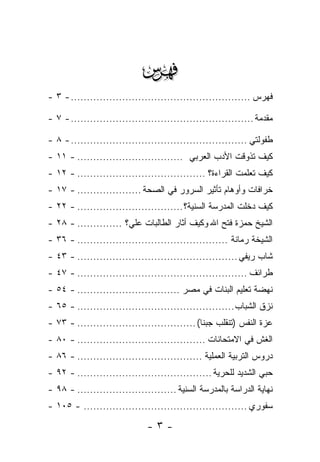 ‫‪‬‬
‫ﻓﻬﺭﺱ ........................................................ - ٣ -‬

‫ﻤﻘﺩﻤﺔ ......................................................... - ٧ -‬

‫ﻁﻔﻭﻟﺘﻲ ....................................................... - ٨ -‬
‫ﻜﻴﻑ ﺘﺫﻭﻗﺕ ﺍﻷﺩﺏ ﺍﻟﻌﺭﺒﻲ ................................. - ١١ -‬
‫ﻜﻴﻑ ﺘﻌﻠﻤﺕ ﺍﻟﻘﺭﺍﺀﺓ؟ ........................................ - ٢١ -‬
‫ﺨﺭﺍﻓﺎﺕ ﻭﺃﻭﻫﺎﻡ ﺘﺄﺜﻴﺭ ﺍﻟﺴﺭﻭﺭ ﻓﻲ ﺍﻟﺼﺤﺔ .................... - ٧١ -‬
‫ﻜﻴﻑ ﺩﺨﻠﺕ ﺍﻟﻤﺩﺭﺴﺔ ﺍﻟ ‪‬ﻨ ‪‬ﺔ؟ ................................. - ٢٢ -‬
                                           ‫ﺴﻴ‬
‫ﺍﻟﺸﻴﺦ ﺤﻤﺯﺓ ﻓﺘﺢ ﺍﷲ ﻭﻜﻴﻑ ﺃﺜﺎﺭ ﺍﻟﻁﺎﻟﺒﺎﺕ ﻋﻠ ‪‬؟ .............. - ٨٢ -‬
                       ‫ﻲ‬
‫ﺍﻟﺸﻴﺨﺔ ﺭﻤﺎﻨﺔ ............................................... - ٦٣ -‬
‫ﺸﺎﺏ ﺭﻴﻔﻲ .................................................. - ٣٤ -‬
‫ﻁﺭﺍﺌﻑ ..................................................... - ٧٤ -‬
‫ﻨﻬﻀﺔ ﺘﻌﻠﻴﻡ ﺍﻟﺒﻨﺎﺕ ﻓﻲ ﻤﺼﺭ ................................ - ٤٥ -‬
‫ﻨﺯﻕ ﺍﻟﺸﺒﺎﺏ ................................................. - ٥٦ -‬
‫ﻋﺯﺓ ﺍﻟﻨﻔﺱ )ﺘﻨﻘﻠﺏ ﺠﺒ ﹰﺎ( ..................................... - ٣٧ -‬
                                               ‫ﻨ‬
‫ﺍﻟﻐﺵ ﻓﻲ ﺍﻻﻤﺘﺤﺎﻨﺎﺕ ........................................ - ٠٨ -‬
‫ﺩﺭﻭﺱ ﺍﻟﺘﺭﺒﻴﺔ ﺍﻟﻌﻤﻠﻴﺔ ....................................... - ٦٨ -‬
‫ﺤﺒﻲ ﺍﻟﺸﺩﻴﺩ ﻟﻠﺤﺭﻴﺔ .......................................... - ٢٩ -‬
‫ﻨﻬﺎﻴﺔ ﺍﻟﺩﺭﺍﺴﺔ ﺒﺎﻟﻤﺩﺭﺴﺔ ﺍﻟﺴﻨﻴﺔ ............................... - ٨٩ -‬
‫ﺴﻔﻭﺭﻱ ................................................... - ٥٠١ -‬

                              ‫-٣-‬
 